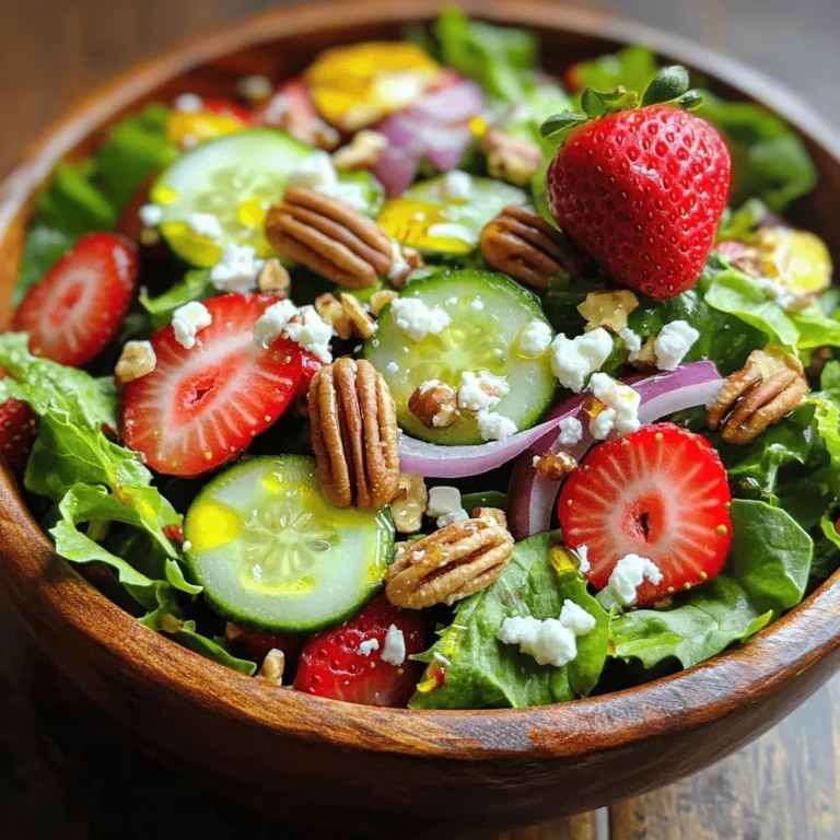 - 4 cups mixed greens - 2 cups fresh strawberries - 1 cup cucumber - 1/2 cup red onion - 1/2 cup pecans - 1/2 cup feta cheese - 1/4 cup extra virgin olive oil - 2 tablespoons apple cider vinegar - 1 tablespoon honey - Salt and freshly cracked pepper When choosing fresh produce, always look for vibrant colors. The mixed greens should feel crisp and fresh. Strawberries need to be ripe and juicy. A cucumber should be firm and free of blemishes. The red onion can add a nice sweet touch. For the crunchy elements, pecans offer a great nutty flavor. Make sure to toast them slightly for more depth. Feta cheese adds a creamy texture and a salty kick that balances the salad well. For the dressing, the olive oil provides a rich base. Apple cider vinegar adds a delightful tang. Honey sweetens the mix, and salt and pepper enhance all the flavors. You can find the full recipe to make this salad shine. First, grab a small bowl. Add the olive oil, apple cider vinegar, honey, salt, and pepper. Use a whisk to blend everything well. You want a smooth dressing. Let it sit for a few minutes. This allows the flavors to meld together nicely. Next, take a large mixing bowl. Combine the mixed greens, sliced strawberries, cucumber, and red onion. Toss them gently. Be careful not to bruise the strawberries. You want them to stay fresh and pretty. Now it's time to dress the salad. Drizzle your prepared dressing over the salad mix. With a gentle touch, toss everything together. Make sure all the ingredients are coated evenly. This step is key for flavor. Once the salad is dressed, sprinkle the toasted pecans and crumbled feta cheese on top. These toppings add a wonderful crunch and creaminess. They make the salad even more delicious. For the last step, lightly toss the salad one more time. This helps mix in the toppings without breaking the cheese. You can serve it right away for the best taste. If you prefer, refrigerate it for 30 minutes. This allows the flavors to deepen. Follow the [Full Recipe] for detailed steps and tips. For a lovely look, serve your salad in a wooden bowl. This adds a nice rustic feel. If you want something fancy, use glass bowls. You can see the colors pop! Top each bowl with a whole strawberry and a sprinkle of feta. This makes each serving look special. This salad pairs great with grilled proteins like chicken or shrimp. It also works well as a light lunch. You can serve it as a side dish at dinner. The fresh flavors make it a hit at any meal. To elevate the taste, try adding fresh herbs like basil or mint. These can give your salad a fresh twist. You can also mix in spices like black pepper or even a pinch of cayenne for heat. If you want to change the dressing, consider using balsamic vinegar or a yogurt-based dressing. These options can give new life to your salad. For the full recipe, check out the details above! {{image_4}} You can switch out strawberries for other fresh berries like blueberries or raspberries. These fruits add new flavors and colors. Try adding peaches in summer or apples in fall. You can also mix in seasonal greens. Arugula in spring and kale in winter work well, too. This keeps your salad fresh and exciting. If you need a gluten-free salad, rest easy. All the ingredients in this salad are gluten-free. Just check the croutons if you add them. For those who want a vegan option, swap feta cheese with a vegan cheese alternative. You can also use tahini or avocado for creaminess. This way, everyone can enjoy your salad. To change the crunch factor, try different nuts or seeds. Almonds, walnuts, or sunflower seeds add great taste and texture. You can also use croutons for a delightful crunch. They add a different texture that makes the salad even more enjoyable. Experiment with these options to find your favorite mix! To keep your Strawberry Crunch Salad fresh, store it in an airtight container. This helps prevent moisture loss and keeps the flavors intact. I recommend refrigerating the salad for up to three days. After that, the salad may lose its crispness. Can you freeze salad? Generally, I advise against it. Freezing can make the greens soggy and unappealing. If you want to freeze components, do it separately. You can freeze the pecans and feta cheese. Just let them cool completely before sealing in a freezer bag. If your salad becomes soggy, don't worry! You can refresh it easily. Rinse the greens under cold water and pat them dry. This will help restore their crunch. Another fun idea is to repurpose leftovers. Blend them into a smoothie or toss them into a wrap for a tasty meal. You can get creative! You can keep this salad in the fridge for about 2 days. After that, it may not taste fresh. Watch for signs of spoilage. If the greens turn brown or mushy, it's time to toss it. The strawberries may also get soggy. Always check for any off smells or slimy textures. Yes, you can prep some parts ahead. Chop the veggies and slice the strawberries a few hours before serving. Store them separately in the fridge. Mix the dressing in advance too. Just wait to combine everything until you are ready to eat. This keeps the salad crisp and tasty. This salad is packed with fresh produce. Mixed greens offer vitamins A and C. Strawberries are full of antioxidants and fiber. Cucumbers add hydration and crunch. Pecans bring healthy fats, while feta gives protein. Overall, this salad is a great choice for a light, balanced meal. Absolutely! You can use maple syrup as a sweetener. Agave nectar is another good option. If you want a sugar-free choice, try using a mashed banana. It will give a different flavor but still taste great in the dressing. If you need a nut-free option, try sunflower seeds. They add a nice crunch without nuts. You could also use walnuts or almonds for a similar texture. Each will give a unique flavor twist to your salad. This blog post shared a fresh and tasty Strawberry Crunch Salad recipe. We covered ingredients, step-by-step instructions, and useful tips for serving. You can customize this salad for each season, ensuring variety. Proper storage and ways to refresh leftovers were also discussed. In conclusion, this salad is easy to make and packed with flavor. It's perfect for lunch or a side dish. Enjoy this healthy option today, and get creative with your ingredients!
