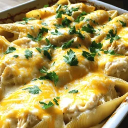 To make Chicken Alfredo Stuffed Shells, gather these key ingredients: - 12 large jumbo pasta shells - 1 cup cooked chicken, shredded - 1 cup ricotta cheese - 1 cup grated mozzarella cheese, plus extra for topping - 1/2 cup grated Parmesan cheese - 1 cup Alfredo sauce (store-bought or homemade) - 1 teaspoon garlic powder - 1 teaspoon Italian seasoning - Salt and pepper to taste These ingredients make a rich, creamy filling. The chicken adds protein, while the cheeses provide flavor and texture. The Alfredo sauce brings it all together with its smooth, buttery taste. You can enhance your dish with these tasty garnishes and toppings: - Fresh parsley, chopped - Extra grated Parmesan cheese - A sprinkle of red pepper flakes for heat - Sliced green onions for a fresh crunch These extras add color and flavor to your meal. They also make the dish look even more appealing. Having the right tools makes cooking easier. Here’s what you need: - A large pot for boiling pasta - A mixing bowl for the filling - A 9x13 inch baking dish for baking - Aluminum foil to cover while baking - A spatula for mixing and stuffing These tools help you prepare and bake your Chicken Alfredo Stuffed Shells with ease. They ensure everything comes together smoothly. For the complete recipe, check out the Full Recipe. First, preheat your oven to 375°F (190°C). This step is key for a great bake. A hot oven helps the cheese melt perfectly and makes the pasta warm throughout. Next, bring a large pot of salted water to a boil. Add the jumbo pasta shells and cook them for 8-10 minutes. You want them al dente, so they are firm but not hard. Once cooked, drain the shells and let them cool a bit. This makes them easier to handle. In a mixing bowl, combine the shredded chicken, ricotta cheese, 1 cup of mozzarella cheese, Parmesan cheese, garlic powder, Italian seasoning, and a pinch of salt and pepper. Use a fork to mix everything until smooth. This filling is the heart of your dish. Spread half of the Alfredo sauce on the bottom of a 9x13 inch baking dish. This keeps the pasta from sticking. Now, take each pasta shell and fill it with your chicken mix. Place the filled shells in the dish, open side up. Drizzle the rest of the Alfredo sauce over the shells, ensuring they are well covered. Sprinkle more mozzarella cheese on top for that cheesy goodness. Cover the dish with foil and bake it for 20 minutes. After that, take off the foil and bake for another 10 minutes. This helps the cheese turn golden and bubbly. When done, let it cool for about 5 minutes. Garnish with fresh parsley for a pop of color. You can find the full recipe above for all the details! To get the best shells, follow these steps. First, boil salted water. Use a large pot for even cooking. Cook the shells until they are al dente, which means firm but not hard. This usually takes 8 to 10 minutes. After cooking, drain the shells gently. Avoid breaking them. Rinse them with cold water to stop the cooking process. Set them aside on a clean towel to dry. Flavor is key in the filling. Start with cooked chicken, shredded finely. This helps mix well with the cheeses. Use ricotta for creaminess and mozzarella for stretch. Add Parmesan for a salty kick. Garlic powder and Italian seasoning boost taste. Don’t forget to season with salt and pepper. Mix until the filling is creamy and smooth. This makes every bite tasty and satisfying. How you serve the dish matters. Use a large platter for a beautiful display. Start with a layer of Alfredo sauce at the bottom. Arrange the stuffed shells neatly. Drizzle more sauce over the top for shine. Sprinkle extra mozzarella and Parmesan for a cheesy look. Finally, add chopped parsley for color. This makes the dish look fresh and inviting. {{image_4}} You can make Chicken Alfredo Stuffed Shells healthier by using whole wheat shells. They add fiber and nutrients. You can also use low-fat cheese and Alfredo sauce. Greek yogurt can replace some of the ricotta for a protein boost. You still get that creamy taste while cutting calories. Adding vegetables not only boosts nutrition but also adds flavor. Spinach and mushrooms work well in the filling. You can sauté them first to enhance their taste. Broccoli or zucchini can also be mixed in. Just chop them small so they fit in the shells easily. This adds color and crunch to your meal. While Alfredo sauce is classic, you can try other sauces. A marinara sauce can give a nice twist. You can also use pesto for a fresh, herbal flavor. Mixing the sauces offers a unique taste experience. Don’t hesitate to experiment and find your favorite combo. For the full recipe, check out the complete guide to Chicken Alfredo Stuffed Shells. After enjoying your Chicken Alfredo Stuffed Shells, let them cool to room temperature. Place any leftovers in an airtight container. They will stay fresh for up to three days in the fridge. Make sure to cover the shells well with plastic wrap or a lid to keep moisture in. When you're ready to eat the leftovers, preheat your oven to 350°F (175°C). Place the stuffed shells in a baking dish. You can add a splash of Alfredo sauce on top to keep them moist. Cover the dish with aluminum foil. Bake for about 20 minutes or until heated through. You can also microwave them for about 2-3 minutes. Just make sure to cover them to avoid splatters. If you want to save some for later, freezing is a great option. First, let the stuffed shells cool down completely. Then, arrange them in a single layer on a baking sheet. Freeze them for about two hours until solid. After that, transfer the frozen shells to a freezer-safe bag or container. They can last up to three months in the freezer. When you’re ready to eat, thaw them overnight in the fridge before reheating. This keeps them tasty and fresh. You can find the full recipe and enjoy this dish anytime! Yes, you can choose other pasta types. I recommend using manicotti or conchiglie. These shapes hold fillings well too. Just ensure they can hold the creamy sauce. If you want a different protein, use shredded turkey or cooked sausage. You can also use tofu for a meatless option. Beans or lentils work well, too. Absolutely! You can prepare the stuffed shells a day in advance. Just cover them tightly and store them in the fridge. Bake them when you’re ready to eat. Serve the shells hot from the oven. Garnish with fresh parsley and extra cheese. You can pair them with a salad or some garlic bread for a full meal. For the full recipe, check out the details above. This blog post covered Chicken Alfredo Stuffed Shells from start to finish. We went over the main ingredients and kitchen tools you'll need, plus cooking steps. I shared tips for perfect shells and flavor boosts, as well as fun variations. You can easily store and reheat leftovers, too. Now, you’re ready to make delicious stuffed shells that impress. Enjoy exploring your kitchen creations!