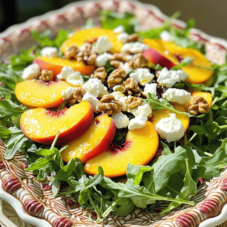 - 4 ripe peaches, thinly sliced - 4 cups arugula (or a mix of your favorite greens) - 100g feta cheese, crumbled - 2 tablespoons extra virgin olive oil - 1 tablespoon balsamic vinegar - 1 teaspoon honey - Salt and freshly ground black pepper, to taste - 1/4 cup walnuts, toasted and roughly chopped - Fresh mint leaves for garnish To create this Peach Feta Salad, you need fresh ingredients. The peaches should be ripe for the best taste. Look for peaches that yield slightly to your touch. Arugula adds a nice peppery flavor. You can also mix it with your favorite greens if you wish. The feta cheese must be crumbled, adding creaminess to the salad. For the dressing, extra virgin olive oil is key. It brings a rich flavor. Balsamic vinegar adds tanginess, while honey gives a touch of sweetness. Salt and pepper enhance all the flavors. If you like some crunch, add walnuts. Toasting them brings out their nuttiness. Fresh mint leaves are optional but give a burst of freshness. Feel free to explore the Full Recipe for complete steps and tips. - Start by slicing four ripe peaches into thin pieces. - In a large bowl, layer the peaches and four cups of arugula. - The bright colors make a great base for your salad. - Next, add 100 grams of crumbled feta cheese. - Toss in a quarter cup of toasted walnuts for crunch. - These ingredients mix creamy and crunchy flavors perfectly. - Use a small bowl to combine two tablespoons of olive oil. - Add one tablespoon of balsamic vinegar to the bowl. - Mix in one teaspoon of honey for sweetness. - Season this blend with a pinch of salt and black pepper. - Whisk everything until it’s well blended and smooth. - Drizzle the dressing over your salad mix. - Gently toss the salad with tongs or a spoon. - Make sure every piece gets a taste of the dressing. - Take a moment to taste your salad. - Adjust the seasoning by adding more salt or pepper if needed. - Serve the salad on a pretty platter or in bowls. - Garnish with fresh mint leaves for extra freshness. - Enjoy this Peach Feta Salad fresh and flavorful! For the full recipe, check out the full details above. To make your Peach Feta Salad shine, focus on seasoning. Start with salt and pepper. A pinch of salt can bring out the sweetness of the peaches. If you want more zing, add a splash of lemon juice. This enhances the flavors without overpowering them. Next, play with ingredient ratios. If you prefer a creamier salad, add more feta. If you like a crunch, increase the walnuts. These small changes can transform your salad. For a beautiful display, arrange your salad on a large platter. Layer the peaches, arugula, and feta in sections. This creates an eye-catching look. You can also scatter extra walnuts and mint leaves on top. This adds color and invites your guests to dig in. For garnishing, fresh mint leaves work wonders. They not only look great but also add freshness. A few sprigs of mint on top will make your salad pop. Serve it right away to enjoy all the flavors and textures in their best form. You can find the complete recipe in the [Full Recipe]. {{image_4}} If you want to change up the flavors, try swapping feta cheese. You can use goat cheese or ricotta. Both add creaminess and a different taste. You might also consider vegan feta if you prefer a plant-based option. For greens, arugula is fantastic, but other options work too. Spinach, kale, or mixed greens can provide a new twist. You can also add in herbs like basil or parsley for extra flavor. Nuts are great for crunch. If you don’t have walnuts, use almonds or pecans instead. You can play with seasonal fruits for your salad. In summer, swap peaches for berries or citrus fruits. Strawberries or oranges can give a bright, fresh taste. They add a nice sweet and tangy balance. In the fall, try adding roasted vegetables. Roasted sweet potatoes or beets can bring warmth and depth. They pair well with feta and make the salad heartier. These changes keep the salad exciting and fresh all year long. For the full recipe, check out the Peach Feta Bliss Salad. To keep your Peach Feta Salad fresh for a few hours, store it in the fridge. Use an airtight container to stop air from getting in. This will help the salad stay crisp and tasty. If you plan to eat it later, keep the dressing separate. This way, the greens won’t get soggy. Just toss everything together when you're ready to enjoy it. For long-term storage, it's best to keep the salad components separate. Store the peaches, feta, and greens in different containers. This keeps each ingredient fresh and flavorful. Use the peaches within three days for the best taste. Feta cheese can last about a week in the fridge. Arugula should be eaten within a few days to enjoy its crunch. Walnuts can stay fresh for weeks if stored in a cool, dry place. When ready to eat, simply combine everything again. Drizzle on the dressing and savor the delightful flavors of your Peach Feta Salad. For the complete recipe, check the [Full Recipe]. Yes, you can make this salad ahead of time. However, keep the dressing separate. This helps the salad stay fresh. Prepare the salad base with peaches, arugula, feta, and walnuts. Store it in the fridge for up to four hours. - Tips for preparing ahead: - Slice the peaches just before serving to keep them fresh. - Mix the salad ingredients without the dressing. - Store the dressing in a jar and shake it right before use. If you don't have feta cheese, you have options. You can try goat cheese for a similar creamy taste. Another choice is ricotta salata, which is mild and crumbly. For a vegan option, use tofu or a plant-based feta. - List of cheese alternatives: - Goat cheese - Ricotta salata - Tofu - Plant-based feta To prevent peaches from browning, you can use a few easy tricks. Lemon juice works well; it slows the browning process. Simply coat the peach slices with lemon juice. Alternatively, you can soak them briefly in a mix of water and lemon juice for better results. - Techniques for preserving freshness: - Coat slices with lemon juice. - Soak peach slices in water and lemon juice mixture. - Use an airtight container to store fresh slices. This blog post gave you a tasty salad recipe, full of fresh ingredients and easy steps. You learned how to layer peaches, arugula, and feta, while making a simple dressing. The tips on flavor and presentation will help you impress anyone. Remember, you can swap ingredients for your favorite tastes. Whether served fresh or stored, this salad is a winner. Enjoy trying it out and making it your own!