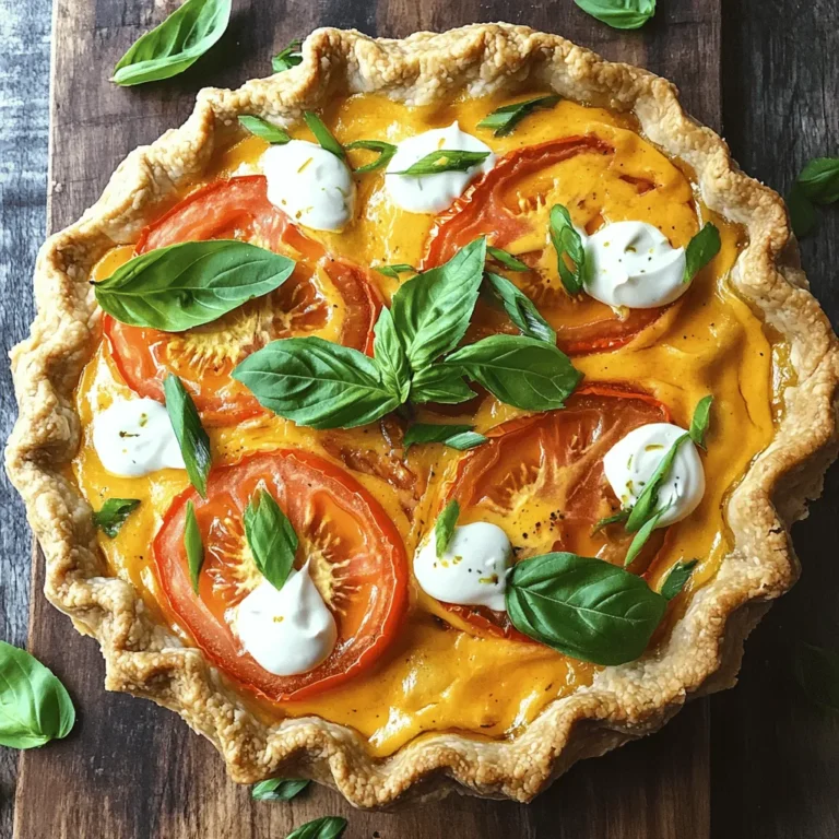 To make Southern Tomato Pie, gather these ingredients: - 1 pre-made pie crust - 4 large ripe tomatoes, sliced - 1 teaspoon salt - 1/2 teaspoon black pepper - 1 cup shredded sharp cheddar cheese - 1 cup mayonnaise - 1 tablespoon Dijon mustard - 3 green onions, finely chopped (include green tops) - 1/4 cup fresh basil, finely chopped - 1/2 teaspoon garlic powder - 1/4 teaspoon cayenne pepper (optional for added heat) You can enhance the pie’s taste with: - Crumbled bacon for a smoky kick - A splash of hot sauce for extra heat - Sliced olives for a briny touch - Fresh herbs like thyme or oregano Select the best tomatoes for your pie by: - Picking firm, ripe tomatoes with a deep color - Smelling them; they should smell sweet and earthy - Avoiding any that are bruised or have soft spots - Choosing heirloom varieties for unique flavors First, gather your tomatoes. I like to use four ripe ones. Slice each tomato evenly. Place the slices on a clean kitchen towel. Sprinkle one teaspoon of salt over the slices. Let them sit for 10-15 minutes. This helps remove extra moisture. After that, pat the slices dry with another towel. This step keeps your pie from getting soggy. Now, grab a medium bowl. Mix together one cup of mayonnaise, one tablespoon of Dijon mustard, half a teaspoon of garlic powder, and cayenne pepper if you want some heat. Whisk until smooth. In your pre-made pie crust, layer half of the tomato slices. Add half of the chopped green onions and basil on top. Spread half of the mayonnaise mixture next. Finally, sprinkle half a cup of cheddar cheese over it. Repeat this layering. Top with the remaining cheese. Preheat your oven to 375°F (190°C). Place your pie in the oven. Bake for 30-35 minutes. Look for a bubbly pie with a golden top. When it's done, take it out and let it cool for 10 minutes. This makes cutting easier and lets the flavors mix. Enjoy your Southern Tomato Pie! When making Southern Tomato Pie, avoid using unripe tomatoes. They won’t give you that sweet flavor. Don’t skip salting the tomatoes. This step pulls out moisture and keeps your pie from being soggy. Also, be careful not to overmix your mayonnaise mixture. This can make it too runny. Lastly, let your pie cool before cutting. This helps it hold its shape. To enhance the taste, use fresh herbs like basil. They add a bright note that pairs well with tomatoes. Try different cheeses, such as mozzarella or pepper jack, for a twist. If you like heat, add more cayenne pepper. A dash of hot sauce can also elevate flavors. Remember, balance is key. You want to enjoy the rich, creamy taste without one flavor overpowering another. Look for a golden brown top when your pie is ready. The cheese should be bubbly and slightly crispy. If the edges of your crust look too dark, cover them with foil. This will help prevent burning while the rest cooks. After baking, let it sit for about 10 minutes. This cooling time helps the pie set up. You’ll see the layers stay together better when you slice it. {{image_4}} You can switch up the cheese in your Southern Tomato Pie. Instead of sharp cheddar, try mozzarella for a milder flavor. Goat cheese adds a creamy texture and tanginess that pairs well with tomatoes. For a stronger taste, use Gruyère or feta cheese. Mixing cheeses can also create a more complex flavor profile. Experiment and find what you love most! Add-ins can take your pie to the next level. Consider mixing in cooked bacon or crumbled sausage for a savory kick. Spinach or kale can add extra nutrients and color. You might also try roasted red peppers or sun-dried tomatoes for added depth. Just remember to balance moisture levels so the pie doesn’t get soggy. To make a vegan version, swap cheese and mayo for plant-based alternatives. Use cashew cheese or nutritional yeast for flavor. A gluten-free crust works well for those avoiding gluten. Just check your ingredients for hidden gluten. These adaptations keep the essence of the dish while catering to different diets. Enjoy experimenting with your own twists! To keep your Southern Tomato Pie fresh, let it cool first. Cover it tightly with plastic wrap or aluminum foil. You can also use an airtight container. Store it in the fridge for up to three days. This keeps the pie moist and tasty. When you’re ready to enjoy your leftovers, preheat your oven to 350°F (175°C). Place the pie on a baking sheet to catch any drips. Heat it for about 15 to 20 minutes. This method warms the pie evenly and keeps the crust crisp. If you want to save your pie for later, freezing works well. Wrap the cooled pie tightly in plastic wrap and then in foil. It can stay in the freezer for up to three months. When you’re ready to eat, thaw it overnight in the fridge before reheating it in the oven. This way, you can enjoy a slice of Southern delight any time! Southern Tomato Pie comes from the Southern United States. It reflects local ingredients and traditions. This dish celebrates summer tomatoes and is often served in family gatherings. People love how it captures the essence of Southern cooking. Yes, you can use many types of crust for your pie. A store-bought crust works well for ease. You can also try a homemade crust for a special touch. Some people enjoy using a biscuit, cornbread, or even a gluten-free crust. Just make sure it can hold the filling. To reduce the water in your pie, use ripe tomatoes but not overripe ones. Sprinkle salt on the sliced tomatoes and let them sit for 10-15 minutes. This step helps draw out moisture. Pat them dry before adding to the pie. Also, avoid overloading the filling. Southern Tomato Pie pairs well with a fresh salad. A light green salad with a vinaigrette is a great choice. You can also serve it with grilled vegetables or a side of coleslaw. For a heartier meal, consider some fried chicken or a side of baked beans. For the complete recipe, check out the section above. Follow the steps closely for a delicious Southern Tomato Pie! You now know how to make a great Southern Tomato Pie. We covered the best ingredients and tips for using fresh tomatoes. You learned step-by-step instructions for preparation and baking. Plus, we explored flavor variations and storage tips. Take these ideas and make this pie your own. Experiment with flavors and enjoy each bite. With practice, you’ll perfect your Southern Tomato Pie recipe. Happy cooking!