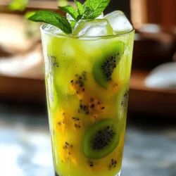 To make the best Kiwi Passionfruit Agua Fresca, you need a few simple ingredients. Here’s what you should gather: - Ripe kiwis - Passionfruits - Cold water - Agave syrup - Fresh lime juice - Fresh mint leaves - Ice cubes Each ingredient plays a key role in creating a drink that is both tasty and refreshing. Ripe kiwis give a sweet and tangy flavor. They add a vibrant green color to your drink. Passionfruits provide a unique tartness that balances well with the kiwi. Their pulp adds texture and makes the drink exciting. Cold water helps dilute the mix and keeps it light. Agave syrup adds sweetness. You can adjust it to make the drink just how you like it. Fresh lime juice brings in a zesty kick. It brightens the flavors and adds freshness. Fresh mint leaves are for garnish. They give a nice aroma and a pop of green. You can also add them to the drink for extra flavor. Ice cubes are essential for serving. They keep the drink cold and refreshing. With these ingredients, you are ready to make a delicious summer drink. For the full recipe, check the details in the section above. 1. Start with 4 ripe kiwis. Peel and chop them into small pieces. Place them in a blender. 2. Next, take 3 passionfruits. Cut them in half and scoop out the pulp. Add this to the blender with the kiwis. 3. Pour in 2 cups of cold water. Blend on high until the mixture is smooth and creamy. 4. Grab a large pitcher. Use a fine-mesh sieve to strain the blended mixture. Press with a spatula to get all the juice out. You want to leave the seeds and pulp behind. 5. Now, pour in the remaining 2 cups of cold water. Add 1/4 cup of agave syrup and the juice of 1 fresh lime. Stir well until everything mixes nicely. 1. For the best taste, refrigerate the mixture for at least 30 minutes. This helps the flavors blend perfectly. 2. When ready to serve, take tall glasses and fill them with ice cubes. Pour the chilled agua fresca over the ice. 3. For a lovely touch, garnish each glass with fresh mint leaves. You can also add a lime wheel or a slice of kiwi on the rim for color. This Kiwi Passionfruit Agua Fresca is a perfect drink for hot summer days. Enjoy it fresh! To get the right sweetness, adjust the agave syrup in your drink. Start with 1/4 cup, then taste it. If it’s not sweet enough, add more syrup, a little at a time. Each fruit has its own sweetness, so the right amount may change. If you don't have agave syrup, try honey or maple syrup. Both work well, but they might change the drink’s flavor a bit. You can also use simple syrup, made by mixing equal parts sugar and water. For a beautiful presentation, serve your agua fresca in tall, clear glasses. Add a lime wheel or a slice of kiwi on the rim for color. You can also drop fresh mint leaves into the glass. This not only looks great but adds a nice aroma too. When it comes to ice, use large cubes. They melt slower and keep your drink cool without watering it down too fast. You can also freeze some kiwi or passionfruit pulp in ice trays. This adds a fun twist to your drink as they melt. For the full recipe, check the detailed steps above. {{image_4}} You can make your Kiwi Passionfruit Agua Fresca even tastier by adding other fruits. Strawberries or mango work great here. Just chop them up and blend them in with the main ingredients. This adds a new layer of flavor while keeping it fresh. Herbs can also give your drink a lovely twist. Try adding basil or rosemary. They infuse the agua fresca with a unique taste. Just add a few leaves when blending. You will be surprised at how much flavor these herbs can add. Want to turn your refreshing drink into a cocktail? You can easily make a Kiwi Passionfruit Agua Fresca cocktail. Adding spirits gives it a fun kick. Vodka or rum are great choices for mixing. Pour in a shot after blending your fruits. Stir well and enjoy your new creation. Experiment with different spirits to find what you love. Each option brings out new flavors in your agua fresca. This is a great way to impress friends at your next summer gathering. For the full recipe, check out the complete guide to making this delightful drink. To keep your Kiwi Passionfruit Agua Fresca fresh, store it in the fridge. Use a glass pitcher or a tightly sealed bottle. This drink tastes best cold. You can enjoy it for up to three days. After that, it may lose some flavor and freshness. If you have leftover agua fresca, try using it in fun ways. Pour it over pancakes or waffles for a fruity twist. You can mix it with yogurt for a refreshing snack. It also makes a tasty base for smoothies. Just blend it with some ice and your favorite fruits. Enjoy your delicious creations! Can I make this drink ahead of time? Yes, you can make this drink ahead of time. I suggest storing it in the fridge for up to two days. The flavors will blend well, and it will stay refreshing. Just remember to stir it again before serving. What is the nutritional information for this recipe? The nutritional information varies based on the sweetness you choose. On average, one serving has about 80 calories. It includes vitamins from kiwi and passionfruit, plus hydration from water. You get a nice boost of vitamin C! Can I use frozen fruits instead of fresh ones? Yes, frozen fruits work great! They add a nice chill to the drink. Just blend them as you would with fresh fruits. The flavor might be slightly different, but it will still be delicious. What can I substitute for agave syrup? You can use honey or maple syrup instead of agave syrup. Both will sweeten your drink nicely. Just taste as you go to ensure the sweetness is right for you. How do I ensure the drink stays refreshing and cool? To keep your drink cool, use lots of ice cubes. You can also chill the glasses before serving. This way, your Kiwi Passionfruit Agua Fresca stays cold and refreshing for longer. You learned how to make a refreshing Kiwi Passionfruit Agua Fresca. We covered ingredients, preparation, and storage tips. You can adjust sweetness and add fun flavors. Experiment with fruits or even create a cocktail. This drink is perfect for warm days and gatherings. Remember, enjoy your creation fresh and share with friends. Making this drink can spark joy and impress anyone. Dive into your kitchen and make this tasty beverage soon!