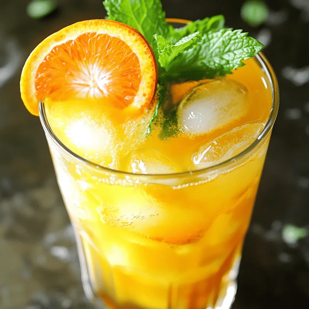 To make the Tangerine Mint Cooler, gather these simple ingredients: - 2 cups freshly squeezed tangerine juice - 1 cup sparkling water or club soda - 1/4 cup fresh mint leaves - 2 tablespoons honey or agave syrup - 1 tablespoon freshly squeezed lime juice - Ice cubes - Tangerine slices for garnish These ingredients come together to create a bright, refreshing drink. Fresh tangerine juice gives a sweet and tangy flavor. The mint adds a cool touch that makes it perfect for summer. You can use sparkling water for fizz or club soda for a smoother texture. Honey or agave syrup adds sweetness, so adjust it to your taste. Lime juice balances the drink with a bit of tartness. Don’t forget the ice cubes! They keep your cooler chill and refreshing. Finally, tangerine slices as a garnish not only look pretty but also enhance the citrus flavor. With this list in hand, you are ready to enjoy a cool, thirst-quenching treat. For the full recipe, check out the detailed instructions. - Juicing the tangerines: Start by cutting each tangerine in half. Use a juicer to extract the juice. Aim for about 2 cups of fresh juice. - Optional: Straining the juice: If you want a smoother drink, strain the juice through a fine mesh sieve. This will remove pulp and seeds for a clean finish. - Combining juice with sweetener and lime juice: In a medium bowl, mix the fresh tangerine juice with 2 tablespoons of honey or agave syrup. Add 1 tablespoon of lime juice for a zesty kick. - Mixing thoroughly until dissolved: Stir the mixture well until the sweetener fully dissolves. This step ensures every sip is just the right amount of sweet. - Techniques for muddling mint leaves: Take about 1/4 cup of fresh mint leaves. Use a muddler or the back of a spoon to gently press the leaves. This helps release their lovely oils. - Importance of releasing oils: Muddling mint releases its flavor, making your drink aromatic and fresh. Be careful not to tear the leaves too much. - Pouring the tangerine mixture over muddled mint: Once you’ve muddled the mint, slowly pour the tangerine mixture into the pitcher over the mint. - Adding sparkling water and gently stirring: Next, add 1 cup of sparkling water or club soda. Stir gently to combine, keeping the bubbles intact for a refreshing fizz. - Filling glasses with ice cubes: Grab some glasses and fill each one with ice cubes. This keeps your drink cold and refreshing. - Pouring and garnishing the drink: Finally, pour the tangerine mint mixture over the ice. Add a few mint leaves and a slice of tangerine for garnish. This adds color and makes your drink look amazing. You can use honey or agave syrup for sweetness. Both add a nice touch. Honey gives a richer taste, while agave is milder. Start with two tablespoons, then taste. If you want it sweeter, add more. Always aim for a balanced flavor. Add a squeeze of lime juice for a zesty kick. Lime brightens the tangerine taste. You can also use tangerine zest for a stronger flavor. For a fresh twist, try other herbs. Basil or lemongrass can change the drink's vibe. Just remember to use fresh herbs for the best taste. Garnish your drink for extra flair. A sprig of mint or a tangerine slice looks great. You can also use decorative straws for fun. Serve in tall glasses for a summer party. This drink is perfect for gatherings, so consider a large pitcher for easy serving. For the full recipe of this refreshing drink, check out the [Full Recipe]. {{image_4}} You can make this drink even more fun. Try adding pineapple or mango. This gives a sweet and fruity taste. Just blend in about a cup of fresh pineapple or mango juice. Mix it with the tangerine juice. The result? A tropical delight that sings summer! Want to switch things up? You can add herbs like basil or cilantro. These herbs add a unique twist. Basil brings a sweet note, while cilantro adds a fresh zing. Just muddle a handful of the herbs with the mint. This will give your cooler a fresh and exciting flavor. Want to make it a bit more grown-up? You can turn the cooler into a cocktail! Add your favorite spirit, like vodka or rum. Start with one ounce per serving. This adds a fun kick. Just remember to mix it well to keep the flavors balanced. To store leftover Tangerine Mint Cooler, place it in a sealed container. This keeps it fresh in the fridge. Try to drink it within two days for the best taste. To maintain carbonation, avoid shaking the container. Instead, gently stir the drink before serving. The Tangerine Mint Cooler stays fresh for about two to three days in the fridge. After that, the flavors may fade. The fizz will also reduce over time. If you notice any changes in smell or taste, it’s best to toss it out. You can make ice cubes from the leftover mixture. Simply pour the drink into an ice cube tray and freeze. These cubes add a fun twist when mixed into drinks later. You can also prepare this cooler ahead of time for summer parties. Just freeze it and let it thaw in the fridge before serving. This way, you save time and impress your guests! If you don't have tangerines, use other citrus juices. Good options include orange juice, grapefruit juice, or a mix of lemon and lime juice. These juices bring a bright, zesty flavor. Adjust the sweetness based on your choice. Orange juice works well since it is sweeter. Yes, you can prepare the tangerine mint mixture ahead of time. Mix the juice, mint, and sweetener, but leave out the sparkling water. Store it in the fridge for up to two days. When ready to serve, add the sparkling water to keep it fizzy. This way, you will have a refreshing drink ready for guests. You can use mint extract, but use it sparingly. Start with a few drops, then taste. Extract can be much stronger than fresh mint leaves. If you want an intense mint flavor, this can be a good choice. Just remember, fresh leaves have a nice texture and aroma that extract lacks. Try a watermelon cooler for a sweet, juicy treat. You can also whip up a classic mojito with lime and mint. For a fruity twist, make a berry spritzer with mixed berries and soda water. Each option is light and perfect for hot days. Check out my other recipes for more ideas! In this blog post, we explored how to make a refreshing Tangerine Mint Cooler. We covered the key ingredients, step-by-step instructions, and useful tips. You learned about variations to customize your drink. Plus, we shared storage info to keep it fresh. Enjoy crafting this delightful drink for warm days. Remember, it’s all about fresh flavors and personal touches. Try different herbs or fruits to make it your own. With a little creativity, you’ll impress friends and family at any gathering.