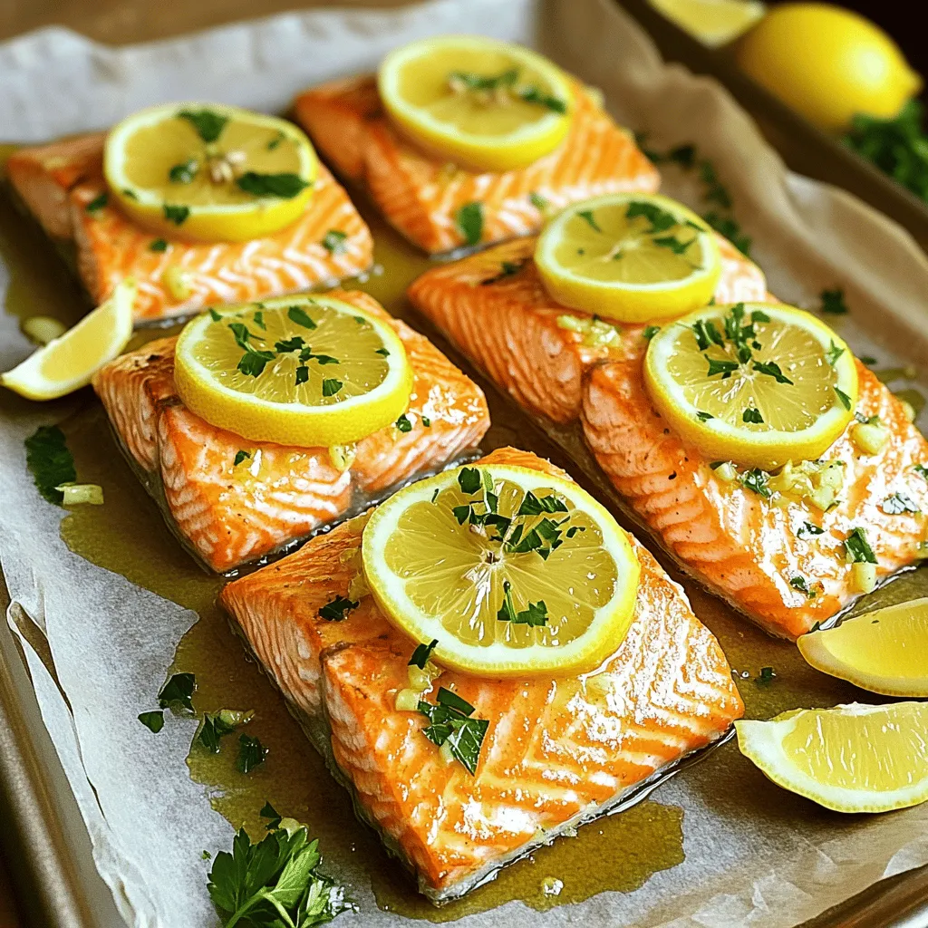 For this dish, you need: - 4 salmon fillets (about 6 oz each) Fresh salmon fillets are key. They should be bright and firm. Look for skin-on or skinless, based on your preference. The marinade gives the salmon flavor. You will need: - 4 cloves garlic, finely minced - 2 lemons (one sliced into rounds, and one juiced) - 3 tablespoons extra virgin olive oil - 1 tablespoon fresh parsley, finely chopped - 1 teaspoon dried oregano - Salt and freshly ground black pepper, to taste Mixing these ingredients creates a balance of flavor. The garlic adds depth, while the lemon brings brightness. Olive oil keeps the fish moist. For an extra touch, consider: - Lemon wedges, for serving Lemon wedges add fresh flavor. They let you customize the dish at the table. You can add more zest as you like. This Lemon Garlic Roasted Salmon is easy to make and delicious. Check the Full Recipe for all the steps! First, preheat your oven to 400°F (200°C). This step is key to cooking the salmon evenly. Line a baking sheet with parchment paper. This helps prevent sticking and makes cleanup easier. Next, let’s make the marinade. In a small bowl, mix together the minced garlic and lemon juice. Add the olive oil, chopped parsley, and dried oregano. Season with salt and pepper. Whisk everything together until it smells amazing. This marinade will give your salmon a burst of flavor. Now it’s time to marinate the salmon. Place the fillets on the prepared baking sheet, skin-side down. Pour half of the marinade over the salmon. Make sure each piece gets coated well. Set the other half aside for later. Let the salmon marinate for about 15 minutes while your oven heats. This lets the flavors soak in. While the salmon marinates, take one lemon and slice it into thin rounds. These slices will add brightness to your dish. Once the salmon is ready, place one lemon slice on top of each fillet. This adds a nice citrus touch while cooking. Place the baking sheet in the hot oven. Bake the salmon for 12 to 15 minutes. Cooking time may vary based on the thickness of the fillets. The salmon is done when it flakes easily with a fork and reaches 145°F (63°C) inside. In the last 2 minutes of baking, drizzle the reserved marinade over the salmon. This creates a tasty glaze that enhances the flavors. It’s a simple step that makes a big difference. Enjoy your Lemon Garlic Roasted Salmon with a side salad or your favorite steamed veggies. For the complete guide, check the Full Recipe! Choosing fresh salmon is easy if you know what to look for. First, check for bright, clear eyes. They should not look cloudy. Next, the skin should be shiny and moist. Look for vibrant color, ranging from deep pink to bright orange. Fresh salmon should smell like the ocean, not fishy. If it has a strong odor, skip it. Always ask your fishmonger about the catch date. To make the best marinade, keep it simple yet flavorful. Use fresh garlic and lemons for brightness. The olive oil adds richness. Mix in parsley and oregano for a fresh twist. If you want a bit more kick, try adding a pinch of red pepper flakes. Let the salmon marinate for at least 15 minutes. This allows the flavors to soak in deeply. Feel free to use the remaining marinade as a glaze at the end for extra taste. You can cook salmon in many ways. Baking is great for a hands-off approach. Grilling adds a nice smoky flavor. Pan-searing gives a crispy texture on the outside. If you like a quick meal, try broiling. Just keep an eye on it, as it cooks fast. Each method brings out different flavors and textures. For a fun twist, try poaching salmon in broth or wine to keep it moist. Find the method that suits your taste! For the full recipe, check out the details above. {{image_4}} For a delightful twist, try the lemon garlic herb crusted salmon. You can add a crunchy topping to your salmon. Mix fresh herbs like parsley, dill, and basil with breadcrumbs and a bit of olive oil. Spread this mixture over your marinated salmon before baking. The crust adds texture and a burst of flavor. It makes the dish even more special. If you enjoy heat, spicy lemon garlic salmon is for you. Add red pepper flakes or cayenne pepper to your marinade. This simple change gives the dish a nice kick. Balance the spice with a drizzle of honey or maple syrup. It creates a sweet and spicy contrast that elevates the dish. You can choose between grilling or oven-baking salmon. Grilling gives a smoky, charred flavor. It creates beautiful grill marks and keeps the fish juicy. Oven-baking is easier and great for meal prep. It ensures even cooking and keeps the salmon moist. Both methods work well with this recipe. Enjoy experimenting to find your favorite! After making Lemon Garlic Roasted Salmon, let it cool. Cooling helps keep the salmon fresh. Place the salmon on a plate or a cutting board. Do not cover it while it cools. This step prevents steam from building up, which can make the fish soggy. Store leftover salmon in an airtight container. This keeps the salmon safe and tasty. You can also wrap it tightly with plastic wrap. Be sure to refrigerate it within two hours of cooking. Leftover salmon can stay fresh for up to three days. If you want to keep it longer, consider freezing it. Just remember to wrap it well to avoid freezer burn. When reheating salmon, do it gently. Use the oven or microwave for the best results. For the oven, preheat it to 275°F (135°C). Place the salmon on a baking sheet and cover it with foil. Heat for about 15 minutes. If you use a microwave, cover the salmon with a damp paper towel. Heat it in short bursts, checking often. This will help keep it moist and tasty. Enjoy your Lemon Garlic Roasted Salmon even after the first meal! Yes, you can use frozen salmon fillets. Just thaw them first. Place them in the fridge overnight or run them under cold water. This makes them easy to cook. Remember to pat them dry before marinating. This helps the marinade stick better. Lemon Garlic Roasted Salmon pairs well with many sides. Here are some tasty options: - A fresh green salad - Steamed vegetables like broccoli or asparagus - Quinoa or rice for a healthy carb - Roasted potatoes for a hearty side These sides balance the flavors and make your meal more complete. Check the salmon after 12 minutes of baking. The fish should flake easily with a fork. Use a food thermometer for the best results. The internal temperature should reach 145°F (63°C). If it hasn’t reached this, put it back in the oven for a few more minutes. You can prepare the salmon ahead of time. Marinate the salmon up to 2 hours before baking. This helps the flavors soak in. Just keep it in the fridge until you’re ready to cook. Baking it fresh gives you the best taste. Salmon is a great choice for health. It is rich in omega-3 fatty acids. These fats help your heart and brain. Salmon also has high-quality protein. It gives you energy and helps your muscles. Additionally, it contains vitamins like B12 and D. Eating salmon supports overall health. This post covered how to make delicious lemon garlic roasted salmon. You learned about key ingredients, quick steps, and helpful tips for cooking and storing. Remember to choose fresh salmon and try different marinades for flavor. You can also switch up cooking methods, like grilling or baking. Enjoy experimenting with this recipe to find your favorite version. With these insights, you’ll impress everyone at your next meal.