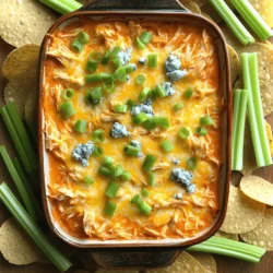 To make a great Buffalo chicken dip, you need a few key items. Here’s what you should gather: - 2 cups shredded cooked chicken - 1 cup cream cheese, softened - 1 cup ranch dressing - 1 cup buffalo sauce - 1 cup shredded sharp cheddar cheese - 1/2 cup crumbled blue cheese - 2 green onions, finely chopped - Tortilla chips or celery sticks for serving These ingredients work together to create a rich and creamy dip that packs a punch. You can easily tailor the dip to suit your taste. Here are some fun ideas: - Add diced jalapeños for extra heat. - Mix in garlic powder for added flavor. - Use Greek yogurt instead of ranch for a tangy twist. - Substitute Monterey Jack cheese for a milder taste. Feel free to play with these options to create your perfect dip. Having the right tools makes cooking easier. For this recipe, you’ll need: - A mixing bowl - A hand mixer or spatula - A medium-sized baking dish - An oven These items will help you prepare and bake your dip easily. Enjoy the process! Making Buffalo chicken dip is simple and fun. You will need to gather your ingredients first. The prep time takes about 15 minutes. Then, baking will take around 20-25 minutes. This recipe serves 6 to 8 people, which is perfect for parties. 1. Preheat your oven to 350°F (180°C). This step is key. A hot oven helps the dip cook evenly. 2. In a large bowl, mix the softened cream cheese with ranch dressing. Use a hand mixer or spatula. Blend until it is smooth and creamy. 3. Gently fold in the shredded chicken and buffalo sauce. Make sure every piece of chicken gets coated. This adds great flavor. 4. Add the shredded cheddar cheese and half of the blue cheese crumbles. Stir gently until the cheeses are mixed well. 5. Transfer the creamy mixture to a medium baking dish. Spread it evenly. This helps it bake well. 6. Top it off with the rest of the blue cheese crumbles and chopped green onions. This will add flavor and look nice. 7. Place the dish in the oven. Bake for 20 to 25 minutes, or until it is bubbly and golden brown on top. 8. Once baked, let it cool for about 5 minutes before serving. This way, no one will burn themselves. - Use softened cream cheese. It blends better and gives a creamier dip. - Mix gently when adding the chicken and cheese. This keeps the dip fluffy. - Bake until bubbly and golden. This shows it is cooked perfectly. - Serve warm for the best texture and flavor. The warmth keeps it smooth and delicious. For more details, check out the Full Recipe. Enjoy your cooking adventure! Buffalo chicken dip is easy to make, but some slip-ups can happen. First, do not skip softening the cream cheese. If you use it cold, it won’t mix well. Next, be careful with the buffalo sauce. If you add too much, the dip can become too spicy. Taste as you go to find the right heat. Lastly, don’t rush the baking time. If you pull it out too soon, the dip may not be hot or bubbly enough. You can prep this dip a day ahead! Just mix all the ingredients in a bowl and put it in the fridge. Keep it covered with plastic wrap. When you’re ready to bake, just pop it into the oven. You may need to add a few extra minutes to the baking time. This way, you save time for your guests. Finding the right flavor balance is key. The cream cheese gives a rich base, while ranch dressing adds creaminess. Use sharp cheddar cheese for a bold taste. The blue cheese crumbles bring a tangy kick. Adjust the buffalo sauce based on your spice level. If you want more zest, add more green onions on top. This will give a fresh taste and a nice crunch. Try this buffalo chicken dip recipe for a crowd-pleaser! Check out the Full Recipe for all the details. {{image_4}} If you love heat, add more buffalo sauce. You can also mix in jalapeños for a kick. These spicy notes will make your taste buds dance. Some like to add hot sauce for extra flair. Experiment with peppers to find your favorite level of heat. Want a lighter dip? Swap the cream cheese for Greek yogurt. This gives you a creamy feel with fewer calories. You can also use light ranch dressing. It tastes just as good and makes the dip healthier. Try using shredded turkey instead of chicken for a leaner option. Feel free to get creative with your ingredients. Instead of ranch, use blue cheese dressing for a bold taste. You could also mix in shredded mozzarella cheese for a different flavor. If you like, add some herbs like dill or parsley. They can freshen up the dip and bring new tastes. For a twist, try using smoked chicken for a unique depth of flavor. For all these variations, keep your base recipe in mind. You can find the full recipe for Buffalo Chicken Dip to guide you through the process. After you finish your meal, let the Buffalo chicken dip cool down. Then, put it in a clean, airtight container. This helps keep the dip fresh. You can store it in the fridge for up to three days. If you want to save it longer, freezing is a great option. When you want to enjoy the dip again, reheat it gently. You can use the microwave or oven. If you use the microwave, heat in short bursts. Stir it often to avoid hot spots. If you use the oven, warm it at 350°F (175°C) until it is hot. This keeps the dip creamy and tasty. To freeze the dip, first, cool it completely. Then, transfer it to a freezer-safe container. Label it with the date. You can freeze it for up to three months. When you are ready to eat it, thaw it in the fridge overnight. Reheat it as mentioned earlier. This way, your dip will taste fresh and delicious, just like the first time. Buffalo chicken dip is rich and bold. It pairs well with milder dips. Think about classic ranch or creamy spinach dip. These dips offer a nice balance. They cool down the heat from the Buffalo chicken. You might also try a fresh salsa or guacamole. These add a fresh burst of flavor. Serve them together for a fun dip spread. Yes, you can use a slow cooker for Buffalo chicken dip. Just mix all the ingredients in the cooker. Set it on low for 2 to 3 hours. Stir it occasionally to keep it creamy. This method makes the dip easy to prepare. It’s also great for parties. You can keep it warm while guests enjoy. To adjust the spice level, change the amount of buffalo sauce. Add less sauce for a milder flavor. For more heat, increase the sauce. You can also use different sauces. Try a milder hot sauce or a smoky barbecue sauce. Adding more crumbled blue cheese can also tone down the heat. Taste as you go, and find what you like best! This blog post covered how to make a tasty Buffalo Chicken Dip. We explored essential and fun ingredients to customize it. You got step-by-step instructions, plus tips for the best flavor. I shared common mistakes and how to store leftovers properly. Now you can impress friends with this dip. Experiment with variations to find your favorite. Enjoy creating and sharing this classic snack!