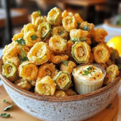 - 1 pound fresh okra, trimmed and sliced into ½-inch rounds - Vegetable oil, for frying - 1 cup buttermilk - 1 cup cornmeal - ½ cup all-purpose flour - 1 teaspoon paprika - ½ teaspoon cayenne pepper - Salt and pepper, to taste - ½ cup mayonnaise - 1 tablespoon Dijon mustard - 1 tablespoon fresh lemon juice - 1 garlic clove, finely minced - 1 teaspoon hot sauce (or more, depending on your heat preference) I love using fresh okra for this recipe. It gives the best taste and crunch. First, you need to trim and slice the okra. Aim for ½-inch rounds. This size helps it fry evenly and cook through. For frying, you need vegetable oil. It’s important to have enough oil to submerge the okra. This helps it get crispy all around. Now, for the dry ingredients, start with buttermilk. Soaking the okra in buttermilk adds flavor and helps the coating stick. Combine cornmeal and all-purpose flour in a bowl. The cornmeal gives a nice crunch. Add paprika for a hint of smokiness and cayenne for heat. Adjust the salt and pepper to your taste. I always say, season to make it pop! Next, let’s focus on the spicy aioli. Mix mayonnaise with Dijon mustard for tang. Fresh lemon juice brightens the flavors. Mince one garlic clove for a punch of flavor. Add hot sauce to give it that kick. You can adjust the heat based on your preference. This combination of fresh ingredients and bold spices makes fried okra with spicy aioli a treat. For the full recipe, check out the detailed instructions to create this tasty snack. - Rinse and slice the fresh okra. Start by running cold water over the okra to clean it. Trim both ends and cut the okra into ½-inch rounds. Place the sliced okra in a bowl. - Soak the okra in buttermilk. Pour the buttermilk over the sliced okra. Make sure all pieces are coated. Let the okra soak for about 30 minutes. This makes it tender and flavorful. - Combine dry ingredients in a separate bowl. In another bowl, mix cornmeal, flour, paprika, cayenne pepper, and a pinch of salt and pepper. Whisk it well until everything is blended. - Coat the okra with the cornmeal mixture. After soaking, take the okra out of the buttermilk. Let extra buttermilk drip off. Dredge each piece in the cornmeal mix, covering it evenly. Place the coated okra on a plate. - Whisk together aioli ingredients in a small bowl. In a bowl, mix mayonnaise, Dijon mustard, lemon juice, minced garlic, and hot sauce. - Taste and adjust seasoning. Give the aioli a taste test. Add more salt, pepper, or hot sauce if needed. Set it aside for serving. - Heat oil to 350°F (175°C). In a large skillet, pour enough vegetable oil to reach about 1 inch deep. Heat the oil over medium-high heat until it is hot. - Fry okra in small batches until golden brown. Carefully add the coated okra to the hot oil. Fry for 3-4 minutes until golden and crispy. Use a slotted spoon to transfer the fried okra to a paper towel-lined plate to drain excess oil. For the full recipe, follow the detailed steps above for a perfect crunchy snack! To get the best fried okra, oil temperature is key. Keep your oil at 350°F (175°C). Use a thermometer for accuracy. If the oil is too cool, the okra will turn soggy. If it's too hot, the coating will burn. Do not overcrowd the pan while frying. Fry in small batches. This allows the okra to crisp up nicely. Overcrowding lowers the oil temperature. Your okra needs space to fry evenly. For a great presentation, serve the fried okra in a cone-shaped holder or a rustic bowl. This makes the dish fun and easy to eat. Add a small ramekin filled with spicy aioli for dipping. Pair the okra with a fresh salad or some crunchy veggies. The coolness of the salad balances the heat of the spicy aioli. You can also serve it as a side with grilled meats for a complete meal. Fresh herbs brighten up the dish. Use parsley or cilantro for a pop of color. Just sprinkle them over the fried okra for an appealing look. You can also add other toppings for flavor. Crumbled feta or shredded cheese gives a nice twist. A squeeze of lemon juice adds brightness and cuts through the richness. These small touches elevate your dish and make it even more tasty. {{image_4}} You can make your fried okra even tastier by adding spices. Try mixing in garlic powder or onion powder to the cornmeal. A dash of chili powder can give it a nice kick. You can also use different dipping sauces. Try ranch dressing or a sweet chili sauce for a twist. If you want a healthier option, you can bake the okra instead of frying it. Just coat it like you would for frying, then place it on a baking tray. Bake at 425°F for about 20 minutes. For gluten-free options, use almond flour or a gluten-free flour blend in place of all-purpose flour. Fried okra is great as an appetizer or side dish. Serve it in small bowls or on skewers for fun finger food. You can also toss it into salads for a crunchy texture. Adding fried okra to a Southern-style salad can really make it pop. For the full recipe, refer to the main article. To keep your leftover fried okra fresh, store it in an airtight container. Place a paper towel at the bottom to absorb moisture. This helps maintain the crunch. Refrigerate the container and enjoy within three days for the best taste. To reheat, use an oven set to 375°F (190°C). Spread the okra on a baking sheet in a single layer. Bake for about 10 minutes or until it’s hot and crispy again. This method keeps the okra crunchy, unlike microwaving, which can make it soggy. Homemade spicy aioli can last about one week in the fridge. Store it in a clean, airtight container. Ensure you keep it sealed to avoid any off-flavors. Always check for freshness before using. If it smells or looks odd, toss it out. If you want to save some for later, you can freeze the aioli. Use a freezer-safe container and leave space at the top for expansion. It will keep well for about three months. When you’re ready to use it, thaw it in the fridge overnight. Stir well before serving to regain its creamy texture. For the complete recipe, check out the Full Recipe section. To make fried okra crispy, start by soaking it in buttermilk. This step adds moisture and flavor. Then, coat the okra in a mix of cornmeal and flour. The cornmeal gives that crunchy texture. Make sure your oil is hot, around 350°F (175°C), when frying. Frying in small batches keeps the temperature steady and helps achieve that perfect crunch. Yes, you can prepare the okra in advance. You can slice and soak the okra in buttermilk. Store it in the fridge for up to 2 hours before frying. You can also make the spicy aioli ahead of time. Just mix and chill it in the fridge. This way, your snack is ready to fry when you are. Fried okra pairs well with many side dishes. You can serve it with coleslaw for a nice crunch. A fresh salad adds brightness to the meal. Serve it with a bowl of spicy aioli for dipping. You can also enjoy it alongside grilled meats or fish for a complete meal. Yes, you can easily make fried okra spicy. Add cayenne pepper to the cornmeal mix for heat. You can also adjust the amount of hot sauce in the aioli. If you like it really spicy, add more hot sauce or even diced jalapeños to the okra before frying. If you can't find okra, try using green beans or zucchini. Both will fry nicely and give a similar texture. For a different flavor, consider using mushrooms. They won't be as crunchy but will soak up the spices well. Just adjust cooking times to ensure they fry properly. In this blog post, I shared how to make tasty fried okra with a spicy aioli. We covered fresh and dry ingredients, step-by-step cooking instructions, and useful tips for perfect frying. I also provided variations and storage tips to help you enjoy this dish longer. Remember, the key to great fried okra is fresh ingredients and proper frying techniques. Experiment with flavors to make this dish your own. Enjoy your cooking adventure!