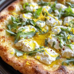 For the Lemon Pizza, you’ll need these simple ingredients: - 1 pre-made pizza dough - 1/2 cup fresh ricotta cheese - 1 cup shredded mozzarella cheese - Zest and juice of 1 lemon - 2 tablespoons extra virgin olive oil - 1 tablespoon honey - 1 teaspoon sea salt - 1/2 teaspoon freshly cracked black pepper - A handful of fresh arugula for topping - 1 tablespoon fresh basil leaves, finely chopped - Optional: A pinch of red pepper flakes for a spicy contrast You can customize your Lemon Pizza with these tasty add-ins: - Sliced cherry tomatoes for color and sweetness - Grilled chicken for a protein boost - Feta cheese for a salty kick - Capers for a briny flavor If you don’t have some ingredients, try these swaps: - Use cream cheese instead of ricotta for a richer taste - Substitute goat cheese for a tangy flavor - Replace mozzarella with provolone or gouda for a twist - Use agave syrup instead of honey for a vegan option When you make this pizza, you can play with flavors to find your favorite! Enjoy experimenting with flavors and toppings. To make your lemon pizza, gather all ingredients first. You will need pre-made pizza dough, ricotta cheese, mozzarella, lemon zest, lemon juice, olive oil, honey, sea salt, black pepper, arugula, and basil. This mix gives a fresh and zesty taste. 1. Preheat your oven to 475°F (245°C). If using a pizza stone, place it in the oven now. 2. Lightly flour a clean surface. Stretch or roll your pizza dough into a circle, about 12 inches wide. 3. Move the dough to a parchment-lined baking sheet or a pizza peel if using a stone. 4. In a bowl, mix ricotta cheese, lemon zest, and half the lemon juice. Add a pinch of sea salt and pepper. 5. Spread the lemon-ricotta mix over the dough, leaving a 1/2-inch border for the crust. 6. Sprinkle shredded mozzarella evenly on top of the ricotta. 7. Drizzle olive oil and honey over the cheese, then add the rest of the lemon juice. 8. Season with more sea salt and black pepper for extra flavor. 9. Slide your pizza into the hot oven or onto the pizza stone. Bake for 12-15 minutes until golden brown. 10. When done, take the pizza out and let it sit for one minute. This helps the flavors set. 11. Top with fresh arugula and chopped basil. For heat, add red pepper flakes if you like. 12. Slice into wedges and serve hot. Enjoy the creamy cheese and bright lemon flavor! You can find the full recipe for this delightful lemon pizza to impress your friends and family. To make a great crust, start with good dough. I love using pre-made pizza dough for ease. Roll it out evenly on a floured surface. Aim for about 12 inches wide. If you want a crispy crust, use a pizza stone. Preheat it in the oven to 475°F (245°C). This helps the bottom cook quickly. Lemon pizza shines with bright flavors. I mix ricotta with lemon zest and juice. This adds a creamy texture and tangy kick. Don’t forget to season with sea salt and pepper. You can try adding fresh herbs, like basil, for extra flavor. A pinch of red pepper flakes gives it a nice spice. The honey drizzle adds sweetness that balances the tartness of lemon. When serving, slice the pizza into wedges for easy sharing. I like to top it with fresh arugula. It adds a peppery bite and looks beautiful. For a rustic touch, serve on a wooden board. You can also add lemon wedges on the side. This gives guests the option to squeeze more juice on top. Enjoying a slice while it's hot makes the flavors pop! {{image_4}} If you want to mix things up, try different cheeses on your lemon pizza. For a rich flavor, use goat cheese. It pairs well with the lemon and adds a tangy kick. You can also try feta cheese for a salty bite. If you prefer something creamier, opt for burrata. It melts beautifully and gives a nice texture. Lemon pizza welcomes a variety of toppings. Add thinly sliced prosciutto for a savory touch. You can also use roasted vegetables like zucchini or bell peppers for a sweet contrast. For added crunch, sprinkle on some toasted pine nuts. If you love spice, pickled jalapeños can kick up the heat. Finally, don’t forget a drizzle of balsamic glaze for a sweet finish. You can easily make lemon pizza fit any diet. For vegetarians, stick with cheeses and veggies. Use fresh herbs and nuts for extra flavor. If you want to add meat, consider chicken or shrimp. Grilled chicken works well, and shrimp adds a seafood twist. Both options enhance the lemony flavor while keeping the dish light and fresh. Try these variations to make your lemon pizza truly unique. Visit the Full Recipe for more ways to enjoy this dish! To keep your leftover lemon pizza fresh, wrap it in plastic wrap or foil. You can also place it in an airtight container. Store it in the fridge for up to three days. This way, you can enjoy that bright, zesty flavor later on. When you're ready to eat your leftover pizza, preheat your oven to 350°F (175°C). Place the pizza on a baking sheet. Heat it for about 10-15 minutes. This method keeps the crust crispy and the cheese melty. You can also use a skillet on low heat for a quick reheat. Just cover it with a lid to warm it evenly. If you want to save your lemon pizza for later, freezing is a great option. First, let the pizza cool completely. Then, wrap it tightly in plastic wrap and aluminum foil. This helps prevent freezer burn. You can freeze it for up to one month. When you're ready to eat, thaw it in the fridge overnight. Reheat it in the oven for the best taste. Enjoy your lemon pizza with its fresh, bright flavor anytime! Lemon pizza offers a bright and zesty flavor. The lemon zest and juice give it a fresh kick. The creamy ricotta cheese balances the tartness. Mozzarella adds a rich, gooey texture. This mix creates a unique taste that surprises and delights. You can also add fresh arugula for a peppery bite. The honey drizzle adds a sweet touch, making each bite exciting. Yes, you can make lemon pizza without cheese. Just skip the ricotta and mozzarella. Use a base of lemon zest and olive oil instead. You can add extra toppings like roasted veggies or nuts. This option keeps it light and fresh. A sprinkle of herbs like basil can enhance the flavor. You will still enjoy the zesty lemon taste without cheese. To make a vegan version of lemon pizza, swap out all dairy. Use vegan cheese or skip it entirely. Replace ricotta with cashew cream or hummus. You can blend soaked cashews with lemon juice for a creamy spread. Use the same pizza dough and toppings as the original. This way, you keep the bright lemon flavor while making it plant-based. Enjoy this fresh twist without any animal products! Lemon pizza brings a fresh twist to your meals. We covered essential ingredients, cooking steps, and tips for the best crust. You learned about flavor combos, serving ideas, and variations to suit all diets. Proper storage and reheating keep your leftovers tasty. Remember, lemon pizza is versatile and fun. Experiment with new toppings and make it your own! Enjoy every slice and share it with friends.
