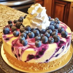 To make a tasty blueberry swirl cheesecake, gather these key ingredients: - 1 ½ cups graham cracker crumbs - ½ cup unsalted butter, melted - 1 cup granulated sugar, divided - 4 packages (8 oz each) cream cheese, softened to room temperature - 1 teaspoon pure vanilla extract - 4 large eggs, at room temperature - 1 cup sour cream - 1 ½ cups fresh blueberries - 2 tablespoons cornstarch - 1 tablespoon fresh lemon juice These ingredients create a rich and creamy cheesecake with a sweet blueberry swirl. You can play with the flavor and texture by adding these optional ingredients: - A pinch of salt enhances the sweetness. - Lemon zest adds a bright, fresh note. - A splash of almond extract gives a nutty flavor. Feel free to mix and match these additions to suit your taste. If you have dietary needs, consider these substitutions: - Use gluten-free graham crackers for a gluten-free option. - Swap cream cheese for vegan cream cheese if needed. - For a lower sugar option, use a sugar substitute that measures like sugar. These swaps allow everyone to enjoy this delicious dessert! For the full recipe, check out the complete instructions. To start, preheat your oven to 325°F (160°C). This step is key for a perfect cheesecake. Next, grab a medium bowl. Combine 1 ½ cups of graham cracker crumbs, ½ cup of melted unsalted butter, and ¼ cup of granulated sugar. Mix until it looks like wet sand. Press this mixture firmly into a 9-inch springform pan. This creates a solid base. Bake it for 8-10 minutes. Look for a lightly golden color. Once done, take it out and let it cool. Now, let’s make the filling. In a large bowl, use an electric mixer. Beat 4 packages of softened cream cheese for 2-3 minutes. You want it smooth and creamy. Slowly add ¾ cup of granulated sugar while mixing. This helps to blend everything well. Mix in 1 teaspoon of pure vanilla extract. Then, add 4 large eggs, one at a time. Keep the mixer on low speed to avoid overmixing. Finally, fold in 1 cup of sour cream. This gives the filling a lovely, silky texture. For the blueberry swirl, take 1 ½ cups of fresh blueberries. In a separate bowl, mix them with 2 tablespoons of cornstarch and 1 tablespoon of fresh lemon juice. Toss gently to coat the blueberries. This step helps them stay suspended in the cheesecake. Pour half of the cream cheese mixture into the cooled crust. Spread it evenly. Then, scatter half of the blueberries on top. Pour the remaining cream cheese mixture over that. To create the swirl, gently use a knife or spatula to mix in the last blueberries. Now, it’s time to bake! Place the cheesecake in the oven for 55-60 minutes. The edges should be firm, but the center should still jiggle slightly. When it’s done, turn off the oven. Crack the door open and let the cheesecake cool for an hour inside. This helps prevent cracks. After an hour, move the cheesecake to a cooling rack. Let it reach room temperature. Cover it and refrigerate for at least 4 hours, or preferably overnight. When ready to serve, run a knife around the edge of the springform pan. Carefully release the sides to reveal your beautiful cheesecake. Enjoy! For the complete process with details, check the Full Recipe. To get a great swirl, use a knife or spatula. Gently draw lines in the cheesecake. Do not mix too much. You want to see the blueberry and cream cheese layers. This gives a nice look and taste. Overmixing can lead to cracks. Mix just until smooth. Also, avoid baking too long. Check the center; it should jiggle. If the edges are firm, it is ready. Let it cool slowly in the oven. This helps prevent cracks. Ovens can vary. Keep an eye on your cheesecake. Start checking at 50 minutes. If it needs more time, add five minutes. Each oven is different, so trust your instincts. For the best results, use the jiggle test. {{image_4}} You can add chocolate to your blueberry swirl cheesecake. Start by melting 4 ounces of dark chocolate. Mix this chocolate into half of the cream cheese batter. This gives a rich taste that pairs well with the blueberries. When you swirl in the blueberry mixture, it creates a stunning visual and flavor contrast. For a vegan option, swap the cream cheese with cashew cream. Soak 2 cups of raw cashews for a few hours. Blend them with ½ cup of coconut cream, 1/3 cup of maple syrup, and 1 teaspoon of lemon juice. Follow the same steps for creating the crust and blueberry swirl. This version is just as creamy and delicious! You can also mix in other fruits. Strawberries, raspberries, or blackberries work great. Just mash the fruit and stir in some sugar. You can use this fruit mixture instead of or alongside blueberries. This adds a fun twist and keeps your cheesecake exciting. For the full recipe, check out the Blueberry Swirl Cheesecake section above. To store leftover cheesecake, first let it cool completely. Cover it tightly with plastic wrap or foil. You can also use an airtight container. This keeps it fresh and safe from odors in the fridge. Leftover cheesecake will last up to five days in the fridge. If you want to keep cheesecake longer, freezing is a great option. Wrap the cheesecake tightly in plastic wrap. Then, place it in a freezer-safe container. This helps to avoid freezer burn. Your cheesecake can last up to three months in the freezer. When you're ready to eat it, move it to the fridge for a night to thaw. If you prefer warm cheesecake, reheat it gently. Place a slice on a microwave-safe plate. Microwave on low power for about 15 to 20 seconds. Check if it's warm enough to your liking. Avoid overheating, as this can cause the cheesecake to dry out. For a fresh taste, serve it with whipped cream and more blueberries. Enjoy the flavors! You can use Greek yogurt for cream cheese. It adds creaminess but is lower in fat. Another option is mascarpone cheese, which is rich and creamy. For a vegan version, try cashew cream blended with a bit of lemon juice. Each substitute gives a different taste, so choose what you like! The cheesecake is done when the edges look firm. The center should have a slight jiggle but not be liquid. A toothpick inserted should come out mostly clean. Remember, it will firm up as it cools. This way, you avoid overbaking and getting a dry cheesecake. Yes, you can! Making it a day ahead helps the flavors blend well. It will also set nicely in the fridge. Just cover it well to keep it fresh. When it’s time to serve, it will taste just as great! Serve the cheesecake cold for the best taste. You can add a dollop of whipped cream on top. Fresh blueberries make a nice garnish. For extra flair, drizzle honey or a berry sauce around the plate. This makes the dessert look even more tempting! For the full recipe, check out the detailed section above. Blueberry swirl cheesecake is a delightful treat. We covered the needed ingredients, from crust to filling. You learned how to achieve the perfect swirl and avoid common baking mistakes. We also explored fun variations, like chocolate and vegan options. Storage tips ensure your cheesecake stays fresh. With these insights, you can create the perfect dessert fit for any occasion. Enjoy your cheesecake adventure and share it with friends and family!