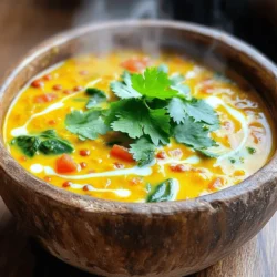 When making Coconut Curry Lentil Soup, you need some key ingredients. These items come together to create a hearty and flavorful dish. Here’s a list of what you will need: - 1 cup dried red lentils, thoroughly rinsed - 1 can (13.5 oz) full-fat coconut milk - 1 medium onion, diced finely - 2 cloves garlic, minced - 1 tablespoon fresh ginger, grated - 1 tablespoon red curry paste (adjust according to your spice preference) - 1 teaspoon turmeric powder - 1 teaspoon ground coriander - 1/2 teaspoon ground cumin - 4 cups vegetable broth (homemade or store-bought) - 1 cup diced tomatoes (fresh or canned) - 1 cup fresh spinach, chopped coarsely - 2 tablespoons fresh lime juice - Sea salt and freshly ground black pepper to taste - Fresh cilantro leaves, for garnish Each of these ingredients plays a role in building flavor. The dried red lentils add protein and texture. Full-fat coconut milk gives the soup a rich, creamy base. The onion, garlic, and ginger bring depth and warmth. Finally, the spices and seasoning add a lovely kick. For a complete guide, check out the Full Recipe to see how to combine these ingredients into a delicious meal. 1. Sautéing aromatics: Start by heating a splash of oil in a large pot over medium heat. Once the oil is hot, add the diced onion. Cook the onion for about 5 minutes until it is soft and translucent. This step helps build a tasty base for your soup. 2. Toasting spices: Next, add the minced garlic and grated ginger to the pot. Stir it for about a minute until you smell their lovely aroma. Then, mix in the red curry paste, turmeric, ground coriander, and cumin. Toast these spices for 2-3 minutes. This step makes the flavors pop and adds warmth to the soup. 3. Cooking lentils and tomatoes: Pour in the vegetable broth, followed by the rinsed lentils and diced tomatoes. Raise the heat to bring this mixture to a boil. Once it starts boiling, lower the heat, cover the pot, and let it simmer for about 20 minutes. You want the lentils to be tender and fully cooked. 1. Adding coconut milk and spinach: When the lentils are done, stir in the full-fat coconut milk and chopped spinach. Let this cook for another 5 minutes. The spinach will wilt and blend beautifully with the soup. 2. Adjusting seasoning: Finally, take the pot off the heat. Stir in fresh lime juice and season with sea salt and black pepper. Taste and adjust the seasoning as needed. This is where you personalize the soup to your liking. Follow these steps for a Coconut Curry Lentil Soup that is hearty and full of flavor. For the complete recipe, check out the Full Recipe section. - Adjusting spice levels: You can change the spice in this soup by adding more or less red curry paste. Start with one tablespoon, then taste. If you want more heat, add another half tablespoon. For a milder soup, use less paste. - Best types of lentils to use: I prefer red lentils for this recipe. They cook fast and get soft, making the soup creamy. You can also use green or brown lentils, but they take longer to cook and will stay firmer. - Enhancing flavor with lime and cilantro: Fresh lime juice brightens up the soup. Add it right before serving for the best taste. Cilantro adds freshness and color. Toss it in as a garnish to make the soup pop. - Essential utensils for preparation: You will need a large pot for cooking. A wooden spoon helps to stir the soup well. A sharp knife and cutting board are key for chopping your veggies. - Recommended pots for cooking: I like using a heavy-bottomed pot. It helps to cook the soup evenly and prevents sticking. A Dutch oven works great if you have one. It holds heat well and is perfect for simmering. {{image_4}} You can switch up some ingredients to fit your taste. - Alternative milks and proteins: If you want a lighter soup, try using almond milk or oat milk instead of coconut milk. For added protein, you can mix in chickpeas or tofu. - Seasonal vegetable options: Feel free to add seasonal veggies. Carrots, sweet potatoes, and zucchini work well. They add flavor and nutrition to your soup. Adding different spices can change the flavor of your soup. - Adding heat with peppers: If you like some spice, add diced jalapeños or Thai bird chilies. They can make the soup exciting and bold. - Experimenting with different curry pastes: Try different curry pastes to change the taste. Green curry paste gives a fresh kick, while Massaman curry paste adds a sweet, nutty flavor. You can mix and match to find your favorite combo. Explore these variations to make the Coconut Curry Lentil Soup your own! For the full recipe, check out the Full Recipe section. After you make Coconut Curry Lentil Soup, you might have some leftovers. To store them, cool the soup to room temperature. Then, transfer it to an airtight container. This will keep the flavors fresh. You can store the soup in the fridge for up to 3 days. If you want to save some for later, you can freeze Coconut Curry Lentil Soup. Pour it into freezer-safe bags or containers. Leave some space at the top for expansion. The soup lasts in the freezer for about 3 months. When you're ready to eat it, thaw it in the fridge overnight. To reheat, pour the soup into a pot. Warm it over low heat, stirring often. You can add a splash of vegetable broth if it seems too thick. Enjoy your hearty soup again! Yes, Coconut Curry Lentil Soup is vegan. It uses plant-based ingredients like lentils and coconut milk. This makes it a great choice for those who follow a vegan diet. You can enjoy this soup without worrying about animal products. Absolutely! Making Coconut Curry Lentil Soup in a slow cooker is easy. Just follow these steps: 1. Sauté the onion, garlic, and ginger in a pan. 2. Add them to the slow cooker with the other ingredients. 3. Cook on low for 6-8 hours or on high for 3-4 hours. This method allows the flavors to blend beautifully over time. You can serve many things with Coconut Curry Lentil Soup. Here are some ideas: - Crusty bread: Perfect for dipping into the soup. - Rice: A nice bed for the soup adds more texture. - Salad: A fresh green salad complements the warm soup well. For the full recipe, be sure to check out the details on how to make this delightful dish! This post covered how to make a hearty Coconut Curry Lentil Soup. You learned about key ingredients like lentils, coconut milk, and spices. I shared steps to prepare the soup, along with tips to improve its flavor. You also discovered variations to customize your dish and storage tips for leftovers. In my view, this soup is easy to make and great for any meal. Try it out, and enjoy the warm, rich flavors!