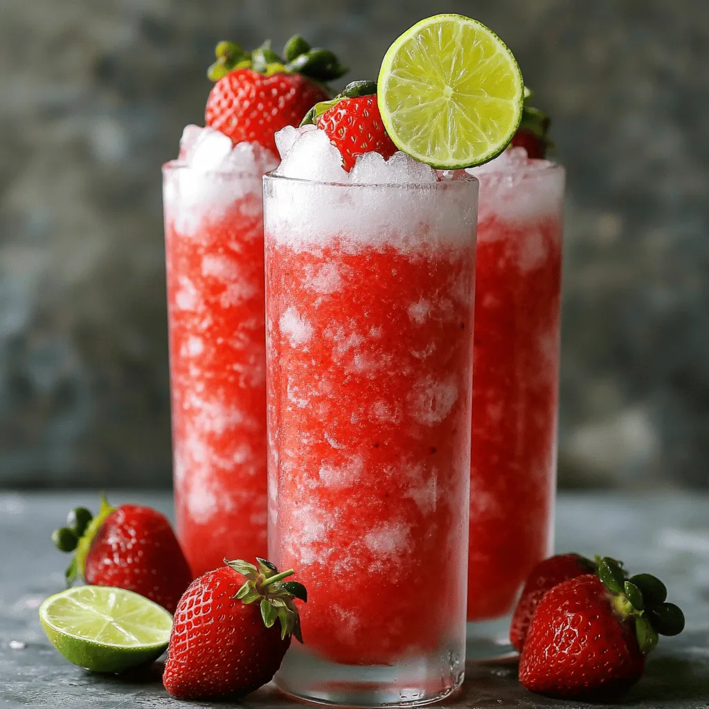 - Fresh strawberries - Coconut water - Sweetener options (honey, agave syrup) - Fresh lime juice - Ice cubes To make a delicious Healthy Strawberry Slushie, you need just a few fresh ingredients. The star of the show is the fresh strawberries. Choose ripe, sweet strawberries for the best flavor. You will need two cups, hulled and sliced. Next, grab one cup of coconut water. This adds a light, sweet taste and keeps the drink refreshing. For sweetness, you can use honey or agave syrup. One tablespoon should be enough, but feel free to adjust it to your taste. Fresh lime juice gives your slushie a zesty kick, so don't skip this step. You’ll need one tablespoon of lime juice. Lastly, ice cubes are a must. You need one cup to achieve that slush-like texture. This blend of ingredients makes a perfect summer drink that is both tasty and healthy. For the full recipe, check out the instructions and tips later in the article. To make a healthy strawberry slushie, start with fresh strawberries. First, wash them well. Then, remove the green tops and slice the strawberries. This makes blending easier. Next, it’s time to blend. In your blender, add the cut strawberries. Pour in the coconut water and lime juice. If you want it sweeter, add honey. Blend everything on high until smooth. You should see a bright, red mix without chunks. Now, for the slushie texture, add ice cubes. Pulse the blender a few times. This will crush the ice. Keep blending until the mix is thick and slushy. After blending, taste your slushie. If it needs more sweetness, add a bit more honey. Blend briefly again to mix it well. Finally, pour the slushie into chilled glasses. Serve right away to keep that icy feel. Enjoy your refreshing drink! For the complete process, check the Full Recipe. If you want a vegan slushie, skip the honey. Use agave syrup instead. Agave gives sweetness without animal products. You can also try maple syrup for a different flavor. For more plant-based fun, add a splash of almond milk. This will make your slushie creamy and rich. You can make this slushie sugar-free easily. Try using stevia or erythritol as sweeteners. These won't add sugar but will still make your drink sweet. You can also mix in other fruits like blueberries or raspberries for natural sweetness. Each fruit brings a new flavor twist. Want to spice things up? Add mint or basil to your slushie. Just a few leaves can bring a fresh taste. You can also mix strawberries with other fruits like mango or peach. Experimenting makes it fun and tasty. Try different combos to find your favorite mix. {{image_4}} To keep your slushie fresh, store any leftovers in a sealed container in the fridge. It will stay good for up to two days. If you want to save it longer, try freezing it. Pour the slushie into an ice cube tray or a freezer-safe container. This way, you can enjoy it later on hot days. If you freeze your slushie, you might notice a change in texture. To restore it, take the container out of the freezer. Let it thaw for about 15 minutes at room temperature. Then, blend it again until it’s smooth. This should bring back that perfect slushie texture. For thawing, avoid the microwave. Instead, let it sit out to warm up a bit. This method keeps the taste and texture just right. Enjoy your refreshing strawberry slushie anytime! You can use several liquids instead of coconut water. Some good choices are plain water, almond milk, or yogurt. Each option will change the taste a bit. For example, water keeps it light, while almond milk adds creaminess. Yogurt gives a tangy flavor and thick texture. Choose what fits your taste best. Yes, you can prepare this slushie in advance. Blend all the ingredients and store the mixture in the freezer. Just keep it in an airtight container. When you're ready to enjoy, take it out and blend again. This will make sure it stays smooth. Strawberries are packed with nutrients. They contain vitamin C, which helps your immune system. They also have fiber, which is good for digestion. Eating strawberries may lower your heart disease risk. Plus, they have antioxidants that protect your body. Enjoying strawberries can help keep you healthy and energized. This slushie recipe uses fresh strawberries and coconut water for a tasty treat. We covered how to prepare your ingredients, blend them for a smooth texture, and customize your drink’s sweetness. You learned fun ways to present your slushie, try vegan options, and mix in new flavors. Enjoy your refreshing drink, and don’t be afraid to get creative. With some basic tips and tricks, you can make it your own. Try different fruits or garnishes and find your perfect blend. Refreshing your slushie game is just a blend away!
