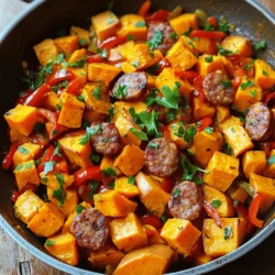 - Sweet potatoes - Andouille sausage - Vegetables (onion, red bell pepper, garlic) - Spices (smoked paprika, cayenne pepper, salt, pepper) - Olive oil - Garnish (fresh parsley) Choosing fresh ingredients makes a big difference. Look for sweet potatoes that feel heavy and firm. They should have smooth skin. Avoid any with dark spots or wrinkles. For the Andouille sausage, check the label for quality. A good sausage should have a spicy, smoky smell. Spice tolerance varies by person. Adjust the cayenne pepper to fit your taste. If you like it mild, start with less. You can always add more later. Always use fresh spices if possible, as they give the best flavor. Using high-quality olive oil enhances the dish's richness. Look for extra virgin olive oil for a deeper taste. Fresh parsley adds a nice touch at the end. It makes the dish look great and adds a fresh flavor. For the full recipe, check out the details above. - Start by peeling the sweet potatoes. Use a sharp peeler for ease. - Cut the sweet potatoes into ½-inch dice. Keep them uniform for even cooking. - Slice the Andouille sausage into rounds. This helps it brown nicely. - Chop the onion and red bell pepper. Mince the garlic as well. - Heat a large skillet over medium heat. Add olive oil and let it shimmer. - Toss in the diced sweet potatoes. Sauté them for about 10 minutes. Stir often until they turn golden. - Once the sweet potatoes soften, push them to one side. Add the sliced sausage to the other side. Cook for 5-7 minutes until browned. - Mix in the chopped onion, bell pepper, and garlic. Stir well to combine everything evenly. - Sprinkle smoked paprika and cayenne pepper over the mix. Stir thoroughly for even flavor. - Cook for another 5-7 minutes. Make sure all veggies are tender and heated. - Season with salt and pepper to taste. Toss everything to ensure even seasoning. - Remove from heat and let it sit for a minute. This step helps the flavors meld beautifully. For the full recipe, check the earlier section. Enjoy your cooking! For perfect sweet potatoes, cut them into even ½-inch dice. This way, they cook evenly. Sauté them in hot olive oil until they soften. Look for a light golden color. This shows they are ready. For the sausage, slice it thinly. This helps it brown nicely. Cook it separately in the skillet for about 5-7 minutes. Stir it gently to get all sides browned. Pair your dish with fresh greens or a simple salad. A light vinaigrette goes well. You can also serve it with bread to soak up juices. For drinks, a cold iced tea or lemonade works best. When you serve it, use a large platter. It looks great when you spread everything out. Garnish with fresh parsley for a pop of color. To save time, peel and dice sweet potatoes the night before. Keep them in water to prevent browning. You can also slice the sausage and chop veggies ahead of time. This cuts down on prep time. For meal prep, cook a double batch of this dish. Store leftovers in the fridge for easy lunches or dinners later. {{image_4}} You can easily swap out the Andouille sausage for other types. Try chicken sausage or turkey sausage for a lighter option. If you want a plant-based choice, use tempeh or mushrooms for added texture. You can also include different vegetables. Zucchini, carrots, or even kale can add great flavor and color. You can adjust the spice levels to fit your taste. If you like it mild, skip the cayenne pepper. Instead, try sweet paprika for a gentle flavor. On the other hand, if you crave heat, add more cayenne or even some chili powder. To boost flavor, mix in herbs like thyme or rosemary. Fresh herbs can bring a fresh twist to the dish. To make this dish vegan or vegetarian, simply omit the sausage. Add more veggies and some beans for protein. Black beans or chickpeas work great. For gluten-free options, this recipe is already gluten-free. Just check the sausage label to ensure it meets your needs. Enjoy the dish without worrying about gluten! To keep your sweet potatoes and Andouille sausage dish fresh, store leftovers in an airtight container. This will help keep out moisture and odors. Place the container in the fridge. This dish lasts about 3-4 days in the refrigerator. Always check for any signs of spoilage before eating. You can reheat this dish in several ways: - Microwave: Place a serving in a microwave-safe dish. Cover it with a microwave-safe lid or wrap. Heat for 1-2 minutes, stirring halfway through. This method keeps the flavors intact. - Stovetop: Heat a skillet over medium heat. Add a splash of olive oil to prevent sticking. Add the leftover dish and stir occasionally until warmed through. This method helps maintain texture better than the microwave. If you want to save some for later, you can freeze this dish. Here are some tips: - Tips for freezing: Allow the dish to cool completely first. Then, transfer it to a freezer-safe container or bag. Make sure to remove as much air as possible to prevent freezer burn. Label the container with the date before freezing. - Thawing and reheating frozen portions: To enjoy later, take the container out of the freezer. Thaw it in the fridge overnight or use the microwave on the defrost setting. Reheat using one of the methods above to restore the great taste of the dish. For the full recipe, check out the details above. How do I know when sweet potatoes are cooked properly? You can tell sweet potatoes are cooked when they are soft and tender. A fork should slide in easily. This usually takes about 15 minutes of cooking. Keep an eye on them to avoid overcooking. Can I make this dish ahead of time? Yes, you can make this dish ahead of time. Cook it fully and let it cool. Store it in the fridge for up to three days. Reheat it gently on the stove before serving. This enhances the flavors too. What is Andouille sausage and how is it different from other sausages? Andouille sausage is a smoked sausage made from pork. It has a spicy and smoky flavor. This sausage is key to Cajun and Creole dishes. Unlike other sausages, it has a coarser texture and distinct seasoning. Can I use other types of potatoes for this recipe? You can use other types of potatoes, but the taste will change. Russet or Yukon Gold potatoes work well. They will give a different texture and flavor, but may not be as sweet. How can I adjust the spiciness of this dish? To adjust spiciness, change the amount of cayenne pepper. Start with less, then add more if needed. Taste as you go to find your perfect heat level. You can also use milder sausage for less heat. What are some good sides to pair with Sweet Potatoes & Andouille Sausage? Good sides include a fresh green salad or steamed broccoli. Rice or cornbread also pair nicely. These sides balance the meal and add more color to your plate. This recipe combines sweet potatoes and Andouille sausage for a tasty meal. We covered ingredients, cooking steps, and helpful tips for the best results. Remember to choose fresh ingredients for great taste. Feel free to adjust spices to suit your taste. Use this guide to make a delicious dish that fits your preferences. Enjoy your cooking and sharing this meal with others!