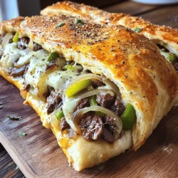 - 1 pound pizza dough (store-bought or homemade) - 1/2 pound ribeye steak, thinly sliced against the grain - 1 medium onion, thinly sliced - 1 green bell pepper, thinly sliced - 2 cups provolone cheese, shredded - 2 tablespoons olive oil, divided - 2 cloves garlic, minced - 1 teaspoon Worcestershire sauce - Salt and freshly ground black pepper, to taste - 1 egg, beaten (for egg wash) - 1 tablespoon Italian seasoning (optional) For a great Philly cheesesteak stromboli, you need fresh, quality ingredients. The right pizza dough gives you that perfect crust. I often use store-bought for ease, but homemade is great too. Ribeye steak is the star here. It offers rich flavor and tenderness. Slice it thin against the grain for the best bite. Next, the vegetables! Onions and bell peppers add sweetness and crunch. Don't forget garlic—it brings depth to your filling. Provolone cheese melts beautifully and adds that gooey texture we love. Seasonings like Worcestershire sauce and salt bring everything together. They enhance the natural flavors of the meat and veggies. - Italian seasoning, marinara sauce for serving While the main ingredients shine, optional ones can elevate your dish. I like to sprinkle Italian seasoning on top for extra flavor. A side of marinara sauce makes for a tasty dip. These little touches can make your stromboli even better! For the full recipe, check the link. - Preheat your oven to 400°F (200°C). - Line a baking sheet with parchment paper to avoid sticking. - In a large skillet, heat 1 tablespoon of olive oil over medium-high heat. - Add the thinly sliced ribeye steak. - Season it with salt, pepper, and Worcestershire sauce. - Sauté for about 2-3 minutes until it is browned but still slightly rare. - Remove the steak from the skillet and set it aside on a plate. - Without cleaning the skillet, add the remaining tablespoon of olive oil. - Once hot, add the sliced onions and green bell peppers. - Add the minced garlic at this time too. - Sauté the mixture for 5-7 minutes, stirring occasionally. - Cook until the vegetables are tender and slightly caramelized. - Return the steak to the skillet with the sautéed vegetables. - Stir to combine everything well. - Allow it to cook together for another 2 minutes. - Take the skillet off the heat. - Add the shredded provolone cheese to the steak-vegetable mix. - Stir until the cheese is melted and everything is evenly mixed. - On a lightly floured surface, roll out the pizza dough into a rectangle. - Aim for about 14x10 inches in size. - Spoon the steak and cheese mixture down the center of the dough. - Leave about an inch of space on either side. - Carefully fold the sides of the dough over the filling. - Roll up the dough tightly like a burrito. - Pinch the ends of the dough to seal it securely. - Place the stromboli seam-side down on the prepared baking sheet. - Brush the top with the beaten egg for a golden finish. - If you like, sprinkle some Italian seasoning on top. - Bake for 25-30 minutes until golden brown and fully cooked. - Once baked, let it cool for a few minutes. - Slice it into generous portions and serve warm. For the full recipe, don't forget to check the ingredients and instructions for a delicious experience! For a tasty Philly cheesesteak, use great seasonings. Always season the steak well. Add salt and black pepper to the meat while cooking. Worcestershire sauce adds depth. You can also sprinkle in some Italian seasoning for extra flavor. For the veggies, a pinch of salt will help bring out their sweetness. This mix will create a rich taste in every bite. Rolling and sealing your dough is key to a great Stromboli. Start by lightly flouring your surface. This keeps the dough from sticking. Roll your pizza dough into a big rectangle, about 14x10 inches. Next, place your filling down the center. Leave about an inch of space on each side. When you fold the sides over, do it gently. Then, roll the dough tightly like a burrito. Pinch the ends well to keep the filling inside. A beautiful Stromboli makes it even more fun to eat! After baking, let it cool for a few minutes. This helps set the filling. Slice it into big pieces to showcase that cheesy goodness. For a finishing touch, brush a little olive oil on top before baking. You can also sprinkle some Italian seasoning for color and flavor. Serve it with warm marinara sauce for dipping. It not only looks good but tastes amazing too. {{image_4}} You can change the meat and cheese for your Stromboli. Try chicken, pork, or turkey instead of ribeye. Each meat gives a different taste. For cheese, swap provolone for mozzarella or cheddar. Mixing cheeses can add more flavor. Don't forget to add spices to match your choice of meat! To make a veggie Stromboli, skip the meat. Use mushrooms, zucchini, and spinach for a hearty mix. Add plenty of cheese for creaminess. You can also use plant-based cheese for a dairy-free option. Season well with salt, pepper, and Italian herbs for a tasty twist. Different places have their own styles of Stromboli. In some areas, you might find Stromboli filled with pepperoni and mozzarella. Others may use ricotta and spinach. Each region brings unique flavors and ingredients. Explore these styles to find your favorite combination. To store leftover Stromboli, wrap it tightly in plastic wrap or foil. This keeps it fresh. Place it in an airtight container to avoid moisture loss. You can store it in the fridge for up to 3 days. When you're ready to eat, just take it out and reheat. If you want to freeze Stromboli, let it cool completely first. Wrap it in plastic wrap, then foil. This helps prevent freezer burn. You can freeze it for up to 3 months. When you want to enjoy it again, just thaw it in the fridge overnight before reheating. To reheat Stromboli for the best texture and taste, preheat your oven to 350°F (175°C). Place the Stromboli on a baking sheet and cover it loosely with foil. Heat for about 15-20 minutes. This keeps it moist and warm without drying out. For a crispier crust, remove the foil for the last 5 minutes of heating. Enjoy your delicious leftovers! To make pizza dough, you need a few simple ingredients. Start with: - 2 cups all-purpose flour - 1 packet (2 ¼ teaspoons) instant yeast - 1 teaspoon salt - ¾ cup warm water - 1 tablespoon olive oil 1. Mix the dry ingredients in a bowl. 2. Add the warm water and olive oil. 3. Stir until a dough forms. 4. Knead the dough on a floured surface for about 5 minutes. 5. Let it rise for 30 minutes in a warm place, covered with a cloth. This dough is easy and quick to make. You can use it right away or store it for later. Yes, you can use other cuts of steak. If you can't find ribeye, here are some options: - Sirloin - Flank steak - Chuck roast Each cut has its unique flavor and texture. Sirloin is leaner, while flank steak can add a nice chew. Just slice them thinly against the grain for the best result. Dipping sauces can enhance your Stromboli experience. Here are a few great options: - Marinara sauce - Garlic butter - Ranch dressing - Cheese sauce These sauces add flavor and richness. You can try different sauces based on your taste preferences. Stromboli can last in the fridge for about 3 to 4 days. To keep it fresh: - Wrap it tightly in plastic wrap or foil. - Store it in an airtight container. This helps maintain its taste and texture. If you want to keep it longer, consider freezing it for up to 3 months. This blog post covers making a delicious stromboli with ribeye steak, peppers, and cheese. You learned how to prepare the ingredients, cook them, and form the stromboli before baking it. I shared tips for flavor, dough handling, and making your dish look great. You also saw variations to try and how to store leftovers. Now, all that's left is to gather your ingredients and enjoy this tasty dish. Happy cooking!