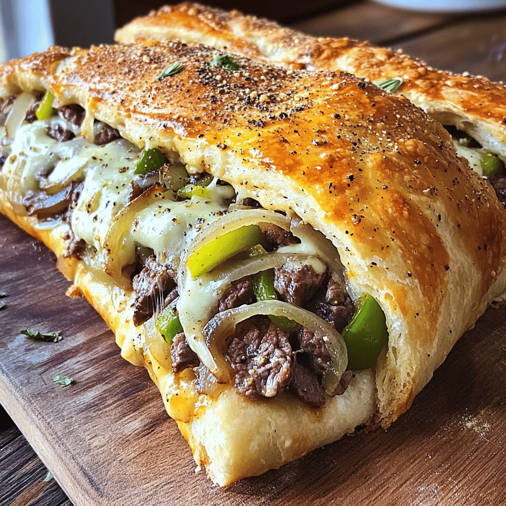 - 1 pound pizza dough (store-bought or homemade) - 1/2 pound ribeye steak, thinly sliced against the grain - 1 medium onion, thinly sliced - 1 green bell pepper, thinly sliced - 2 cups provolone cheese, shredded - 2 tablespoons olive oil, divided - 2 cloves garlic, minced - 1 teaspoon Worcestershire sauce - Salt and freshly ground black pepper, to taste - 1 egg, beaten (for egg wash) - 1 tablespoon Italian seasoning (optional) For a great Philly cheesesteak stromboli, you need fresh, quality ingredients. The right pizza dough gives you that perfect crust. I often use store-bought for ease, but homemade is great too. Ribeye steak is the star here. It offers rich flavor and tenderness. Slice it thin against the grain for the best bite. Next, the vegetables! Onions and bell peppers add sweetness and crunch. Don't forget garlic—it brings depth to your filling. Provolone cheese melts beautifully and adds that gooey texture we love. Seasonings like Worcestershire sauce and salt bring everything together. They enhance the natural flavors of the meat and veggies. - Italian seasoning, marinara sauce for serving While the main ingredients shine, optional ones can elevate your dish. I like to sprinkle Italian seasoning on top for extra flavor. A side of marinara sauce makes for a tasty dip. These little touches can make your stromboli even better! For the full recipe, check the link. - Preheat your oven to 400°F (200°C). - Line a baking sheet with parchment paper to avoid sticking. - In a large skillet, heat 1 tablespoon of olive oil over medium-high heat. - Add the thinly sliced ribeye steak. - Season it with salt, pepper, and Worcestershire sauce. - Sauté for about 2-3 minutes until it is browned but still slightly rare. - Remove the steak from the skillet and set it aside on a plate. - Without cleaning the skillet, add the remaining tablespoon of olive oil. - Once hot, add the sliced onions and green bell peppers. - Add the minced garlic at this time too. - Sauté the mixture for 5-7 minutes, stirring occasionally. - Cook until the vegetables are tender and slightly caramelized. - Return the steak to the skillet with the sautéed vegetables. - Stir to combine everything well. - Allow it to cook together for another 2 minutes. - Take the skillet off the heat. - Add the shredded provolone cheese to the steak-vegetable mix. - Stir until the cheese is melted and everything is evenly mixed. - On a lightly floured surface, roll out the pizza dough into a rectangle. - Aim for about 14x10 inches in size. - Spoon the steak and cheese mixture down the center of the dough. - Leave about an inch of space on either side. - Carefully fold the sides of the dough over the filling. - Roll up the dough tightly like a burrito. - Pinch the ends of the dough to seal it securely. - Place the stromboli seam-side down on the prepared baking sheet. - Brush the top with the beaten egg for a golden finish. - If you like, sprinkle some Italian seasoning on top. - Bake for 25-30 minutes until golden brown and fully cooked. - Once baked, let it cool for a few minutes. - Slice it into generous portions and serve warm. For the full recipe, don't forget to check the ingredients and instructions for a delicious experience! For a tasty Philly cheesesteak, use great seasonings. Always season the steak well. Add salt and black pepper to the meat while cooking. Worcestershire sauce adds depth. You can also sprinkle in some Italian seasoning for extra flavor. For the veggies, a pinch of salt will help bring out their sweetness. This mix will create a rich taste in every bite. Rolling and sealing your dough is key to a great Stromboli. Start by lightly flouring your surface. This keeps the dough from sticking. Roll your pizza dough into a big rectangle, about 14x10 inches. Next, place your filling down the center. Leave about an inch of space on each side. When you fold the sides over, do it gently. Then, roll the dough tightly like a burrito. Pinch the ends well to keep the filling inside. A beautiful Stromboli makes it even more fun to eat! After baking, let it cool for a few minutes. This helps set the filling. Slice it into big pieces to showcase that cheesy goodness. For a finishing touch, brush a little olive oil on top before baking. You can also sprinkle some Italian seasoning for color and flavor. Serve it with warm marinara sauce for dipping. It not only looks good but tastes amazing too. {{image_4}} You can change the meat and cheese for your Stromboli. Try chicken, pork, or turkey instead of ribeye. Each meat gives a different taste. For cheese, swap provolone for mozzarella or cheddar. Mixing cheeses can add more flavor. Don't forget to add spices to match your choice of meat! To make a veggie Stromboli, skip the meat. Use mushrooms, zucchini, and spinach for a hearty mix. Add plenty of cheese for creaminess. You can also use plant-based cheese for a dairy-free option. Season well with salt, pepper, and Italian herbs for a tasty twist. Different places have their own styles of Stromboli. In some areas, you might find Stromboli filled with pepperoni and mozzarella. Others may use ricotta and spinach. Each region brings unique flavors and ingredients. Explore these styles to find your favorite combination. To store leftover Stromboli, wrap it tightly in plastic wrap or foil. This keeps it fresh. Place it in an airtight container to avoid moisture loss. You can store it in the fridge for up to 3 days. When you're ready to eat, just take it out and reheat. If you want to freeze Stromboli, let it cool completely first. Wrap it in plastic wrap, then foil. This helps prevent freezer burn. You can freeze it for up to 3 months. When you want to enjoy it again, just thaw it in the fridge overnight before reheating. To reheat Stromboli for the best texture and taste, preheat your oven to 350°F (175°C). Place the Stromboli on a baking sheet and cover it loosely with foil. Heat for about 15-20 minutes. This keeps it moist and warm without drying out. For a crispier crust, remove the foil for the last 5 minutes of heating. Enjoy your delicious leftovers! To make pizza dough, you need a few simple ingredients. Start with: - 2 cups all-purpose flour - 1 packet (2 ¼ teaspoons) instant yeast - 1 teaspoon salt - ¾ cup warm water - 1 tablespoon olive oil 1. Mix the dry ingredients in a bowl. 2. Add the warm water and olive oil. 3. Stir until a dough forms. 4. Knead the dough on a floured surface for about 5 minutes. 5. Let it rise for 30 minutes in a warm place, covered with a cloth. This dough is easy and quick to make. You can use it right away or store it for later. Yes, you can use other cuts of steak. If you can't find ribeye, here are some options: - Sirloin - Flank steak - Chuck roast Each cut has its unique flavor and texture. Sirloin is leaner, while flank steak can add a nice chew. Just slice them thinly against the grain for the best result. Dipping sauces can enhance your Stromboli experience. Here are a few great options: - Marinara sauce - Garlic butter - Ranch dressing - Cheese sauce These sauces add flavor and richness. You can try different sauces based on your taste preferences. Stromboli can last in the fridge for about 3 to 4 days. To keep it fresh: - Wrap it tightly in plastic wrap or foil. - Store it in an airtight container. This helps maintain its taste and texture. If you want to keep it longer, consider freezing it for up to 3 months. This blog post covers making a delicious stromboli with ribeye steak, peppers, and cheese. You learned how to prepare the ingredients, cook them, and form the stromboli before baking it. I shared tips for flavor, dough handling, and making your dish look great. You also saw variations to try and how to store leftovers. Now, all that's left is to gather your ingredients and enjoy this tasty dish. Happy cooking!