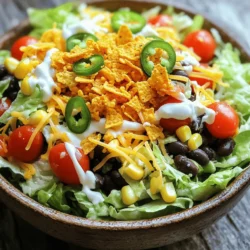 This recipe makes a tasty, colorful salad that is quick to prepare. You will need: - 4 ounces Nacho Cheese Doritos, crushed - 1 pound ground beef (or substitute with ground turkey) - 1 packet taco seasoning mix - 1 cup shredded lettuce - 1 cup cherry tomatoes, halved - 1 cup black beans, rinsed and drained - 1 cup corn kernels (fresh or frozen) - 1 cup shredded cheddar cheese - ½ cup sour cream - ¼ cup salsa - 2 green onions, sliced thinly - Jalapeño slices for extra heat - Avocado for creaminess - Cilantro for freshness - Lime wedges for a zesty finish These ingredients bring great flavor and texture to your Doritos taco salad. Each item adds its own twist, making this dish fun and delicious. To make a Doritos taco salad, start by gathering your ingredients. You need a few fresh items and some pantry staples. The key steps are cooking the meat and mixing everything together. First, heat a medium skillet over medium heat. Add one pound of ground beef or turkey. Cook until the meat is browned, which takes about 7 to 10 minutes. Drain the extra fat to keep it light. Next, sprinkle on the taco seasoning. Pour in 2/3 cup of water and mix well. Let this simmer for about 5 minutes. The sauce will thicken and smell amazing! While the meat cooks, grab a large mixing bowl. Add 1 cup of shredded lettuce, 1 cup of halved cherry tomatoes, 1 cup of black beans, and 1 cup of corn. Toss these together gently until mixed. Now, let the cooked meat cool slightly. Then, fold it into the bowl with the veggies. Next, add the crushed Doritos, 1 cup of shredded cheddar cheese, and 2 sliced green onions. Toss carefully to keep the chips whole. Finally, drizzle ½ cup of sour cream and ¼ cup of salsa on top. Give it one last gentle toss. You can garnish with more green onions or jalapeño slices if you like. Serve your salad right away for the best crunch. For the full recipe, check out the previous section. To keep your Doritos crunchy, add them last. This way, they stay crispy. If you mix them in too early, they will get soggy. Serve the salad right away after you mix in the chips. If you plan to chill it, store the Doritos separately. Add them just before serving for that perfect crunch. You can boost the flavor of your salad easily. Try adding some spices like cumin or chili powder to the ground meat. You can also mix lime juice into the sour cream for a zesty twist. Fresh cilantro is a great addition too. A sprinkle of it on top can heighten all the flavors. For heat, add diced jalapeños or a dash of hot sauce. Serve your Doritos taco salad in a big bowl for sharing. Layer the ingredients for a colorful look. Place extra salsa and sour cream on the side for guests to enjoy. You can also use individual cups for a fun party treat. This makes serving easy and keeps everything neat. {{image_4}} You can easily make a vegetarian version of Doritos Taco Salad. Just swap the ground beef for a mix of sautéed vegetables or plant-based protein. I recommend using black beans or lentils for a hearty texture. You can also add diced bell peppers, corn, and zucchini to boost flavors and nutrients. This way, you keep the crunch while making it meat-free. If you have dietary restrictions, there are plenty of swaps you can make. For a gluten-free version, use gluten-free tortilla chips instead of Doritos. If you're dairy-free, try dairy-free cheese and sour cream alternatives. You can also use avocado instead of sour cream for a creamy texture. These swaps keep the essence of the dish while catering to your needs. The dressing can change the whole vibe of your salad. Instead of sour cream and salsa, try a zesty lime vinaigrette. Mix lime juice, olive oil, and a bit of honey for sweetness. You can also use ranch dressing or a spicy chipotle dressing for an exciting twist. Each option adds new layers of flavor to your taco salad. For a full recipe, check out the details above! To store leftovers, place the salad in an airtight container. Make sure to separate the Doritos from the salad. This keeps them crunchy longer. You can store the salad mix in the fridge for up to three days. You don’t really need to reheat this salad. It tastes best cold. If you want to warm it, heat just the meat. Place it in a pan over medium heat until hot. Do not reheat the whole salad, as it will make the Doritos soggy. The salad will stay fresh in the fridge for about three days. After that, the veggies may lose their crispness. Always check for any signs of spoilage before eating. If it smells off or looks strange, throw it away. Enjoy your Doritos taco salad while it’s fresh for the best taste! For the full recipe, check out the details above! Yes, you can prepare parts of the salad ahead. Cook the meat and mix it with the taco seasoning. Store it in the fridge for up to two days. Chop your veggies and keep them in separate containers. When you're ready to serve, combine everything. Add the Doritos just before serving to keep them crunchy. You can use ground turkey or chicken for a lighter option. If you want a vegetarian dish, try black beans or lentils. You can also use crumbled tofu or tempeh for a plant-based protein. Each option adds a different flavor and texture to the salad. To make this salad healthier, consider these tips: - Use lean ground turkey or chicken instead of beef. - Add more veggies like bell peppers or avocado. - Use Greek yogurt instead of sour cream. - Choose low-sodium taco seasoning to cut back on salt. - Serve it with a side of fresh fruit instead of chips. For the full recipe of Doritos Taco Salad, refer to the earlier sections. This blog post covered how to make a tasty Doritos Taco Salad. We explored the key ingredients, from essential items to fun toppings. I shared simple steps to prepare and cook. Plus, I included helpful tips to keep your Doritos crunchy. We even looked at variations, storage tips, and answers to common questions. In the end, this salad is easy, fun, and flexible. You can make it your own! Enjoy creating this dish for a crowd or a cozy night in.