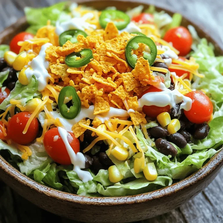 This recipe makes a tasty, colorful salad that is quick to prepare. You will need: - 4 ounces Nacho Cheese Doritos, crushed - 1 pound ground beef (or substitute with ground turkey) - 1 packet taco seasoning mix - 1 cup shredded lettuce - 1 cup cherry tomatoes, halved - 1 cup black beans, rinsed and drained - 1 cup corn kernels (fresh or frozen) - 1 cup shredded cheddar cheese - ½ cup sour cream - ¼ cup salsa - 2 green onions, sliced thinly - Jalapeño slices for extra heat - Avocado for creaminess - Cilantro for freshness - Lime wedges for a zesty finish These ingredients bring great flavor and texture to your Doritos taco salad. Each item adds its own twist, making this dish fun and delicious. To make a Doritos taco salad, start by gathering your ingredients. You need a few fresh items and some pantry staples. The key steps are cooking the meat and mixing everything together. First, heat a medium skillet over medium heat. Add one pound of ground beef or turkey. Cook until the meat is browned, which takes about 7 to 10 minutes. Drain the extra fat to keep it light. Next, sprinkle on the taco seasoning. Pour in 2/3 cup of water and mix well. Let this simmer for about 5 minutes. The sauce will thicken and smell amazing! While the meat cooks, grab a large mixing bowl. Add 1 cup of shredded lettuce, 1 cup of halved cherry tomatoes, 1 cup of black beans, and 1 cup of corn. Toss these together gently until mixed. Now, let the cooked meat cool slightly. Then, fold it into the bowl with the veggies. Next, add the crushed Doritos, 1 cup of shredded cheddar cheese, and 2 sliced green onions. Toss carefully to keep the chips whole. Finally, drizzle ½ cup of sour cream and ¼ cup of salsa on top. Give it one last gentle toss. You can garnish with more green onions or jalapeño slices if you like. Serve your salad right away for the best crunch. For the full recipe, check out the previous section. To keep your Doritos crunchy, add them last. This way, they stay crispy. If you mix them in too early, they will get soggy. Serve the salad right away after you mix in the chips. If you plan to chill it, store the Doritos separately. Add them just before serving for that perfect crunch. You can boost the flavor of your salad easily. Try adding some spices like cumin or chili powder to the ground meat. You can also mix lime juice into the sour cream for a zesty twist. Fresh cilantro is a great addition too. A sprinkle of it on top can heighten all the flavors. For heat, add diced jalapeños or a dash of hot sauce. Serve your Doritos taco salad in a big bowl for sharing. Layer the ingredients for a colorful look. Place extra salsa and sour cream on the side for guests to enjoy. You can also use individual cups for a fun party treat. This makes serving easy and keeps everything neat. {{image_4}} You can easily make a vegetarian version of Doritos Taco Salad. Just swap the ground beef for a mix of sautéed vegetables or plant-based protein. I recommend using black beans or lentils for a hearty texture. You can also add diced bell peppers, corn, and zucchini to boost flavors and nutrients. This way, you keep the crunch while making it meat-free. If you have dietary restrictions, there are plenty of swaps you can make. For a gluten-free version, use gluten-free tortilla chips instead of Doritos. If you're dairy-free, try dairy-free cheese and sour cream alternatives. You can also use avocado instead of sour cream for a creamy texture. These swaps keep the essence of the dish while catering to your needs. The dressing can change the whole vibe of your salad. Instead of sour cream and salsa, try a zesty lime vinaigrette. Mix lime juice, olive oil, and a bit of honey for sweetness. You can also use ranch dressing or a spicy chipotle dressing for an exciting twist. Each option adds new layers of flavor to your taco salad. For a full recipe, check out the details above! To store leftovers, place the salad in an airtight container. Make sure to separate the Doritos from the salad. This keeps them crunchy longer. You can store the salad mix in the fridge for up to three days. You don’t really need to reheat this salad. It tastes best cold. If you want to warm it, heat just the meat. Place it in a pan over medium heat until hot. Do not reheat the whole salad, as it will make the Doritos soggy. The salad will stay fresh in the fridge for about three days. After that, the veggies may lose their crispness. Always check for any signs of spoilage before eating. If it smells off or looks strange, throw it away. Enjoy your Doritos taco salad while it’s fresh for the best taste! For the full recipe, check out the details above! Yes, you can prepare parts of the salad ahead. Cook the meat and mix it with the taco seasoning. Store it in the fridge for up to two days. Chop your veggies and keep them in separate containers. When you're ready to serve, combine everything. Add the Doritos just before serving to keep them crunchy. You can use ground turkey or chicken for a lighter option. If you want a vegetarian dish, try black beans or lentils. You can also use crumbled tofu or tempeh for a plant-based protein. Each option adds a different flavor and texture to the salad. To make this salad healthier, consider these tips: - Use lean ground turkey or chicken instead of beef. - Add more veggies like bell peppers or avocado. - Use Greek yogurt instead of sour cream. - Choose low-sodium taco seasoning to cut back on salt. - Serve it with a side of fresh fruit instead of chips. For the full recipe of Doritos Taco Salad, refer to the earlier sections. This blog post covered how to make a tasty Doritos Taco Salad. We explored the key ingredients, from essential items to fun toppings. I shared simple steps to prepare and cook. Plus, I included helpful tips to keep your Doritos crunchy. We even looked at variations, storage tips, and answers to common questions. In the end, this salad is easy, fun, and flexible. You can make it your own! Enjoy creating this dish for a crowd or a cozy night in.