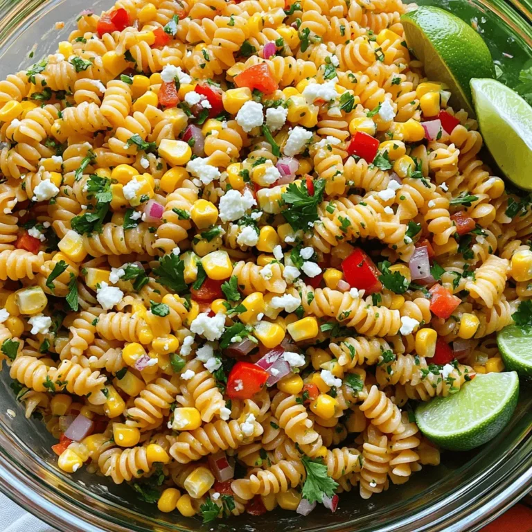 To make a great Mexican street corn pasta salad, you need a few key items. Here’s what you'll need: - 2 cups elbow pasta - 1 cup corn kernels (can be fresh, frozen, or canned) - 1/2 red bell pepper, diced - 1/2 cup red onion, finely chopped - 1 jalapeño, seeds removed and minced These ingredients form the base of the salad. The pasta gives it structure, while the corn adds sweetness. The bell pepper and red onion provide crunch and flavor. The jalapeño adds a hint of heat, making each bite exciting. Now, let’s talk about the dressing. A creamy dressing brings everything together. Here’s what you will need: - 3 tablespoons mayonnaise - 2 tablespoons Greek yogurt - 1 tablespoon lime juice - 1 teaspoon chili powder - Salt and black pepper to taste Mixing mayonnaise with Greek yogurt makes the dressing rich yet light. Lime juice brightens the flavors. Chili powder adds a nice kick. Adjust the salt and pepper to match your taste. Want to take your salad up a notch? Consider adding these optional ingredients: - 1/2 cup feta cheese, crumbled - 1/4 cup fresh cilantro, chopped - Lime wedges for serving Feta cheese adds a salty, creamy touch. Fresh cilantro gives it a pop of color and flavor. Lime wedges make for a great finishing touch. You can squeeze some over the salad before eating for extra zest. For the full recipe, just click [Full Recipe]. Enjoy making your delicious Mexican street corn pasta salad! First, grab a large pot and fill it with salted water. Bring that water to a boil. Once it’s boiling, add the elbow pasta. Cook it until it’s al dente, usually about 8-10 minutes. Al dente means it should still have a slight bite to it. After cooking, drain the pasta in a colander. Rinse it under cold water to stop the cooking. This also cools it down so it won't warm the other salad ingredients. You can use fresh, frozen, or canned corn for this salad. If you choose fresh corn, heat your grill to medium-high. Grill the corn for about 5-7 minutes. Turn it often so it cooks evenly and gets a nice char. If you use frozen corn, just warm it in the microwave or on the stovetop. For canned corn, drain and rinse it under cold water before adding it to the mix. In a large mixing bowl, combine the cooled pasta with the corn and other veggies. Add diced red bell pepper, finely chopped red onion, and minced jalapeño. Don’t forget the crumbled feta cheese! Stir gently to mix everything. You want to make sure all the ingredients are evenly spread out. Now it’s time to make the dressing. In a small bowl, whisk together mayonnaise, Greek yogurt, lime juice, chili powder, and a pinch of salt and pepper. Make sure it’s smooth and well mixed. Pour this dressing over your pasta and veggies. Use a spatula to toss everything together. Cover the bowl and chill it in the fridge for at least 30 minutes. This chilling time helps the flavors blend well. Before serving, fold in some fresh chopped cilantro. Taste and adjust seasoning if you need to. For the full recipe, check out the detailed instructions provided above. You can easily adjust this salad to fit your diet. If you are vegan, swap out the mayo and Greek yogurt for avocado or vegan mayo. You can also use nutritional yeast instead of feta cheese for a cheesy flavor. Feel free to add more veggies! I love adding cherry tomatoes, cucumbers, or even black beans for extra protein. You can also mix in grilled chicken or shrimp for more heartiness. Boost the flavor with spices! Try adding cumin or smoked paprika for a deeper taste. Fresh herbs like parsley or dill can also brighten the dish. Chilling the salad is key. Let it sit in the fridge for at least 30 minutes. This waiting time helps all the flavors mix well. You will taste the difference! Make your pasta salad look appealing by adding fresh cilantro on top. You can also sprinkle extra feta cheese for color and taste. For a fun serving idea, use small mason jars. Layer the salad and dressings inside for a picnic-ready meal. Not only does this look cute, but it also makes serving easy! You can find the full recipe for Mexican Street Corn Pasta Salad in the previous section. {{image_4}} You can switch up the pasta in this salad. Whole wheat pasta adds a nutty flavor and more fiber. Gluten-free pasta is great for those with dietary needs. Both options work well in this dish. Just make sure to cook it al dente, just like you would with regular elbow pasta. Feel free to get creative with your ingredients. For a vegan twist, use a plant-based mayo and skip the feta cheese. You can use nutritional yeast instead, which adds a cheesy flavor. You can also change the vegetables. Try adding diced cucumbers for crunch or cherry tomatoes for sweetness. Other great choices include black beans or avocado for extra creaminess. This pasta salad shines as a side dish. It pairs well with grilled chicken or shrimp. If you want, serve it alongside tacos for a fun meal. You can also enjoy it on its own as a light lunch. For more flavor, sprinkle some chili powder on top before serving. This dish is tasty, colorful, and perfect for summer. Check out the Full Recipe for all the details! To store leftovers of your Mexican Street Corn Pasta Salad, place it in an airtight container. This keeps the flavors fresh and prevents any odors from your fridge. Make sure the salad is cooled before sealing. I recommend using glass containers as they do not absorb odors and are easy to clean. Store the salad in the fridge. Can you freeze the pasta salad? Yes, you can freeze it, but I do not recommend it for best taste and texture. If you choose to freeze, put it in a freezer-safe container. Leave some space at the top, as the salad may expand while freezing. When you want to eat it, thaw it overnight in the fridge. How long can you keep the salad? In the fridge, the Mexican Street Corn Pasta Salad lasts about 3 to 5 days. Always check for any off smells or changes in texture before eating. If you notice any, it’s best to throw it away. Enjoy your salad fresh for the best taste! Yes, you can make this salad ahead of time. I recommend chilling it for at least 30 minutes. This time helps the flavors mix well. The longer it sits, the better it tastes. You can even make it a day before serving. Just keep it covered in the fridge. You can keep this salad in the fridge for up to three days. After that, it may start to lose quality. Look for signs of spoilage, like a sour smell or slimy texture. If it looks or smells off, it's best to throw it away. To reheat leftovers, use the microwave. Start with a low setting to avoid overcooking. Heat in short bursts, stirring often. This helps keep the pasta from getting mushy. You can also enjoy it cold, as the flavors stay great. This blog post walked you through making a delicious pasta salad. You learned about the main ingredients like elbow pasta and corn. We covered the dressing and options for extra flavor. I shared tips for customizing your salad and how to store leftovers. Pasta salad is versatile and easy to adapt. Try different vegetables or dressings to match your taste. Enjoy making it and impress your family or friends with your cooking skills!