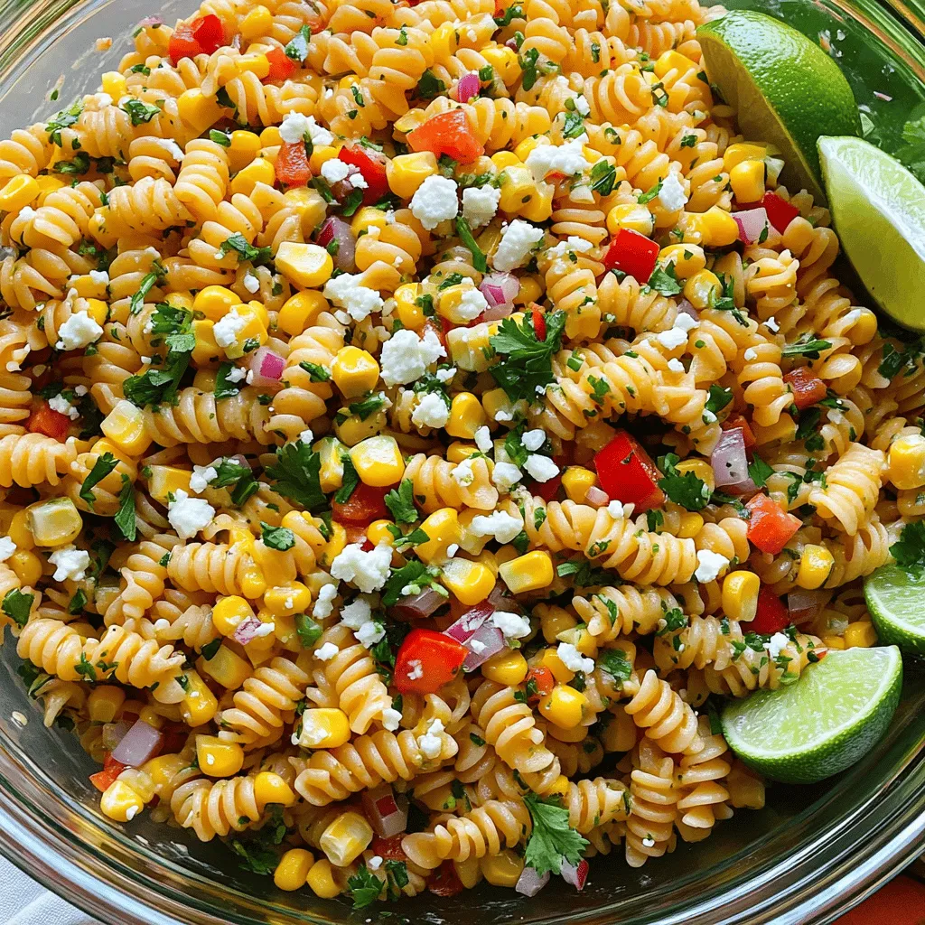 To make a great Mexican street corn pasta salad, you need a few key items. Here’s what you'll need: - 2 cups elbow pasta - 1 cup corn kernels (can be fresh, frozen, or canned) - 1/2 red bell pepper, diced - 1/2 cup red onion, finely chopped - 1 jalapeño, seeds removed and minced These ingredients form the base of the salad. The pasta gives it structure, while the corn adds sweetness. The bell pepper and red onion provide crunch and flavor. The jalapeño adds a hint of heat, making each bite exciting. Now, let’s talk about the dressing. A creamy dressing brings everything together. Here’s what you will need: - 3 tablespoons mayonnaise - 2 tablespoons Greek yogurt - 1 tablespoon lime juice - 1 teaspoon chili powder - Salt and black pepper to taste Mixing mayonnaise with Greek yogurt makes the dressing rich yet light. Lime juice brightens the flavors. Chili powder adds a nice kick. Adjust the salt and pepper to match your taste. Want to take your salad up a notch? Consider adding these optional ingredients: - 1/2 cup feta cheese, crumbled - 1/4 cup fresh cilantro, chopped - Lime wedges for serving Feta cheese adds a salty, creamy touch. Fresh cilantro gives it a pop of color and flavor. Lime wedges make for a great finishing touch. You can squeeze some over the salad before eating for extra zest. For the full recipe, just click [Full Recipe]. Enjoy making your delicious Mexican street corn pasta salad! First, grab a large pot and fill it with salted water. Bring that water to a boil. Once it’s boiling, add the elbow pasta. Cook it until it’s al dente, usually about 8-10 minutes. Al dente means it should still have a slight bite to it. After cooking, drain the pasta in a colander. Rinse it under cold water to stop the cooking. This also cools it down so it won't warm the other salad ingredients. You can use fresh, frozen, or canned corn for this salad. If you choose fresh corn, heat your grill to medium-high. Grill the corn for about 5-7 minutes. Turn it often so it cooks evenly and gets a nice char. If you use frozen corn, just warm it in the microwave or on the stovetop. For canned corn, drain and rinse it under cold water before adding it to the mix. In a large mixing bowl, combine the cooled pasta with the corn and other veggies. Add diced red bell pepper, finely chopped red onion, and minced jalapeño. Don’t forget the crumbled feta cheese! Stir gently to mix everything. You want to make sure all the ingredients are evenly spread out. Now it’s time to make the dressing. In a small bowl, whisk together mayonnaise, Greek yogurt, lime juice, chili powder, and a pinch of salt and pepper. Make sure it’s smooth and well mixed. Pour this dressing over your pasta and veggies. Use a spatula to toss everything together. Cover the bowl and chill it in the fridge for at least 30 minutes. This chilling time helps the flavors blend well. Before serving, fold in some fresh chopped cilantro. Taste and adjust seasoning if you need to. For the full recipe, check out the detailed instructions provided above. You can easily adjust this salad to fit your diet. If you are vegan, swap out the mayo and Greek yogurt for avocado or vegan mayo. You can also use nutritional yeast instead of feta cheese for a cheesy flavor. Feel free to add more veggies! I love adding cherry tomatoes, cucumbers, or even black beans for extra protein. You can also mix in grilled chicken or shrimp for more heartiness. Boost the flavor with spices! Try adding cumin or smoked paprika for a deeper taste. Fresh herbs like parsley or dill can also brighten the dish. Chilling the salad is key. Let it sit in the fridge for at least 30 minutes. This waiting time helps all the flavors mix well. You will taste the difference! Make your pasta salad look appealing by adding fresh cilantro on top. You can also sprinkle extra feta cheese for color and taste. For a fun serving idea, use small mason jars. Layer the salad and dressings inside for a picnic-ready meal. Not only does this look cute, but it also makes serving easy! You can find the full recipe for Mexican Street Corn Pasta Salad in the previous section. {{image_4}} You can switch up the pasta in this salad. Whole wheat pasta adds a nutty flavor and more fiber. Gluten-free pasta is great for those with dietary needs. Both options work well in this dish. Just make sure to cook it al dente, just like you would with regular elbow pasta. Feel free to get creative with your ingredients. For a vegan twist, use a plant-based mayo and skip the feta cheese. You can use nutritional yeast instead, which adds a cheesy flavor. You can also change the vegetables. Try adding diced cucumbers for crunch or cherry tomatoes for sweetness. Other great choices include black beans or avocado for extra creaminess. This pasta salad shines as a side dish. It pairs well with grilled chicken or shrimp. If you want, serve it alongside tacos for a fun meal. You can also enjoy it on its own as a light lunch. For more flavor, sprinkle some chili powder on top before serving. This dish is tasty, colorful, and perfect for summer. Check out the Full Recipe for all the details! To store leftovers of your Mexican Street Corn Pasta Salad, place it in an airtight container. This keeps the flavors fresh and prevents any odors from your fridge. Make sure the salad is cooled before sealing. I recommend using glass containers as they do not absorb odors and are easy to clean. Store the salad in the fridge. Can you freeze the pasta salad? Yes, you can freeze it, but I do not recommend it for best taste and texture. If you choose to freeze, put it in a freezer-safe container. Leave some space at the top, as the salad may expand while freezing. When you want to eat it, thaw it overnight in the fridge. How long can you keep the salad? In the fridge, the Mexican Street Corn Pasta Salad lasts about 3 to 5 days. Always check for any off smells or changes in texture before eating. If you notice any, it’s best to throw it away. Enjoy your salad fresh for the best taste! Yes, you can make this salad ahead of time. I recommend chilling it for at least 30 minutes. This time helps the flavors mix well. The longer it sits, the better it tastes. You can even make it a day before serving. Just keep it covered in the fridge. You can keep this salad in the fridge for up to three days. After that, it may start to lose quality. Look for signs of spoilage, like a sour smell or slimy texture. If it looks or smells off, it's best to throw it away. To reheat leftovers, use the microwave. Start with a low setting to avoid overcooking. Heat in short bursts, stirring often. This helps keep the pasta from getting mushy. You can also enjoy it cold, as the flavors stay great. This blog post walked you through making a delicious pasta salad. You learned about the main ingredients like elbow pasta and corn. We covered the dressing and options for extra flavor. I shared tips for customizing your salad and how to store leftovers. Pasta salad is versatile and easy to adapt. Try different vegetables or dressings to match your taste. Enjoy making it and impress your family or friends with your cooking skills!