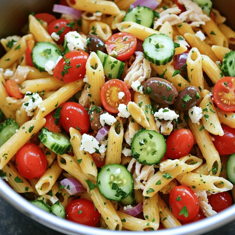 For a tasty Mediterranean Chicken Pasta Salad, gather these main ingredients: - 2 cups cooked penne pasta - 1 cup cooked and shredded chicken breast - 1/2 cup cherry tomatoes, halved - 1/2 cup cucumber, diced - 1/4 cup red onion, finely chopped - 1/3 cup Kalamata olives, pitted and sliced - 1/4 cup feta cheese, crumbled - 1/4 cup extra-virgin olive oil - 2 tablespoons red wine vinegar (optional) - 1 teaspoon dried oregano - Salt and freshly ground black pepper to taste - Fresh parsley, finely chopped for garnish These ingredients create a fresh and flavorful blend. The cooked penne pasta provides a hearty base. Adding shredded chicken gives it protein and heartiness. The vegetables add crunch and brightness. Kalamata olives and feta cheese add salty and rich flavors. You can also add some optional ingredients to customize your salad: - Additional vegetables: bell peppers, spinach - Protein options: grilled shrimp, chickpeas - Cheese variations: mozzarella or goat cheese These add-ins enhance the salad's flavor and texture. Feel free to mix and match based on what you love or have on hand. Want a vegetarian option? Chickpeas are a great choice! Looking for a seafood twist? Add grilled shrimp for a tasty change. For the full recipe, don’t forget to check out the recipe link! First, I cook the penne pasta in salted water. I boil it until it's al dente, which means it's firm but not hard. This usually takes about 10 minutes. After draining, I let it cool. Next, I shred the cooked chicken breast with two forks. This makes it easy to mix into the salad. In a big bowl, I combine the cooled pasta and shredded chicken. I stir until they mix evenly. Then, I add in the halved cherry tomatoes, diced cucumber, finely chopped red onion, and sliced Kalamata olives. I fold these in gently so they stay intact. In a smaller bowl, I whisk together the extra-virgin olive oil, red wine vinegar, and dried oregano. I add a pinch of salt and pepper for flavor. This dressing adds a nice zing. After whisking, I drizzle it over the pasta mixture. I use a spatula to toss everything gently, ensuring each piece gets coated. I sprinkle crumbled feta cheese on top of the salad. I stir carefully to mix it in without breaking it too much. Then, I taste the salad to see if it needs more salt or pepper. I let it rest for about 20 minutes at room temperature. This time helps the flavors blend nicely. Just before serving, I garnish it with chopped parsley for a fresh look. For the full recipe, check out the guide above. When making Mediterranean chicken pasta salad, a few tips can really make it shine. - Herbs and spices: Use fresh parsley, oregano, or basil for a great taste. You can also try a pinch of red pepper flakes for heat. - Resting time: Let the salad rest for 20 minutes before serving. This helps the flavors mix and become more vibrant. - Serving tips: Serve the salad in a shallow bowl. This not only looks nice but makes it easy to scoop. - Garnishing ideas: Add lemon wedges and extra parsley on top. This gives your salad a bright, fresh look. - Overcooking pasta: Cook the penne just until it’s al dente. This keeps it firm and tasty. - Not seasoning adequately: Don’t forget to taste your salad. Add salt and pepper to bring out the flavors. Follow these tips to create a salad that is not only fresh and flavorful but also a feast for the eyes! For the complete recipe, check out the [Full Recipe]. {{image_4}} You can easily switch up the pasta type in this salad. Try fusilli or farfalle for fun shapes. Whole wheat pasta adds fiber, while gluten-free options keep it light and friendly for everyone. If you want to change the protein, consider grilled shrimp or chickpeas. They each add a unique taste. You can also use rotisserie chicken for a quick fix. Each choice gives you a new twist on the classic flavor. A simple vinaigrette works great, but creamy dressings can add richness. Mix yogurt with herbs for a fresh, tangy option. To add zest, try lemon juice or a bit of mustard. These ingredients brighten the dish and enhance its flavors. You can adjust the dressing to suit your taste, making it more personal. This salad is not just for a bowl. You can turn it into a wrap using large lettuce leaves or tortillas. It makes for a fun lunch or picnic treat. You can also serve the salad as a side dish alongside grilled meats or fish. It works well as a light main course too, especially on warm days. Each serving style adds to the meal’s appeal and makes it versatile. For the full recipe, check out the Full Recipe section above. To keep your Mediterranean Chicken Pasta Salad fresh, store it in an airtight container. Refrigerate it right after serving. This helps lock in the flavors and keeps it safe to eat. You can enjoy it for up to three days in the fridge. When you're ready to serve, give it a good stir to mix the ingredients again. Can you freeze Mediterranean Chicken Pasta Salad? Yes, but it's best to freeze only the pasta and chicken mix. Avoid freezing the fresh veggies, as they can become mushy. To freeze, place the salad in a freezer-safe bag. Remove as much air as possible before sealing. To defrost, move it to the fridge overnight. Serve it cold or let it sit at room temperature for about 30 minutes. How long does it last in the fridge? Your pasta salad will stay fresh for about three days. What are the signs the salad has gone bad? Look for a sour smell, discoloration, or slimy texture. If you notice any of these, it's best to toss it out. Enjoy your Mediterranean Chicken Pasta Salad while it's fresh for the best taste! You can use many proteins instead of chicken. Here are some great options: - Grilled shrimp - Cooked turkey - Canned tuna - Chickpeas - Tofu These choices add new flavors and protein to your dish. Each one brings its own unique taste. Don't hesitate to mix and match! Yes, this salad can be gluten-free! You just need to choose the right pasta. Here are some gluten-free options: - Brown rice pasta - Quinoa pasta - Chickpea pasta - Lentil pasta These pastas work well and taste great. They keep the dish light and fresh. Making this salad vegetarian is easy. Simply skip the chicken and use these ideas: - Add more veggies like bell peppers or zucchini - Use beans like black beans or kidney beans for protein - Toss in nuts or seeds for crunch These swaps keep the salad tasty and filling. You won’t miss the meat! Yes, you can prepare it ahead of time! Here are some tips for meal prep: - Make the salad a day in advance. - Store it in an airtight container in the fridge. - If using fresh herbs, add them just before serving. This helps keep the flavors bright and fresh. Enjoy your Mediterranean Chicken Pasta Salad anytime! For the full recipe, check out the Full Recipe section. This Mediterranean Chicken Pasta Salad combines flavors, colors, and textures. You start with cooked penne and chicken, then add fresh veggies, olives, and feta. The dressing ties it all together. Remember to let it rest to build flavor. Try different ingredients and make it your own. Store leftovers properly to enjoy later. Whether for lunch or dinner, this salad is sure to please. Enjoy every bite of your new favorite dish!