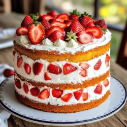 To make an Old Fashioned Strawberry Cake, you will need these simple ingredients: - 2 cups all-purpose flour - 1 ½ cups granulated sugar - ½ cup unsalted butter, softened - 1 cup milk - 3 large eggs - 1 tablespoon baking powder - 1 teaspoon pure vanilla extract - ½ teaspoon salt - 1 cup fresh strawberries, hulled and diced - 1 cup powdered sugar - 2 tablespoons cream cheese - 2 tablespoons heavy cream - Additional fresh strawberries for garnish Each ingredient plays a key role in creating a moist and flavorful cake. The flour gives structure, while the sugar adds sweetness. The butter brings richness and moisture. Milk helps to bind all the ingredients together, and the eggs add fluffiness. The baking powder makes the cake rise and become light. Using fresh strawberries is vital for great flavor. Diced strawberries add bursts of sweetness in every bite. Cream cheese and heavy cream create a smooth frosting that complements the cake perfectly. You can find the Full Recipe with detailed steps to create this delightful cake! 1. Preheating the Oven Preheat your oven to 350°F (175°C). This step is key for even baking. 2. Preparing Cake Pans Grease two 9-inch round cake pans with butter. Dust them with flour to stop sticking. This easy step helps your cake come out cleanly. 1. Creaming Butter and Sugar In a large bowl, mix the softened butter and granulated sugar. Use an electric mixer on medium speed. Beat until it becomes light and fluffy, about 3-5 minutes. 2. Combining Dry and Wet Ingredients In a separate bowl, whisk together flour, baking powder, and salt. This ensures the dry mix is even. Next, add eggs one at a time to the butter-sugar mix. Mix well after each egg. Stir in vanilla extract. 3. Adding Strawberries and Baking Gradually add the dry mix to the wet mix, alternating with milk. Start and end with the flour. Mix on low speed until just combined. Then, gently fold in diced strawberries with a spatula. Divide the batter between the prepared pans. Bake for 25-30 minutes until golden. 1. Cooling the Cakes Allow the cakes to cool in their pans for 10 minutes. Then, move them to a wire rack to cool completely. This step keeps the cake light. 2. Making the Cream Cheese Frosting In a small bowl, beat cream cheese, powdered sugar, and heavy cream until smooth. Use a hand mixer or whisk for the best texture. 3. Assembling the Cake Layers Place one cake layer on a plate. Spread a thick layer of frosting on top. Gently add the second layer. Use the remaining frosting to cover the top and sides of the cake. Decorate with fresh strawberries on top for a beautiful finish. For the full recipe, refer to the [Full Recipe]. - Ensuring Even Bake To bake your cake evenly, use room temperature ingredients. Cold ingredients can cause uneven mixing. I recommend rotating your cake pans halfway through baking. This helps them cook evenly. - Testing for Doneness Use a toothpick to check if the cake is done. Insert it into the center of the cake. If it comes out clean, your cake is ready. If it has wet batter, bake a bit longer. - Choosing Ripe Strawberries Look for bright red strawberries with a fresh green top. They should be firm and smell sweet. Avoid any that have bruises or dull spots. Ripe strawberries will add great flavor to your cake. - Proper Washing and Hulling Rinse strawberries under cool water to remove dirt. Use your fingers or a small knife to hull them. This means removing the green leafy top and the white core. Clean strawberries will taste better in your cake. - Creating Smooth Finishes To get a smooth frosting layer, use room temperature cream cheese. Beat it well with powdered sugar and heavy cream. Keep mixing until it’s creamy and smooth. This helps it spread easily on the cake. - Decorating with Fresh Strawberries After frosting your cake, add fresh strawberries on top. Arrange them in a pattern you like. This not only looks pretty but adds extra flavor. Enjoy the vibrant colors and tasty bites! {{image_4}} Adding lemon zest brings a fresh, bright taste to your cake. Just mix in a tablespoon of fresh zest with the butter and sugar. This adds a lovely citrus note that pairs well with strawberries. You can also use different berries for unique flavors. Try blueberries, raspberries, or blackberries. Each berry gives the cake a different taste and color. Just make sure you chop them up like the strawberries. For a gluten-free cake, swap all-purpose flour for a gluten-free blend. Look for one that works well in baking. This keeps the texture light and fluffy. If you need a dairy-free option, use almond milk instead of regular milk. You can also use dairy-free butter and cream cheese. These swaps keep the cake rich and tasty. Pairing the cake with ice cream makes a delightful treat. Vanilla or strawberry ice cream works great. It adds a cool, creamy touch to the cake. Serving with fresh whipped cream is another tasty idea. It adds a light and airy texture to each slice. Just whip heavy cream with a bit of sugar until it’s fluffy. Try these variations to make your Old Fashioned Strawberry Cake even more enjoyable! For the complete recipe, check out the Full Recipe section. To keep your Old Fashioned Strawberry Cake fresh, store it in the refrigerator. Wrap the cake in plastic wrap to avoid drying out. You can also place it in an airtight container. This keeps the cake moist and tasty for up to five days. If you want to enjoy the cake later, freezing is a great option. Slice the cake into portions for easy serving. Wrap each piece in plastic wrap, then place them in a freezer bag. The cake can last up to three months in the freezer. Thawing is simple. Just take the desired slice out and leave it in the fridge overnight. For a quicker method, let it sit at room temperature for about an hour. Using the right container is key. Airtight containers are great for keeping moisture in. Cake domes also work well, giving your cake room to breathe. To prevent your cake from drying out, avoid storing it in a regular cake box. Those boxes can let air in and dry the cake out fast. Always check the seals on your containers to ensure they are tight. The Old Fashioned Strawberry Cake is truly delightful, and proper storage helps you enjoy it longer. For the full recipe, check out the details above! To stop your cake from sticking, grease your pans well. Use butter to coat the inside. Then, dust the pans with flour before adding the batter. This method creates a non-stick surface. You can also line the bottom with parchment paper for extra safety. You can use frozen strawberries, but there are some tips. Thaw them first and drain excess liquid. This keeps the batter from becoming too wet. Fresh strawberries taste best, but frozen ones work in a pinch. Start with a cooled cake. Place the first layer on a plate. Spread frosting on the top, then add the second layer. Frost the top and sides evenly. Use a spatula for smooth edges. For a fun look, create swirls or peaks. The cake stays fresh for about three days at room temperature. If you store it in the fridge, it can last up to a week. Make sure to cover it well to avoid drying out. Yes, you can bake the cake ahead. Let it cool completely before wrapping it. Store it in the fridge for a few days. You can frost it on the day you plan to serve. This keeps it fresh and tasty. For the Full Recipe, check the main section. This blog post covered how to make an old-fashioned strawberry cake from scratch. We explored the key ingredients, detailed instructions, and helpful tips to ensure success. Remember to choose ripe strawberries and follow the baking steps for the best results. With these easy methods, you can create a delicious cake that impresses anyone. Don’t forget to try variations and serve with whipped cream or ice cream for an extra treat. Enjoy the process and share your cake with others. Happy baking!