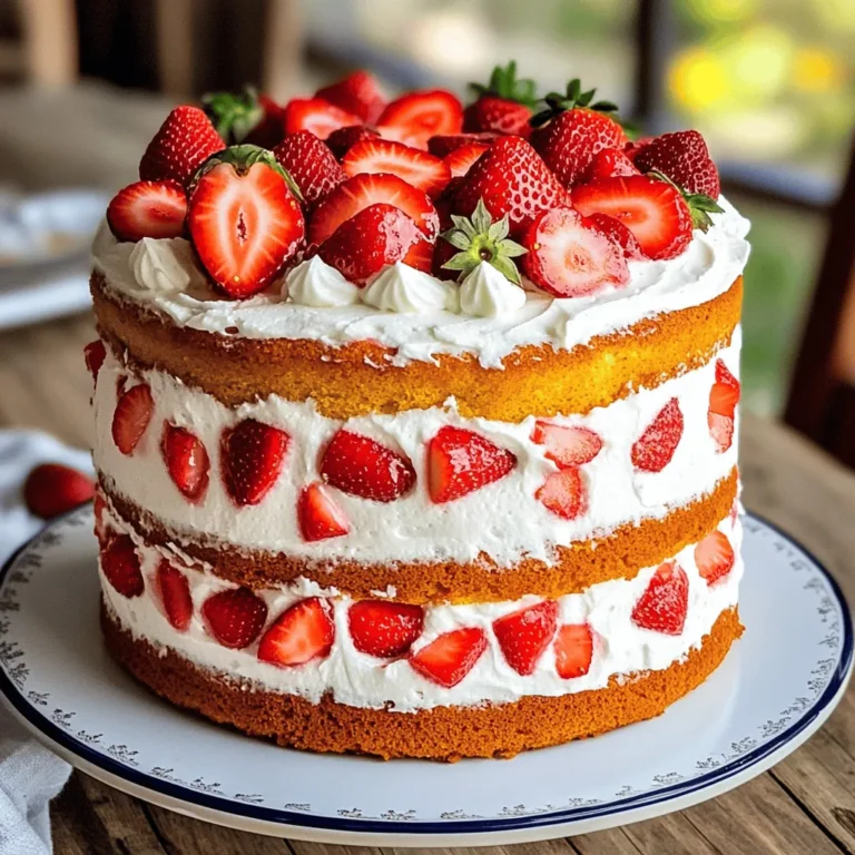 To make an Old Fashioned Strawberry Cake, you will need these simple ingredients: - 2 cups all-purpose flour - 1 ½ cups granulated sugar - ½ cup unsalted butter, softened - 1 cup milk - 3 large eggs - 1 tablespoon baking powder - 1 teaspoon pure vanilla extract - ½ teaspoon salt - 1 cup fresh strawberries, hulled and diced - 1 cup powdered sugar - 2 tablespoons cream cheese - 2 tablespoons heavy cream - Additional fresh strawberries for garnish Each ingredient plays a key role in creating a moist and flavorful cake. The flour gives structure, while the sugar adds sweetness. The butter brings richness and moisture. Milk helps to bind all the ingredients together, and the eggs add fluffiness. The baking powder makes the cake rise and become light. Using fresh strawberries is vital for great flavor. Diced strawberries add bursts of sweetness in every bite. Cream cheese and heavy cream create a smooth frosting that complements the cake perfectly. You can find the Full Recipe with detailed steps to create this delightful cake! 1. Preheating the Oven Preheat your oven to 350°F (175°C). This step is key for even baking. 2. Preparing Cake Pans Grease two 9-inch round cake pans with butter. Dust them with flour to stop sticking. This easy step helps your cake come out cleanly. 1. Creaming Butter and Sugar In a large bowl, mix the softened butter and granulated sugar. Use an electric mixer on medium speed. Beat until it becomes light and fluffy, about 3-5 minutes. 2. Combining Dry and Wet Ingredients In a separate bowl, whisk together flour, baking powder, and salt. This ensures the dry mix is even. Next, add eggs one at a time to the butter-sugar mix. Mix well after each egg. Stir in vanilla extract. 3. Adding Strawberries and Baking Gradually add the dry mix to the wet mix, alternating with milk. Start and end with the flour. Mix on low speed until just combined. Then, gently fold in diced strawberries with a spatula. Divide the batter between the prepared pans. Bake for 25-30 minutes until golden. 1. Cooling the Cakes Allow the cakes to cool in their pans for 10 minutes. Then, move them to a wire rack to cool completely. This step keeps the cake light. 2. Making the Cream Cheese Frosting In a small bowl, beat cream cheese, powdered sugar, and heavy cream until smooth. Use a hand mixer or whisk for the best texture. 3. Assembling the Cake Layers Place one cake layer on a plate. Spread a thick layer of frosting on top. Gently add the second layer. Use the remaining frosting to cover the top and sides of the cake. Decorate with fresh strawberries on top for a beautiful finish. For the full recipe, refer to the [Full Recipe]. - Ensuring Even Bake To bake your cake evenly, use room temperature ingredients. Cold ingredients can cause uneven mixing. I recommend rotating your cake pans halfway through baking. This helps them cook evenly. - Testing for Doneness Use a toothpick to check if the cake is done. Insert it into the center of the cake. If it comes out clean, your cake is ready. If it has wet batter, bake a bit longer. - Choosing Ripe Strawberries Look for bright red strawberries with a fresh green top. They should be firm and smell sweet. Avoid any that have bruises or dull spots. Ripe strawberries will add great flavor to your cake. - Proper Washing and Hulling Rinse strawberries under cool water to remove dirt. Use your fingers or a small knife to hull them. This means removing the green leafy top and the white core. Clean strawberries will taste better in your cake. - Creating Smooth Finishes To get a smooth frosting layer, use room temperature cream cheese. Beat it well with powdered sugar and heavy cream. Keep mixing until it’s creamy and smooth. This helps it spread easily on the cake. - Decorating with Fresh Strawberries After frosting your cake, add fresh strawberries on top. Arrange them in a pattern you like. This not only looks pretty but adds extra flavor. Enjoy the vibrant colors and tasty bites! {{image_4}} Adding lemon zest brings a fresh, bright taste to your cake. Just mix in a tablespoon of fresh zest with the butter and sugar. This adds a lovely citrus note that pairs well with strawberries. You can also use different berries for unique flavors. Try blueberries, raspberries, or blackberries. Each berry gives the cake a different taste and color. Just make sure you chop them up like the strawberries. For a gluten-free cake, swap all-purpose flour for a gluten-free blend. Look for one that works well in baking. This keeps the texture light and fluffy. If you need a dairy-free option, use almond milk instead of regular milk. You can also use dairy-free butter and cream cheese. These swaps keep the cake rich and tasty. Pairing the cake with ice cream makes a delightful treat. Vanilla or strawberry ice cream works great. It adds a cool, creamy touch to the cake. Serving with fresh whipped cream is another tasty idea. It adds a light and airy texture to each slice. Just whip heavy cream with a bit of sugar until it’s fluffy. Try these variations to make your Old Fashioned Strawberry Cake even more enjoyable! For the complete recipe, check out the Full Recipe section. To keep your Old Fashioned Strawberry Cake fresh, store it in the refrigerator. Wrap the cake in plastic wrap to avoid drying out. You can also place it in an airtight container. This keeps the cake moist and tasty for up to five days. If you want to enjoy the cake later, freezing is a great option. Slice the cake into portions for easy serving. Wrap each piece in plastic wrap, then place them in a freezer bag. The cake can last up to three months in the freezer. Thawing is simple. Just take the desired slice out and leave it in the fridge overnight. For a quicker method, let it sit at room temperature for about an hour. Using the right container is key. Airtight containers are great for keeping moisture in. Cake domes also work well, giving your cake room to breathe. To prevent your cake from drying out, avoid storing it in a regular cake box. Those boxes can let air in and dry the cake out fast. Always check the seals on your containers to ensure they are tight. The Old Fashioned Strawberry Cake is truly delightful, and proper storage helps you enjoy it longer. For the full recipe, check out the details above! To stop your cake from sticking, grease your pans well. Use butter to coat the inside. Then, dust the pans with flour before adding the batter. This method creates a non-stick surface. You can also line the bottom with parchment paper for extra safety. You can use frozen strawberries, but there are some tips. Thaw them first and drain excess liquid. This keeps the batter from becoming too wet. Fresh strawberries taste best, but frozen ones work in a pinch. Start with a cooled cake. Place the first layer on a plate. Spread frosting on the top, then add the second layer. Frost the top and sides evenly. Use a spatula for smooth edges. For a fun look, create swirls or peaks. The cake stays fresh for about three days at room temperature. If you store it in the fridge, it can last up to a week. Make sure to cover it well to avoid drying out. Yes, you can bake the cake ahead. Let it cool completely before wrapping it. Store it in the fridge for a few days. You can frost it on the day you plan to serve. This keeps it fresh and tasty. For the Full Recipe, check the main section. This blog post covered how to make an old-fashioned strawberry cake from scratch. We explored the key ingredients, detailed instructions, and helpful tips to ensure success. Remember to choose ripe strawberries and follow the baking steps for the best results. With these easy methods, you can create a delicious cake that impresses anyone. Don’t forget to try variations and serve with whipped cream or ice cream for an extra treat. Enjoy the process and share your cake with others. Happy baking!