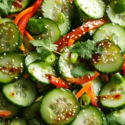 - 3 medium cucumbers, thinly sliced into rounds - 1 red bell pepper, cut into thin julienne strips - 1 large carrot, grated finely - 2 green onions, finely chopped, including the green tops - 1 tablespoon sesame seeds, toasted for extra flavor - 1 tablespoon chili garlic sauce, adjust to taste for spice - 2 tablespoons soy sauce (or tamari for a gluten-free option) - 1 tablespoon rice vinegar for a tangy kick - 1 teaspoon granulated sugar to balance flavors - 1 teaspoon toasted sesame oil for richness - Salt, to taste - Fresh cilantro leaves, roughly chopped - Extra chili garlic sauce for added spice To create a fresh and flavorful Spicy Asian Cucumber Salad, you need simple, fresh ingredients. Cucumbers offer a crisp texture, while the red bell pepper adds sweetness. Carrots bring color and a slight crunch. Green onions give a mild onion flavor. The dressing is where the magic happens! Chili garlic sauce brings heat, while soy sauce offers umami. Rice vinegar adds zing, and sugar balances everything out. Toasted sesame oil gives a rich finish. Don’t forget the garnishes! Fresh cilantro leaves enhance the flavor. If you love spice, a little extra chili garlic sauce can take it up a notch. For the complete recipe, check the [Full Recipe]. Enjoy crafting this delightful dish! First, grab your cucumbers. Slice them thinly into rounds. Use a sharp knife for smooth cuts. Next, take the red bell pepper and julienne it into thin strips. This adds a nice crunch and color. Finally, grate the carrot finely. Mix all these vegetables in a large bowl. The colors should pop! Now, let’s make the dressing. In a small bowl, whisk together chili garlic sauce, soy sauce, rice vinegar, sugar, and sesame oil. This mix brings heat, umami, and a tangy kick. Keep whisking until the sugar dissolves. This is key for the perfect flavor balance. It’s time to combine everything! Pour the dressing over the vegetables in the large bowl. Use a gentle tossing motion. Make sure each piece is coated well. Then add the chopped green onions and sesame seeds. Mix again to spread the flavors throughout. Let the salad rest for 10-15 minutes. This step is important. It allows the flavors to meld together. The cucumbers will release their refreshing juices, making the salad even better. Before serving, taste it. Adjust the salt or add more chili garlic sauce if you like extra spice. Enjoy your fresh and flavorful Spicy Asian Cucumber Salad! For the full recipe, check the link above. For the best presentation, you want even slices. When slicing cucumbers, use a sharp knife. Cut off both ends first. Then, slice them into thin rounds. This makes the salad look neat. For the bell pepper, cut it in half and remove the seeds. Lay it flat. Slice into thin strips, called julienne. Grate the carrot finely to add texture. Keep all pieces uniform. This helps each bite taste great. To change the heat of your salad, start with a small amount of chili garlic sauce. You can always add more later. If you want it mild, use just one teaspoon. For a spicy kick, go for two or three teaspoons. Taste as you mix. Always adjust to your liking. This way, everyone can enjoy the salad at their preferred heat level. This salad is perfect for many occasions. Serve it at picnics, barbecues, or family gatherings. It pairs well with grilled meats or as a light lunch. You can also enjoy it with rice or noodles. The bright flavors and crunchy textures make it a crowd-pleaser. Adding this salad to your meal will impress your guests. {{image_4}} You can switch things up with your salad by adding different veggies or proteins. Try using radishes for a peppery kick. Thinly sliced jicama adds crunch and sweetness. If you like protein, consider adding grilled shrimp or tofu. These options make the salad even more filling and fun. You can change the dressing to fit your taste. Swap soy sauce for coconut aminos for a sweeter flavor. If you want a creamier dressing, mix in some peanut butter. You can also add fresh lime juice for a zesty twist. Each change brings a new dimension to the salad. Making this salad gluten-free is easy. Just use tamari instead of soy sauce. For a vegan option, ensure your chili garlic sauce is plant-based. You can also skip the sugar and use maple syrup instead. These small tweaks make the salad fit for everyone without losing flavor. To keep your Spicy Asian Cucumber Salad fresh, store it in an airtight container. Place it in your fridge right after serving. This helps lock in the flavors and keeps the cucumbers crispy. Avoid storing it at room temperature for too long. The salad can lose its crunch and flavor if left out. You should eat this salad cold or at room temperature. Reheating is not recommended since heat can make the cucumbers soggy. Enjoy this salad as a refreshing side dish or snack straight from the fridge. The cool flavors make it perfect for warm days. This salad stays fresh for about 2 to 3 days in the fridge. After that, the cucumbers might start to lose their crunch. Always check for any signs of spoilage before eating. If it smells off or looks slimy, it's best to toss it. Enjoy it within the first few days for the best taste and texture! You can store the salad in the fridge for up to three days. Keep it in an airtight container. The flavors will blend well, but the cucumbers might lose some crunch. Yes, you can make it a day ahead. Just mix the veggies and dressing, then chill. This allows the flavors to develop. However, add cucumbers right before serving for the best texture. This salad pairs well with grilled chicken or tofu. It also complements rice dishes and noodle bowls. Try it as a side for your next Asian meal. Absolutely! Portion the salad into containers. It makes a great lunch option. Just remember to keep the dressing separate until you're ready to eat. For the complete recipe, check out the Fiery Crunchy Cucumber Salad 🥒. This blog post covered how to make a tasty Spicy Asian Cucumber Salad. We discussed the main ingredients, including fresh veggies and a zesty dressing. I shared tips for prepping and customizing the salad to your taste. Don't forget the optional garnishes for added flair! This salad is perfect for any occasion and easy to make ahead. Enjoy its vibrant flavors and great crunch, whether as a side or a meal prep dish. Try different variations to keep it exciting!