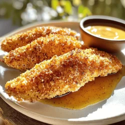 - 1 pound chicken breast tenders - 1/4 cup honey - 1/4 cup Dijon mustard - 2 tablespoons olive oil - 1 teaspoon garlic powder - 1 teaspoon onion powder - 1/2 teaspoon smoked paprika - Salt and pepper to taste - 1 cup Panko breadcrumbs - 1/2 cup all-purpose flour - 2 large eggs For this recipe, I love to use fresh chicken breast tenders. They cook quickly and stay juicy. The honey adds a sweet touch, while the Dijon mustard brings a nice tang. Olive oil keeps everything moist and helps with browning. For seasonings, I always reach for garlic powder and onion powder. They add depth and flavor without being too strong. Smoked paprika gives a lovely warmth and color. Adjust the salt and pepper to match your taste. When it comes to breading, I prefer Panko breadcrumbs. They create that perfect crunch. All-purpose flour helps the egg stick to the chicken. Lastly, the eggs bind the breadcrumbs nicely. You can find the full recipe details in the link provided. In a medium bowl, whisk together the honey and Dijon mustard. Add garlic powder, onion powder, smoked paprika, and a pinch of salt and pepper. Mix until smooth. Remember to reserve half of this marinade for your dipping sauce later. This will add a nice touch to the meal. Take the chicken tenders and place them in a large bowl. Pour the remaining marinade over the chicken. Toss gently, making sure every piece is coated well. For the best flavor, let the chicken marinate for at least 15 minutes. If you can wait longer, it’s even better! Now, let’s prepare a breading station. You will need three shallow bowls: - One with flour - One with whisked eggs - One with Panko breadcrumbs Start by adding flour to the first bowl. In the second bowl, beat the eggs until they are smooth. Fill the third bowl with Panko breadcrumbs, ready for the chicken. Preheat your oven to 400°F (200°C). Line a baking sheet with parchment paper for easy cleanup. After marinating, take each chicken tender and dip it first into the flour. Shake off any excess flour. Next, move it to the eggs, coating it completely. Finally, press it into the Panko breadcrumbs, ensuring it’s well covered. Arrange the breaded chicken tenders on the baking sheet in a single layer. Bake them in the oven for about 15-20 minutes. Keep an eye on them until they turn golden brown. The chicken should reach an internal temperature of 165°F (75°C) for safety. Serve the warm chicken tenders with the reserved honey mustard dipping sauce. Enjoy this easy and tasty meal! For the complete recipe, check out the Full Recipe section. To get that perfect crunch, use Panko breadcrumbs. They create a light, crispy texture. Panko has larger flakes than regular breadcrumbs, which helps them to crisp up better in the oven. When you coat the chicken, press the breadcrumbs onto the chicken firmly. This ensures the crumbs stick well and gives you that satisfying crunch. For the best flavor, marinate the chicken for at least 15 minutes. If you have more time, let it soak longer. This allows the chicken to absorb all that tasty honey mustard goodness. You can also add spices like cayenne pepper or paprika to the marinade for an extra kick. Feel free to mix in your favorite herbs too! Pair the chicken tenders with sides like crispy fries or a fresh salad. Veggies like carrot sticks or cucumber slices add a nice crunch. For a fun presentation, arrange the tenders on a platter. Garnish with fresh parsley for color. Serve with the reserved honey mustard dipping sauce on the side, and watch everyone enjoy! {{image_4}} To spice up your honey mustard chicken tenders, add hot sauce to the marinade. This gives a nice kick! You can use your favorite hot sauce or try a mix of sriracha and honey mustard. If you want more flavor, use seasoning blends like Cajun or chili powder. These will bring a new taste and make your dish exciting. Using an air fryer is a great way to cook chicken tenders. First, preheat your air fryer to 400°F (200°C). Place the breaded chicken tenders in a single layer in the basket. Cook them for about 8-10 minutes. Be sure to flip them halfway through. This method makes the tenders crispy with less oil. Keep an eye on them so they don’t overcook. If you need a gluten-free option, you can easily substitute the flour and breadcrumbs. Use almond flour or coconut flour in place of all-purpose flour. For the breadcrumbs, look for gluten-free Panko or crushed rice cereal. These choices will help keep the crunch while making the dish safe for those with gluten sensitivities. To keep your honey mustard chicken tenders fresh, store them in the fridge. Place them in an airtight container. This way, they stay juicy and tasty. They last about 3 to 4 days in the fridge. After that, they may lose flavor and texture. You can reheat the chicken tenders in two ways: the oven or the microwave. For the oven, set it to 375°F (190°C). Place the tenders on a baking sheet and heat for about 10 to 15 minutes. This keeps them crispy. If you use the microwave, heat them in short bursts of 30 seconds. Flip them to avoid sogginess. You can freeze both raw and cooked tenders. For raw tenders, place them in a freezer bag. Remove as much air as possible. They can last up to 3 months in the freezer. For cooked tenders, let them cool first. Then, store them in airtight containers or freezer bags. To thaw, move them to the fridge overnight. For quick thawing, use the microwave on the defrost setting. I suggest marinating chicken tenders for at least 15 minutes. This gives the meat time to soak up the flavors. If you have more time, marinating for an hour or more will make the taste even better. Just remember, the longer you marinate, the more flavor your chicken will have. Yes, you can use chicken breasts! Just cut them into strips about the same size as chicken tenders. This helps them cook evenly. You might need to adjust the cooking time. Chicken breasts may take a few extra minutes to cook through compared to tenders. Honey mustard chicken tenders pair well with many sides. Some popular choices are: - French fries - Coleslaw - Steamed broccoli - Mashed potatoes - A fresh garden salad These sides balance the sweet and tangy taste of the chicken. To check if chicken tenders are done, use a meat thermometer. The safe internal temperature for chicken is 165°F (75°C). When you hit this temperature, the chicken is safe to eat. The meat should also be golden brown and crispy on the outside. You now have a clear guide to make delicious honey mustard chicken tenders. Start with quality ingredients and follow the steps to marinate and bread your chicken. Remember to personalize flavors with spices and try our variations. Store extras properly for later use. A simple meal can impress anyone. Enjoy your cooking and share these tips to make tasty chicken tenders every time!