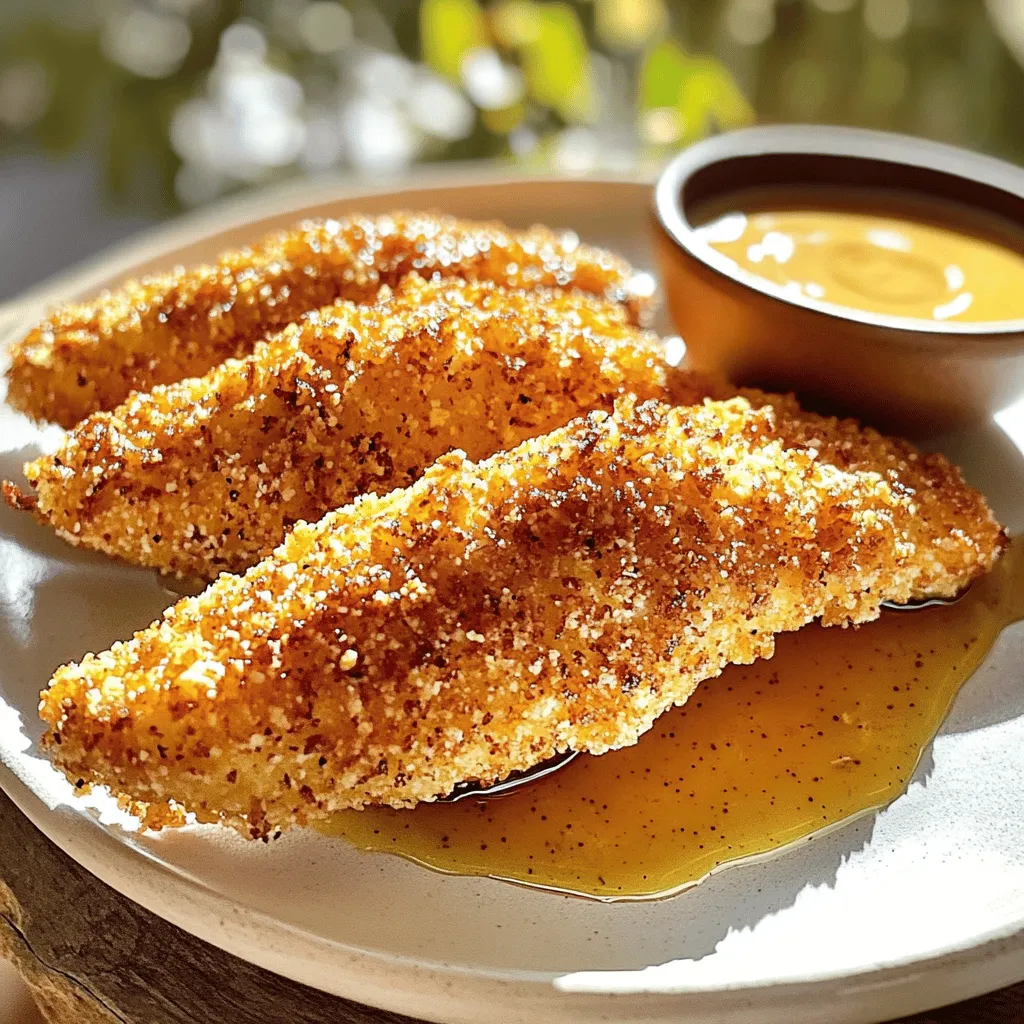 - 1 pound chicken breast tenders - 1/4 cup honey - 1/4 cup Dijon mustard - 2 tablespoons olive oil - 1 teaspoon garlic powder - 1 teaspoon onion powder - 1/2 teaspoon smoked paprika - Salt and pepper to taste - 1 cup Panko breadcrumbs - 1/2 cup all-purpose flour - 2 large eggs For this recipe, I love to use fresh chicken breast tenders. They cook quickly and stay juicy. The honey adds a sweet touch, while the Dijon mustard brings a nice tang. Olive oil keeps everything moist and helps with browning. For seasonings, I always reach for garlic powder and onion powder. They add depth and flavor without being too strong. Smoked paprika gives a lovely warmth and color. Adjust the salt and pepper to match your taste. When it comes to breading, I prefer Panko breadcrumbs. They create that perfect crunch. All-purpose flour helps the egg stick to the chicken. Lastly, the eggs bind the breadcrumbs nicely. You can find the full recipe details in the link provided. In a medium bowl, whisk together the honey and Dijon mustard. Add garlic powder, onion powder, smoked paprika, and a pinch of salt and pepper. Mix until smooth. Remember to reserve half of this marinade for your dipping sauce later. This will add a nice touch to the meal. Take the chicken tenders and place them in a large bowl. Pour the remaining marinade over the chicken. Toss gently, making sure every piece is coated well. For the best flavor, let the chicken marinate for at least 15 minutes. If you can wait longer, it’s even better! Now, let’s prepare a breading station. You will need three shallow bowls: - One with flour - One with whisked eggs - One with Panko breadcrumbs Start by adding flour to the first bowl. In the second bowl, beat the eggs until they are smooth. Fill the third bowl with Panko breadcrumbs, ready for the chicken. Preheat your oven to 400°F (200°C). Line a baking sheet with parchment paper for easy cleanup. After marinating, take each chicken tender and dip it first into the flour. Shake off any excess flour. Next, move it to the eggs, coating it completely. Finally, press it into the Panko breadcrumbs, ensuring it’s well covered. Arrange the breaded chicken tenders on the baking sheet in a single layer. Bake them in the oven for about 15-20 minutes. Keep an eye on them until they turn golden brown. The chicken should reach an internal temperature of 165°F (75°C) for safety. Serve the warm chicken tenders with the reserved honey mustard dipping sauce. Enjoy this easy and tasty meal! For the complete recipe, check out the Full Recipe section. To get that perfect crunch, use Panko breadcrumbs. They create a light, crispy texture. Panko has larger flakes than regular breadcrumbs, which helps them to crisp up better in the oven. When you coat the chicken, press the breadcrumbs onto the chicken firmly. This ensures the crumbs stick well and gives you that satisfying crunch. For the best flavor, marinate the chicken for at least 15 minutes. If you have more time, let it soak longer. This allows the chicken to absorb all that tasty honey mustard goodness. You can also add spices like cayenne pepper or paprika to the marinade for an extra kick. Feel free to mix in your favorite herbs too! Pair the chicken tenders with sides like crispy fries or a fresh salad. Veggies like carrot sticks or cucumber slices add a nice crunch. For a fun presentation, arrange the tenders on a platter. Garnish with fresh parsley for color. Serve with the reserved honey mustard dipping sauce on the side, and watch everyone enjoy! {{image_4}} To spice up your honey mustard chicken tenders, add hot sauce to the marinade. This gives a nice kick! You can use your favorite hot sauce or try a mix of sriracha and honey mustard. If you want more flavor, use seasoning blends like Cajun or chili powder. These will bring a new taste and make your dish exciting. Using an air fryer is a great way to cook chicken tenders. First, preheat your air fryer to 400°F (200°C). Place the breaded chicken tenders in a single layer in the basket. Cook them for about 8-10 minutes. Be sure to flip them halfway through. This method makes the tenders crispy with less oil. Keep an eye on them so they don’t overcook. If you need a gluten-free option, you can easily substitute the flour and breadcrumbs. Use almond flour or coconut flour in place of all-purpose flour. For the breadcrumbs, look for gluten-free Panko or crushed rice cereal. These choices will help keep the crunch while making the dish safe for those with gluten sensitivities. To keep your honey mustard chicken tenders fresh, store them in the fridge. Place them in an airtight container. This way, they stay juicy and tasty. They last about 3 to 4 days in the fridge. After that, they may lose flavor and texture. You can reheat the chicken tenders in two ways: the oven or the microwave. For the oven, set it to 375°F (190°C). Place the tenders on a baking sheet and heat for about 10 to 15 minutes. This keeps them crispy. If you use the microwave, heat them in short bursts of 30 seconds. Flip them to avoid sogginess. You can freeze both raw and cooked tenders. For raw tenders, place them in a freezer bag. Remove as much air as possible. They can last up to 3 months in the freezer. For cooked tenders, let them cool first. Then, store them in airtight containers or freezer bags. To thaw, move them to the fridge overnight. For quick thawing, use the microwave on the defrost setting. I suggest marinating chicken tenders for at least 15 minutes. This gives the meat time to soak up the flavors. If you have more time, marinating for an hour or more will make the taste even better. Just remember, the longer you marinate, the more flavor your chicken will have. Yes, you can use chicken breasts! Just cut them into strips about the same size as chicken tenders. This helps them cook evenly. You might need to adjust the cooking time. Chicken breasts may take a few extra minutes to cook through compared to tenders. Honey mustard chicken tenders pair well with many sides. Some popular choices are: - French fries - Coleslaw - Steamed broccoli - Mashed potatoes - A fresh garden salad These sides balance the sweet and tangy taste of the chicken. To check if chicken tenders are done, use a meat thermometer. The safe internal temperature for chicken is 165°F (75°C). When you hit this temperature, the chicken is safe to eat. The meat should also be golden brown and crispy on the outside. You now have a clear guide to make delicious honey mustard chicken tenders. Start with quality ingredients and follow the steps to marinate and bread your chicken. Remember to personalize flavors with spices and try our variations. Store extras properly for later use. A simple meal can impress anyone. Enjoy your cooking and share these tips to make tasty chicken tenders every time!