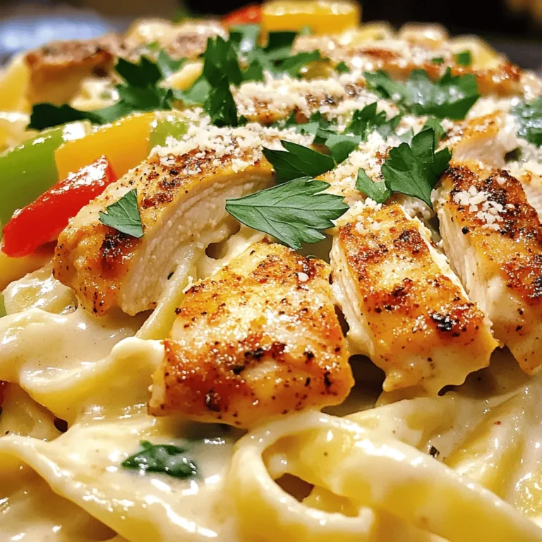 For this Cajun Chicken Alfredo Pasta, you need: - 2 boneless, skinless chicken breasts - 8 ounces fettuccine pasta - 1 cup heavy cream - 1 cup grated Parmesan cheese These ingredients form the heart of the dish. The chicken adds protein, while the fettuccine brings a nice chewy texture. Heavy cream and Parmesan create a rich, creamy sauce that coats the pasta perfectly. Next, let’s spice it up! You will use: - 2 tablespoons Cajun seasoning - 2 tablespoons olive oil - 3 cloves garlic, minced - 1 bell pepper, sliced into thin strips - 1 cup fresh spinach leaves Cajun seasoning gives the dish its bold flavor. The garlic and bell pepper add depth and sweetness. Fresh spinach not only adds color but also boosts nutrition. To finish your dish, gather: - Fresh parsley, finely chopped - Salt and black pepper to taste Garnish with parsley for a fresh touch. Salt and black pepper enhance the dish's flavor, making every bite delightful. For the full recipe, check the detailed cooking instructions. To start, fill a large pot with water. Add a generous pinch of salt. Bring the water to a rolling boil. Once it boils, add the fettuccine pasta. Cook it according to the package instructions, which usually takes about 8-10 minutes. You want it to be al dente, so check it often. After cooking, drain the pasta in a colander and set it aside. While the pasta cooks, you can prepare the chicken. First, take the boneless, skinless chicken breasts and pat them dry with a paper towel. This step helps the seasoning stick better. Now, rub Cajun seasoning over both sides of each chicken breast. Use enough seasoning for a great flavor. Next, heat olive oil in a large skillet over medium-high heat. Once hot, add the chicken to the skillet. Cook for about 6-7 minutes on each side. Look for a nice golden-brown crust. After cooking, remove the chicken from the skillet and let it rest for about 5 minutes. Then slice it into strips. In the same skillet, add minced garlic and sliced bell pepper. Sauté them for about 2-3 minutes. You want the bell pepper to be tender and the garlic aromatic. Be careful not to burn the garlic. Next, lower the heat to medium-low. Pour in the heavy cream and stir well. Gradually add grated Parmesan cheese while stirring. This step is key to a smooth sauce. Keep stirring until the cheese melts completely and the sauce thickens. Season with salt and freshly ground black pepper to taste. Now it’s time to bring everything together. Add the drained fettuccine and fresh spinach leaves directly into the sauce in the skillet. Gently toss everything together. Make sure the pasta is well coated with the creamy Alfredo sauce. The spinach should wilt slightly. Finally, fold in the sliced Cajun chicken. Let it heat through for about 2 minutes. This step helps all the flavors combine beautifully. Now you have a delicious Cajun Chicken Alfredo Pasta ready to serve. You can find the Full Recipe if you want more details. Enjoy! To make your Cajun Chicken Alfredo Pasta stand out, adjust the spice level. If you like it spicy, add more Cajun seasoning. For a milder flavor, try using less. You can also swap Cajun seasoning with paprika and a touch of cayenne for a different kick. When cooking chicken, make sure it is at room temperature before seasoning. This helps it cook evenly. Sear the chicken on medium-high heat for a golden, crispy crust. Cook it until the juices run clear, about 6-7 minutes per side. For the pasta, cook it until al dente. This means it should be firm to the bite. Drain it right away to stop the cooking process. Rinse with cold water if you won't use it immediately. Pair your Cajun Chicken Alfredo Pasta with a fresh side salad. A simple green salad with lemon vinaigrette balances the rich flavors. You can also serve it with garlic bread for extra comfort. For presentation, use a large bowl or a platter. Twirl the pasta into nests for a lovely look. Top with freshly chopped parsley for color and freshness. This makes the dish attractive and inviting. If you want more tips, check the Full Recipe for all the details. {{image_4}} You can switch the chicken for shrimp or tofu. Shrimp cooks fast and adds a nice touch. Tofu is great for a plant-based option. It soaks up flavors well and provides protein. Try marinating it in Cajun seasoning for extra taste. Adding seasonal vegetables boosts flavor and nutrition. Bell peppers are a classic choice. You can also add zucchini or mushrooms. For creaminess without heavy cream, use pureed cauliflower or cashew cream. Both options keep the dish light yet rich. Want more heat? Add more Cajun seasoning or red pepper flakes. If you prefer a milder dish, reduce the seasoning. You can also add a splash of lemon juice to balance the spice. This makes the dish fresh and bright. For the full recipe, check the section above. To keep Cajun Chicken Alfredo Pasta fresh, store it in an airtight container. Make sure to let it cool before sealing. Place it in the fridge if you plan to eat it within three days. For longer storage, freezing is a good option. When you are ready to enjoy your leftovers, avoid the microwave if possible. Instead, heat the pasta in a skillet over medium heat. Add a splash of cream or water to keep it moist. Stir gently until heated through. This method helps to maintain the creamy texture. To freeze Cajun Chicken Alfredo Pasta, portion it into individual servings. Use freezer-safe containers or bags. Make sure to remove as much air as possible to prevent freezer burn. When you want to eat it, thaw it in the fridge overnight. Then, reheat in a pan as described above. Enjoy your warm and tasty meal! You can make this dish dairy-free by using coconut cream instead of heavy cream. For cheese, try using nutritional yeast for a cheesy flavor. There are also dairy-free cream cheese brands that work well. These swaps keep the dish rich and creamy without dairy. Yes, you can easily make this recipe gluten-free. Use gluten-free fettuccine or any gluten-free pasta you like. Many brands offer great options that taste good and hold up well in the sauce. To reheat Alfredo pasta, use low heat on the stove. Add a splash of milk or cream to keep it creamy. Stir gently until heated through. Avoid the microwave, as it can dry out the dish and make it clumpy. Cajun Chicken Alfredo Pasta lasts about three to four days in the fridge. Store it in an airtight container. Always check for any off smells or changes in texture before eating leftovers. Yes, you can prepare this dish ahead of time. Cook the pasta and chicken, then store them separately in the fridge. When ready to serve, heat the sauce, combine, and add the chicken and pasta. This helps keep everything fresh and tasty. For the full recipe, check the earlier sections! Cajun Chicken Alfredo Pasta combines rich flavors and easy steps. You learned about key ingredients like chicken, fettuccine, and cream. We covered the process from cooking pasta to making a creamy sauce. The tips helped perfect seasoning and cooking. You even saw ways to vary the dish. Enjoy experimenting with your own version. This meal is perfect for quick dinners or impressing guests. Keep exploring flavors and make it your own!