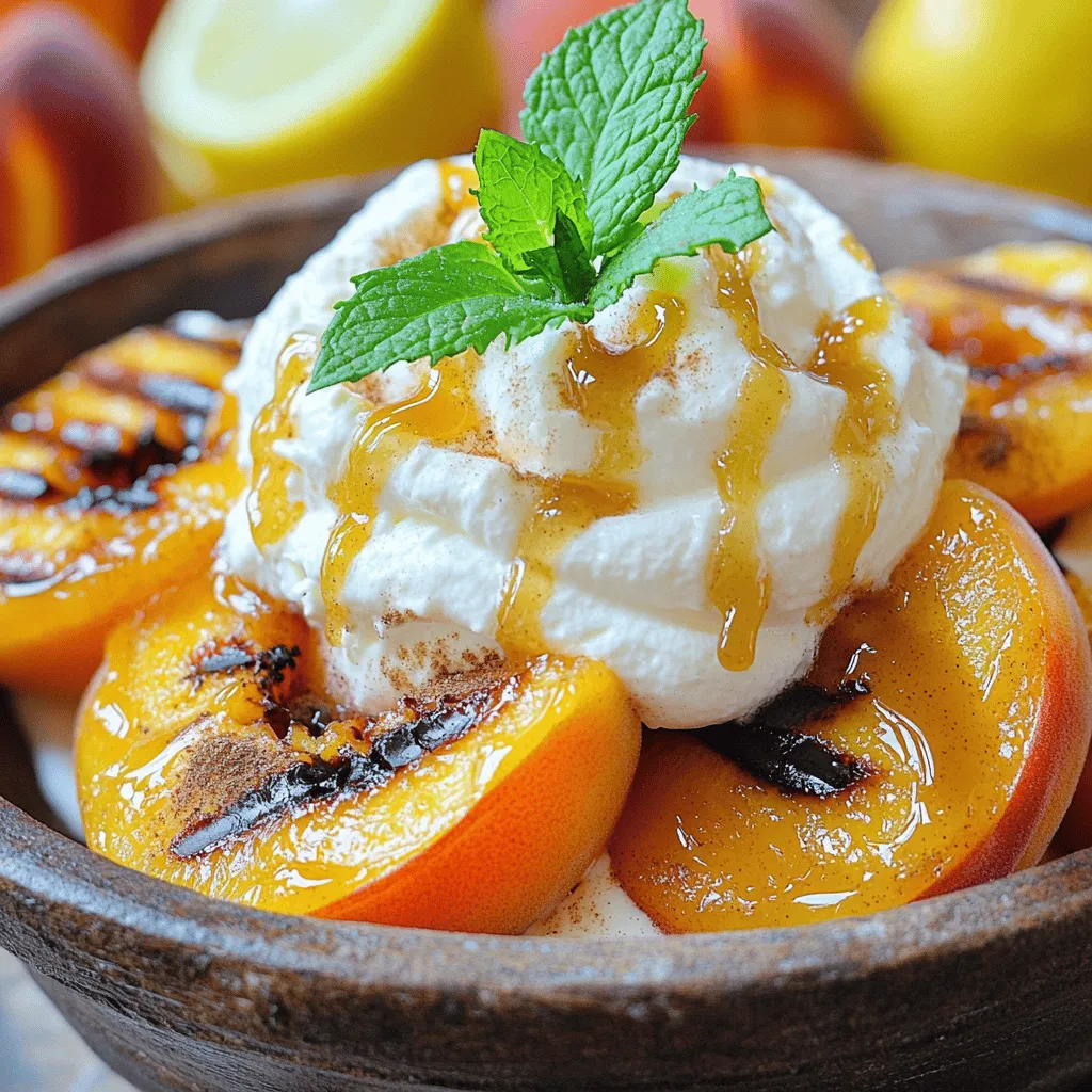 To make Old Fashioned Peaches and Cream, you need these simple ingredients: - 4 ripe peaches, halved and pitted - 2 tablespoons brown sugar - 1 teaspoon ground cinnamon - 1 tablespoon fresh lemon juice - 1 cup heavy cream - 2 tablespoons powdered sugar - 1 teaspoon pure vanilla extract - Fresh mint leaves for garnish I recommend using ripe, juicy peaches for the best flavor. Look for peaches that are slightly soft when you press them gently. They should smell sweet and fragrant. Varieties like Freestone or Clingstone peaches work well. Freestone peaches are easier to pit and have a great taste. Choose peaches with a golden color to ensure they are ripe and ready to eat. If you want a lighter option, you can try different creams. Half-and-half is a popular choice. It has less fat but still creates a nice texture. Another option is coconut cream, which adds a unique flavor. For a dairy-free choice, consider almond or oat milk whipped cream. These alternatives can give you a creamy texture without the heaviness of heavy cream. To start, heat your grill or grill pan to medium heat. You want a nice, hot grill. This heat helps caramelize the peaches and gives them those lovely grill marks. Keep an eye on it; you want it hot but not too hot. Next, grab a small mixing bowl. Combine 2 tablespoons of brown sugar, 1 teaspoon of ground cinnamon, and 1 tablespoon of fresh lemon juice. Mix them well. This glaze adds a sweet and tangy flavor to the peaches. It really makes each bite special! Now, brush the peach halves with your glaze. Make sure every piece is coated. Once you finish, place the peaches cut-side down on the grill. Grill them for about 4-5 minutes. You want them to look caramelized and have nice grill marks. They should smell amazing! While the peaches are grilling, it’s time to make the whipped cream. In a medium bowl, mix 1 cup of heavy cream, 2 tablespoons of powdered sugar, and 1 teaspoon of pure vanilla extract. Use a mixer or whisk to beat the cream until it forms soft peaks. Don’t overwhip; you want it light and fluffy! Once your peaches are grilled, take them off the heat and cool them for a minute. In a serving bowl, place two grilled peach halves. Spoon the whipped cream generously over each peach. If you saved any glaze, drizzle it on top to add sweetness. Finally, add fresh mint leaves as a garnish. It adds a nice color and taste! For the full recipe, check out the section above. Enjoy this delightful dessert! When picking peaches, look for a few key signs. They should feel slightly soft when you press gently. The skin should have a warm color, often yellow or golden. If the peach smells sweet, it’s likely ripe. Avoid peaches with green spots or hard areas. These signs help you choose the best fruit for your dish. To make great whipped cream, start with cold heavy cream. Use a chilled bowl and beaters for best results. Whip the cream on medium speed until soft peaks form. Stop as soon as you see peaks. If you whip too long, it can turn into butter. The goal is light and airy, perfect for topping your peaches. For a beautiful presentation, serve grilled peaches in clear bowls. This way, the golden color shines through. Add a generous dollop of whipped cream on top. A sprig of fresh mint adds a pop of green. You can also sprinkle a little cinnamon for extra color and flavor. These small touches make your dessert look special. Spices can bring out the best in your peaches. A dash of cinnamon adds warmth and depth. Try adding a pinch of nutmeg for a unique twist. If you like a bit of heat, consider a touch of cayenne or black pepper. These spices can elevate the sweetness and make your dessert even more delightful. {{image_4}} You can switch out peaches for other fruits. Try ripe nectarines for a similar taste. Plums also work well, adding a tangy twist. Cherries are another fun option, giving you a sweet and tart flavor. You can also use pineapple if you want a tropical vibe. Just remember to adjust the cooking time for firmer fruits. The idea is to keep the fruit juicy and warm. If you want to change the sweetness, you have options. Honey is a great natural choice. Maple syrup adds a rich flavor, too. For a lighter option, consider agave nectar. You can also add spices like nutmeg or ginger to mix up the flavor profile. They can make the dish more exciting and different each time you make it! To make a vegan version, swap the heavy cream for coconut cream. It whips up nicely and has a lovely flavor. Use a plant-based sweetener, like agave, to keep it vegan. You can also choose non-dairy yogurt for a creamier texture. The key is to keep the sweetness balanced while using fresh, ripe fruit. Enjoy these variations to create your own unique dessert! For the full recipe, check out the detailed steps. To store leftover grilled peaches, let them cool first. Place them in an airtight container. They stay fresh in the fridge for up to three days. If you want to keep them longer, freeze them. Wrap each peach half in plastic wrap, then place them in a freezer bag. Frozen peaches can last for up to three months. Whipped cream is best fresh, but you can store it. Keep any leftover whipped cream in a clean, airtight container. It can last in the fridge for up to two days. If you see it start to separate, gently re-whip it. Avoid freezing whipped cream, as it may change texture. Grilled peaches are best served warm. If you stored them in the fridge, just reheat them briefly in the microwave. Heat them in 15-second bursts until warm. Serve the peaches with fresh whipped cream on top. You can also drizzle more glaze for extra flavor. For a fun twist, try adding a scoop of vanilla ice cream alongside. Enjoy your delicious treat! Peaches and cream is a classic dessert. It started in the United States in the 1800s. This dish showcases the sweet taste of peaches with rich cream. It became popular in summer when peaches are ripe. Many families enjoy it during picnics and gatherings. The simple mix of flavors makes it a timeless treat. Yes, you can use canned peaches. They are a quick and easy option. Look for peaches packed in juice or water. Avoid those in syrup, as they are too sweet. Drain them before use. Canned peaches may not have the same texture as fresh peaches. Still, they can work well in a pinch. To make this dessert dairy-free, use coconut cream instead of heavy cream. Chill a can of coconut milk overnight. Scoop out the thick cream and whip it. You can also use almond milk or oat milk. Add a bit of cornstarch to thicken it up. This way, you still enjoy a creamy dessert without dairy. You can add many tasty toppings to enhance your dish. Here are some ideas: - Chopped nuts for crunch - Granola for texture - Fresh berries for a fruity kick - Chocolate shavings for a sweet twist - A drizzle of honey or maple syrup for extra sweetness Feel free to mix and match these options for fun! Don't forget to check out the Full Recipe for more tips. Old Fashioned Peaches and Cream is a delicious, easy dessert. We covered the best ingredients and tips for selecting ripe peaches. You learned how to grill peaches and make a tasty glaze. Plus, we discussed various alternatives for cream and sweeteners. Remember, you can personalize this dessert with fruits and spices. Keep experimenting and enjoy the new flavors. Whether you serve it at a gathering or savor it alone, this treat is a winner. Happy grilling!
