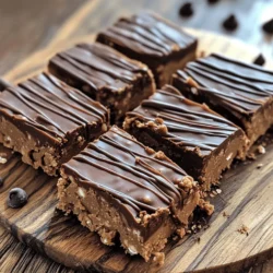 To make these no-bake peanut butter bars, you need the following ingredients: - 1 cup creamy peanut butter - 1/2 cup honey or maple syrup - 1 teaspoon pure vanilla extract - 2 cups rolled oats - 1/2 cup dark chocolate chips (dairy-free if you prefer) - 1/4 cup unsweetened cocoa powder - Pinch of salt These ingredients work together to create a rich and satisfying treat. The peanut butter gives it a creamy texture, while the oats add chewiness. Choosing the right brands can make a big difference in taste. I recommend: - Peanut Butter: Look for brands like Jif or Skippy for smoothness. For natural options, try Adams or Smucker's. - Chocolate Chips: Ghirardelli dark chocolate chips are a great choice. If you want dairy-free, enjoy Enjoy Life chocolate chips. These brands provide quality flavors that shine through in your bars. For each bar, you can expect the following nutritional values: - Calories: 180 - Total Fat: 9g - Saturated Fat: 2g - Carbohydrates: 23g - Fiber: 3g - Sugars: 7g - Protein: 5g These bars are a tasty treat that also packs a decent amount of protein and fiber. They make for a great snack or dessert. Enjoy making these simple no-bake peanut butter bars. For the full recipe, don’t forget to check out the instructions. To make no-bake peanut butter bars, start by gathering your ingredients. You will need creamy peanut butter, honey or maple syrup, pure vanilla extract, rolled oats, dark chocolate chips, cocoa powder, and a pinch of salt. 1. In a medium saucepan, set over low heat, mix the peanut butter, honey, and vanilla. Stir this mixture until it becomes smooth. Be careful not to let it get too hot. 2. Once it's smooth, take the pan off the heat. Now, add in the rolled oats, cocoa powder, and a pinch of salt. Stir well until everything is mixed. 3. Next, fold in the dark chocolate chips gently. This adds a nice touch to each bite. To get the best texture, make sure you pack the mixture tightly in the baking dish. When you press it down, use the back of a spatula or your hands. This step is key. A well-packed mixture holds together better when you cut it. If your mixture seems too dry, you can add a tiny splash of water. If it is too sticky, mix in a few more oats. After you chill the mixture for at least 2 hours, it will be firm. Carefully lift it out of the dish using the parchment paper. Now, use a sharp knife to cut the bars into squares or rectangles. To serve, you can add a sprinkle of cocoa powder or some extra chocolate chips on top. These treats are great for sharing or enjoying yourself! Store any leftovers in an airtight container in the fridge for up to a week. For the full recipe, check out the complete instructions above. To keep your bars from sticking, use parchment paper. Line the bottom and sides of your baking dish. Leave some paper hanging over the edges. This makes it easy to lift the bars out later. Press the mixture down firmly when you spread it in the dish. A tightly packed mix helps the bars hold together. One common mistake is not cooling the mixture enough. If you try to cut the bars too soon, they may fall apart. Always let them chill in the fridge for at least two hours. Another mistake is using the wrong type of peanut butter. Stick to creamy peanut butter for the best texture. Crunchy types can change how the bars feel in your mouth. You can swap honey for maple syrup if you want a vegan option. If you need gluten-free bars, use certified gluten-free oats. For a nut-free version, try sun butter in place of peanut butter. Want to cut sugar? Use a sugar-free chocolate chip option. These swaps keep the bars tasty while fitting your dietary needs. You can find the full recipe for these no-bake peanut butter bars in the previous section. {{image_4}} You can change your no-bake peanut butter bars by adding fun mix-ins. Try nuts like almonds or walnuts for crunch. Sunflower seeds add a nice texture too. Dried fruits, such as raisins or cranberries, bring sweetness and chewiness. Mix these in when you add the chocolate chips. This lets you customize flavors and textures that everyone will enjoy. If you need gluten-free bars, use certified gluten-free oats. They taste just as good! For a vegan option, replace honey with maple syrup. This keeps the bars sweet without using animal products. Also, choose dairy-free chocolate chips to keep everything vegan-friendly. These changes let everyone join in and enjoy these tasty treats. You can also play with flavors in your bars. For a protein boost, mix in a scoop of protein powder. This is great for active kids and adults. If you want to spice things up, try adding cinnamon or a pinch of sea salt. These tiny tweaks make your bars unique and extra delicious. Get creative, and enjoy discovering your new favorite flavor! Storing your no-bake peanut butter bars correctly keeps them fresh and tasty. After you cut the bars, place them in an airtight container. This method protects them from air and moisture. You can also layer parchment paper between the bars. This helps to prevent them from sticking together. When stored in the fridge, these bars stay good for about one week. The cool temperature keeps the peanut butter firm. This means you can enjoy a tasty treat every day! Just check for any signs of spoilage before eating. If they look or smell off, it's best to toss them. You can freeze these bars if you want to save some for later. Cut the bars into squares first. Wrap each piece in plastic wrap, then place them in a freezer bag. They can last up to three months in the freezer. When you're ready to eat one, let it thaw in the fridge for a few hours. This way, you can enjoy a cold and creamy treat anytime! For the full recipe, see the earlier sections. Yes, you can make no-bake peanut butter bars ahead of time. These bars actually taste better after sitting for a day. This allows the flavors to blend well. Just store them in an airtight container in the fridge. They will stay fresh for about one week. If you want, you can also freeze them for longer storage. Just remember to wrap them well before freezing. If your mixture becomes too sticky, don't worry! This can happen if you add too much peanut butter or syrup. To fix this, simply add more rolled oats. Start with 1/4 cup and mix it in. This will help absorb some of the stickiness without changing the taste. Make sure the mixture still holds together when you press it into the dish. To lower the sugar in these bars, you can use less honey or maple syrup. Try cutting the amount in half. You can also use unsweetened applesauce as a replacement. This will give sweetness without adding much sugar. Another option is to use sugar-free chocolate chips. Just check the label to make sure they fit your needs. You’ve learned how to make delicious no-bake peanut butter bars. We covered the key ingredients, how to prepare them, and tips for the best results. You now know how to store the bars and enjoy different variations. Remember to avoid common mistakes to make your bars perfect each time. These bars are fun to customize and share. Enjoy your tasty treats and impress your friends and family with your new skills!