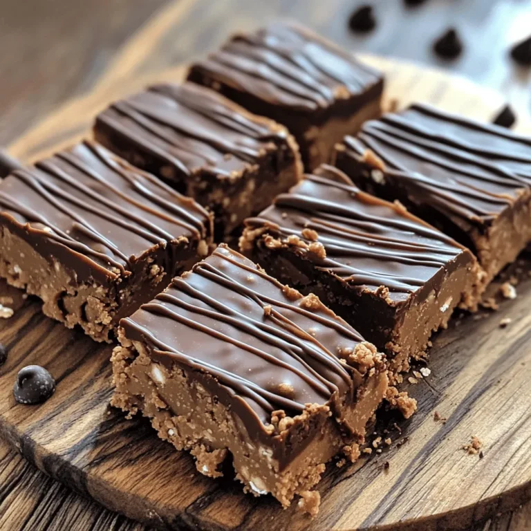 To make these no-bake peanut butter bars, you need the following ingredients: - 1 cup creamy peanut butter - 1/2 cup honey or maple syrup - 1 teaspoon pure vanilla extract - 2 cups rolled oats - 1/2 cup dark chocolate chips (dairy-free if you prefer) - 1/4 cup unsweetened cocoa powder - Pinch of salt These ingredients work together to create a rich and satisfying treat. The peanut butter gives it a creamy texture, while the oats add chewiness. Choosing the right brands can make a big difference in taste. I recommend: - Peanut Butter: Look for brands like Jif or Skippy for smoothness. For natural options, try Adams or Smucker's. - Chocolate Chips: Ghirardelli dark chocolate chips are a great choice. If you want dairy-free, enjoy Enjoy Life chocolate chips. These brands provide quality flavors that shine through in your bars. For each bar, you can expect the following nutritional values: - Calories: 180 - Total Fat: 9g - Saturated Fat: 2g - Carbohydrates: 23g - Fiber: 3g - Sugars: 7g - Protein: 5g These bars are a tasty treat that also packs a decent amount of protein and fiber. They make for a great snack or dessert. Enjoy making these simple no-bake peanut butter bars. For the full recipe, don’t forget to check out the instructions. To make no-bake peanut butter bars, start by gathering your ingredients. You will need creamy peanut butter, honey or maple syrup, pure vanilla extract, rolled oats, dark chocolate chips, cocoa powder, and a pinch of salt. 1. In a medium saucepan, set over low heat, mix the peanut butter, honey, and vanilla. Stir this mixture until it becomes smooth. Be careful not to let it get too hot. 2. Once it's smooth, take the pan off the heat. Now, add in the rolled oats, cocoa powder, and a pinch of salt. Stir well until everything is mixed. 3. Next, fold in the dark chocolate chips gently. This adds a nice touch to each bite. To get the best texture, make sure you pack the mixture tightly in the baking dish. When you press it down, use the back of a spatula or your hands. This step is key. A well-packed mixture holds together better when you cut it. If your mixture seems too dry, you can add a tiny splash of water. If it is too sticky, mix in a few more oats. After you chill the mixture for at least 2 hours, it will be firm. Carefully lift it out of the dish using the parchment paper. Now, use a sharp knife to cut the bars into squares or rectangles. To serve, you can add a sprinkle of cocoa powder or some extra chocolate chips on top. These treats are great for sharing or enjoying yourself! Store any leftovers in an airtight container in the fridge for up to a week. For the full recipe, check out the complete instructions above. To keep your bars from sticking, use parchment paper. Line the bottom and sides of your baking dish. Leave some paper hanging over the edges. This makes it easy to lift the bars out later. Press the mixture down firmly when you spread it in the dish. A tightly packed mix helps the bars hold together. One common mistake is not cooling the mixture enough. If you try to cut the bars too soon, they may fall apart. Always let them chill in the fridge for at least two hours. Another mistake is using the wrong type of peanut butter. Stick to creamy peanut butter for the best texture. Crunchy types can change how the bars feel in your mouth. You can swap honey for maple syrup if you want a vegan option. If you need gluten-free bars, use certified gluten-free oats. For a nut-free version, try sun butter in place of peanut butter. Want to cut sugar? Use a sugar-free chocolate chip option. These swaps keep the bars tasty while fitting your dietary needs. You can find the full recipe for these no-bake peanut butter bars in the previous section. {{image_4}} You can change your no-bake peanut butter bars by adding fun mix-ins. Try nuts like almonds or walnuts for crunch. Sunflower seeds add a nice texture too. Dried fruits, such as raisins or cranberries, bring sweetness and chewiness. Mix these in when you add the chocolate chips. This lets you customize flavors and textures that everyone will enjoy. If you need gluten-free bars, use certified gluten-free oats. They taste just as good! For a vegan option, replace honey with maple syrup. This keeps the bars sweet without using animal products. Also, choose dairy-free chocolate chips to keep everything vegan-friendly. These changes let everyone join in and enjoy these tasty treats. You can also play with flavors in your bars. For a protein boost, mix in a scoop of protein powder. This is great for active kids and adults. If you want to spice things up, try adding cinnamon or a pinch of sea salt. These tiny tweaks make your bars unique and extra delicious. Get creative, and enjoy discovering your new favorite flavor! Storing your no-bake peanut butter bars correctly keeps them fresh and tasty. After you cut the bars, place them in an airtight container. This method protects them from air and moisture. You can also layer parchment paper between the bars. This helps to prevent them from sticking together. When stored in the fridge, these bars stay good for about one week. The cool temperature keeps the peanut butter firm. This means you can enjoy a tasty treat every day! Just check for any signs of spoilage before eating. If they look or smell off, it's best to toss them. You can freeze these bars if you want to save some for later. Cut the bars into squares first. Wrap each piece in plastic wrap, then place them in a freezer bag. They can last up to three months in the freezer. When you're ready to eat one, let it thaw in the fridge for a few hours. This way, you can enjoy a cold and creamy treat anytime! For the full recipe, see the earlier sections. Yes, you can make no-bake peanut butter bars ahead of time. These bars actually taste better after sitting for a day. This allows the flavors to blend well. Just store them in an airtight container in the fridge. They will stay fresh for about one week. If you want, you can also freeze them for longer storage. Just remember to wrap them well before freezing. If your mixture becomes too sticky, don't worry! This can happen if you add too much peanut butter or syrup. To fix this, simply add more rolled oats. Start with 1/4 cup and mix it in. This will help absorb some of the stickiness without changing the taste. Make sure the mixture still holds together when you press it into the dish. To lower the sugar in these bars, you can use less honey or maple syrup. Try cutting the amount in half. You can also use unsweetened applesauce as a replacement. This will give sweetness without adding much sugar. Another option is to use sugar-free chocolate chips. Just check the label to make sure they fit your needs. You’ve learned how to make delicious no-bake peanut butter bars. We covered the key ingredients, how to prepare them, and tips for the best results. You now know how to store the bars and enjoy different variations. Remember to avoid common mistakes to make your bars perfect each time. These bars are fun to customize and share. Enjoy your tasty treats and impress your friends and family with your new skills!