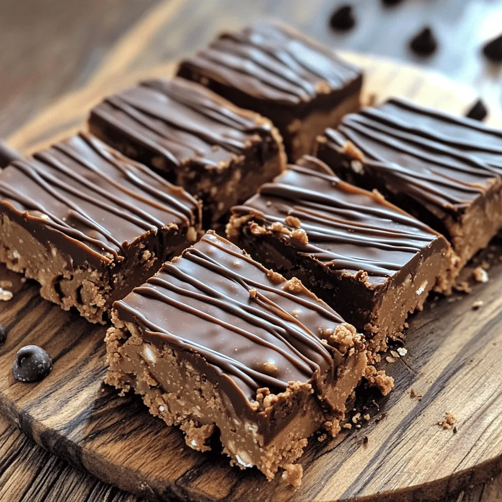 To make these no-bake peanut butter bars, you need the following ingredients: - 1 cup creamy peanut butter - 1/2 cup honey or maple syrup - 1 teaspoon pure vanilla extract - 2 cups rolled oats - 1/2 cup dark chocolate chips (dairy-free if you prefer) - 1/4 cup unsweetened cocoa powder - Pinch of salt These ingredients work together to create a rich and satisfying treat. The peanut butter gives it a creamy texture, while the oats add chewiness. Choosing the right brands can make a big difference in taste. I recommend: - Peanut Butter: Look for brands like Jif or Skippy for smoothness. For natural options, try Adams or Smucker's. - Chocolate Chips: Ghirardelli dark chocolate chips are a great choice. If you want dairy-free, enjoy Enjoy Life chocolate chips. These brands provide quality flavors that shine through in your bars. For each bar, you can expect the following nutritional values: - Calories: 180 - Total Fat: 9g - Saturated Fat: 2g - Carbohydrates: 23g - Fiber: 3g - Sugars: 7g - Protein: 5g These bars are a tasty treat that also packs a decent amount of protein and fiber. They make for a great snack or dessert. Enjoy making these simple no-bake peanut butter bars. For the full recipe, don’t forget to check out the instructions. To make no-bake peanut butter bars, start by gathering your ingredients. You will need creamy peanut butter, honey or maple syrup, pure vanilla extract, rolled oats, dark chocolate chips, cocoa powder, and a pinch of salt. 1. In a medium saucepan, set over low heat, mix the peanut butter, honey, and vanilla. Stir this mixture until it becomes smooth. Be careful not to let it get too hot. 2. Once it's smooth, take the pan off the heat. Now, add in the rolled oats, cocoa powder, and a pinch of salt. Stir well until everything is mixed. 3. Next, fold in the dark chocolate chips gently. This adds a nice touch to each bite. To get the best texture, make sure you pack the mixture tightly in the baking dish. When you press it down, use the back of a spatula or your hands. This step is key. A well-packed mixture holds together better when you cut it. If your mixture seems too dry, you can add a tiny splash of water. If it is too sticky, mix in a few more oats. After you chill the mixture for at least 2 hours, it will be firm. Carefully lift it out of the dish using the parchment paper. Now, use a sharp knife to cut the bars into squares or rectangles. To serve, you can add a sprinkle of cocoa powder or some extra chocolate chips on top. These treats are great for sharing or enjoying yourself! Store any leftovers in an airtight container in the fridge for up to a week. For the full recipe, check out the complete instructions above. To keep your bars from sticking, use parchment paper. Line the bottom and sides of your baking dish. Leave some paper hanging over the edges. This makes it easy to lift the bars out later. Press the mixture down firmly when you spread it in the dish. A tightly packed mix helps the bars hold together. One common mistake is not cooling the mixture enough. If you try to cut the bars too soon, they may fall apart. Always let them chill in the fridge for at least two hours. Another mistake is using the wrong type of peanut butter. Stick to creamy peanut butter for the best texture. Crunchy types can change how the bars feel in your mouth. You can swap honey for maple syrup if you want a vegan option. If you need gluten-free bars, use certified gluten-free oats. For a nut-free version, try sun butter in place of peanut butter. Want to cut sugar? Use a sugar-free chocolate chip option. These swaps keep the bars tasty while fitting your dietary needs. You can find the full recipe for these no-bake peanut butter bars in the previous section. {{image_4}} You can change your no-bake peanut butter bars by adding fun mix-ins. Try nuts like almonds or walnuts for crunch. Sunflower seeds add a nice texture too. Dried fruits, such as raisins or cranberries, bring sweetness and chewiness. Mix these in when you add the chocolate chips. This lets you customize flavors and textures that everyone will enjoy. If you need gluten-free bars, use certified gluten-free oats. They taste just as good! For a vegan option, replace honey with maple syrup. This keeps the bars sweet without using animal products. Also, choose dairy-free chocolate chips to keep everything vegan-friendly. These changes let everyone join in and enjoy these tasty treats. You can also play with flavors in your bars. For a protein boost, mix in a scoop of protein powder. This is great for active kids and adults. If you want to spice things up, try adding cinnamon or a pinch of sea salt. These tiny tweaks make your bars unique and extra delicious. Get creative, and enjoy discovering your new favorite flavor! Storing your no-bake peanut butter bars correctly keeps them fresh and tasty. After you cut the bars, place them in an airtight container. This method protects them from air and moisture. You can also layer parchment paper between the bars. This helps to prevent them from sticking together. When stored in the fridge, these bars stay good for about one week. The cool temperature keeps the peanut butter firm. This means you can enjoy a tasty treat every day! Just check for any signs of spoilage before eating. If they look or smell off, it's best to toss them. You can freeze these bars if you want to save some for later. Cut the bars into squares first. Wrap each piece in plastic wrap, then place them in a freezer bag. They can last up to three months in the freezer. When you're ready to eat one, let it thaw in the fridge for a few hours. This way, you can enjoy a cold and creamy treat anytime! For the full recipe, see the earlier sections. Yes, you can make no-bake peanut butter bars ahead of time. These bars actually taste better after sitting for a day. This allows the flavors to blend well. Just store them in an airtight container in the fridge. They will stay fresh for about one week. If you want, you can also freeze them for longer storage. Just remember to wrap them well before freezing. If your mixture becomes too sticky, don't worry! This can happen if you add too much peanut butter or syrup. To fix this, simply add more rolled oats. Start with 1/4 cup and mix it in. This will help absorb some of the stickiness without changing the taste. Make sure the mixture still holds together when you press it into the dish. To lower the sugar in these bars, you can use less honey or maple syrup. Try cutting the amount in half. You can also use unsweetened applesauce as a replacement. This will give sweetness without adding much sugar. Another option is to use sugar-free chocolate chips. Just check the label to make sure they fit your needs. You’ve learned how to make delicious no-bake peanut butter bars. We covered the key ingredients, how to prepare them, and tips for the best results. You now know how to store the bars and enjoy different variations. Remember to avoid common mistakes to make your bars perfect each time. These bars are fun to customize and share. Enjoy your tasty treats and impress your friends and family with your new skills!