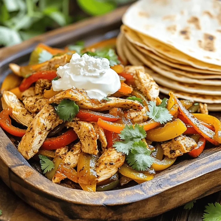 - 1 pound boneless, skinless chicken breasts, sliced - Bell pepper (red or green), sliced - 1 large onion, sliced - 3 cloves garlic, minced - 2 tablespoons olive oil - 2 teaspoons chili powder - 1 teaspoon ground cumin - 1 teaspoon smoked paprika - Salt and pepper to taste - 8 small flour or corn tortillas - Optional toppings: sour cream, guacamole, shredded cheese, cilantro For my easy chicken fajitas, I start with fresh ingredients. I choose 1 pound of boneless, skinless chicken breasts. Slicing them into thin strips helps them cook quickly. I like to use colorful bell peppers, either red or green, for a pop of color and flavor. Slicing a large onion adds sweetness and depth to the dish. Next, minced garlic packs a punch of flavor. I always use fresh garlic for the best taste. Olive oil is essential for cooking. It keeps the chicken moist and helps brown the veggies. For spices, I use chili powder, ground cumin, and smoked paprika. These spices create a warm, smoky flavor. I add salt and pepper to enhance all the tastes. Finally, I warm small flour or corn tortillas. They are perfect for wrapping around the delicious filling. For extra flavor, I love optional toppings like sour cream, creamy guacamole, shredded cheese, or fresh cilantro. You can find the full recipe [here](#). With these ingredients, you will create a tasty and colorful dish that everyone will enjoy! Start by mixing the chicken in a large bowl. Add minced garlic, chili powder, cumin, smoked paprika, salt, and pepper. Use your hands or a spatula to coat the chicken. Let it sit for a bit so the flavors soak in. Next, grab a skillet and heat one tablespoon of olive oil over medium-high heat. When the oil shimmers, add the marinated chicken. Cook it for about 5-7 minutes. Stir occasionally until the chicken turns golden and is no longer pink. Once done, transfer the chicken to a plate. In the same skillet, pour in the remaining tablespoon of olive oil. Add the sliced bell pepper and onion. Sauté for 4-5 minutes. Stir until the vegetables soften and caramelize a bit. This step adds a sweet flavor. Now, return the cooked chicken to the skillet with the sautéed veggies. Stir everything together. Let it cook for another 2-3 minutes. This helps the chicken and vegetables share their flavors. While the chicken and vegetables meld, warm the tortillas. You can use a skillet over medium heat for 20-30 seconds on each side. Alternatively, wrap them in a damp paper towel and microwave for 20-30 seconds until soft. Take a warm tortilla and scoop a generous amount of the chicken and veggie mix into the center. You can add toppings like sour cream, guacamole, shredded cheese, and fresh cilantro. These will add flavor and color to your dish. - Use fresh chicken for best results - Avoid overcooking to retain moisture To get tender chicken, always start with fresh chicken. When you buy chicken, check the date. Fresh chicken cooks evenly and tastes better. Overcooking chicken makes it dry. Cook it until it’s just done. A meat thermometer helps here. Aim for 165°F for safe eating. Let it rest for a few minutes before slicing. This keeps the juices inside. - Experiment with different spices - Adjust spice levels to preference Seasoning is key for great fajitas. Start with chili powder, cumin, and smoked paprika. These spices add warmth and depth. You can try other spices too. Consider adding oregano or cayenne for more heat. Taste your mix before cooking. If you want more heat, add more chili powder. If you prefer milder, cut back. Don’t be afraid to play with flavors. - Utilize a cast iron skillet for even cooking - Opt for high heat for better caramelization of veggies A cast iron skillet is your best friend for fajitas. It heats evenly and gives a nice sear. Start with high heat when cooking. This helps to caramelize the veggies. Caramelization adds a sweet flavor. Make sure to not crowd the pan. Cook in batches if needed. This way, everything gets that lovely char you want. Follow these tips, and your fajitas will shine. For the full recipe, check out the main section. {{image_4}} You can easily make these fajitas meat-free. Substitute chicken with mushrooms or tofu. Both options absorb flavors well. For mushrooms, use portobello or button varieties. Slice them thinly and sauté until tender. If you choose tofu, press it to remove excess water. Cut it into cubes and season it like chicken. This option is great for plant-based diets. Want a twist on the classic? Serve the chicken and veggies over rice. This method is lighter and just as tasty. Start with a base of fluffy white or brown rice. Then, add your chicken and veggie mix on top. You can layer on toppings like avocado or salsa for extra flavor. It’s a fun and filling meal. Feel free to switch up the protein. Beef or shrimp work great in fajitas too. For beef, use flank steak or skirt steak, sliced thinly. Cook it the same way as chicken for best results. Shrimp cooks quickly, so add it last in the skillet. Just a few minutes will give you juicy, flavorful shrimp. These options add variety to your meals. You can find the full recipe for Easy Chicken Fajitas above. Enjoy experimenting with these variations! After making your delicious chicken fajitas, store the extras in an airtight container. This keeps them fresh and tasty. The fajitas are best if you eat them within three days. You can heat them up in a skillet or microwave for a quick meal. To freeze chicken fajitas, let them cool first. Then, place them in a freezer-safe bag or container. Be sure to remove as much air as you can. This helps prevent freezer burn. When you are ready to eat them, take them out and thaw them in the fridge overnight. For reheating, a skillet works best to bring back the flavors. Just heat until hot, and enjoy! Yes, you can prep your fajitas early. Here are some tips: - Meal Prepping: Cut your chicken and veggies the night before. Store them in separate containers. This keeps them fresh and ready to cook. - Storing Components: Keep your cooked chicken and veggies in the fridge for up to three days. Place them in airtight containers. It makes reheating a breeze! Toppings add fun to fajitas. Here are some great ideas: - Sour cream adds creaminess. - Guacamole gives a rich, buttery taste. - Shredded cheese brings a nice melt. - Fresh cilantro adds a pop of color and flavor. - Serve with lime wedges for a zesty kick! Customizing fajitas is easy and fun! Here are some tips: - Add More Spice: Try jalapeños for heat. - Different Proteins: Use shrimp or beef instead of chicken. - Extra Veggies: Toss in zucchini or mushrooms. - Herbs and Spices: Add fresh oregano or a dash of cayenne for more flavor. Sides can enhance your meal. Here are some great choices: - Mexican rice adds a hearty touch. - Refried beans make a filling side. - Corn on the cob is sweet and crunchy. - A fresh salad with lime dressing keeps it light. These sides balance the flavors of your fajitas perfectly! Easy chicken fajitas are simple and fun to make. You mix chicken, spices, and veggies for tasty meals. Remember to marinate the chicken for a great flavor. Cook it well and don't skip the warm tortillas. Try different ingredients to fit your taste, like mushrooms or shrimp. Store leftovers properly to enjoy later. With these tips, you can create delicious fajitas everyone will love. Cooking can be a joy, so keep experimenting!