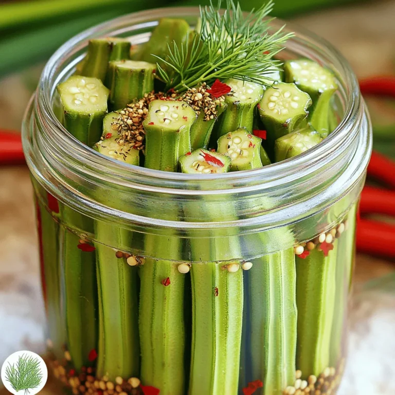 - 1 pound fresh okra, stems trimmed - 2 cups distilled white vinegar - 1 cup water - 2 tablespoons sea salt - 2 teaspoons granulated sugar - 4 cloves of garlic, crushed - 1 tablespoon dill seeds - 1 tablespoon black mustard seeds - 1 teaspoon red pepper flakes The main star of our dish is fresh okra. Look for firm, bright green pods. They should feel crisp when you touch them. The vinegar adds the right tang, while garlic and spices bring depth. Together, they create a flavor that sings. - 1 teaspoon pickling spice - 1 bay leaf - Adjusting spice level with red pepper flakes You can add pickling spice for extra flavor. This spice mix often includes herbs like coriander or allspice. If you enjoy heat, add more red pepper flakes. Adjust the amount based on your taste. A little heat can really kick things up! For the full recipe, check out the detailed steps. Start by washing the okra under cool water. Make sure to clean each pod well. Next, trim the stems carefully. Don’t cut too deep, or you risk losing the seeds inside. This step helps keep the okra crunchy. Once washed and trimmed, it's time to pack the okra in the jar. Use a clean mason jar for this task. Place the okra upright, packing them tightly. This maximizes space and keeps them looking nice. To make the pickling solution, combine vinegar, water, salt, and sugar in a medium saucepan. Use 2 cups of vinegar, 1 cup of water, 2 tablespoons of salt, and 2 teaspoons of sugar. Set the heat to medium. Bring the mixture to a gentle boil. Stir occasionally until the salt and sugar dissolve completely. This step is key to a flavorful brine. Once the brine is ready, layer ingredients in the jar. Between the layers of okra, add crushed garlic, dill seeds, black mustard seeds, and red pepper flakes. You can also add a bay leaf for extra flavor. After layering, carefully pour the hot pickling solution over the okra. Ensure all the okra is fully submerged. If you see air pockets, tap the jar gently against a surface to release them. Allow the jar to cool to room temperature without a lid. This prevents condensation. Once cool, seal the jar tightly. For the best flavor, refrigerate the pickled okra for at least 24 hours. However, waiting 3 to 5 days gives you the best taste. For the full recipe, check out the [Full Recipe]. To keep your okra crunchy, do not cut too deep when trimming. If you cut too close to the seed, the okra will lose its texture. Focus on just removing the stem. Another key to crisp okra is refrigeration. After preparing your pickles, let them cool at room temperature. Once cooled, seal the jar and place it in the fridge. The cold helps maintain that satisfying crunch. Spices can boost the flavor of your pickled okra. I recommend adding dill seeds, garlic, and black mustard seeds. These spices give a nice balance to the okra's taste. You can also play with the acidity and sweetness. Use a bit more sugar if you like a sweeter flavor. This balance can enhance the overall taste of your pickles. For more zest, adjust the red pepper flakes based on your spice preference. For more details, follow the Full Recipe to make your own Crisp Pickled Okra. {{image_4}} To make your okra pop with heat, add more red pepper flakes. This simple tweak gives a nice kick. If you love spice, try adding jalapeños or other hot peppers. Slice them thin and layer them in the jar with the okra. This change brings bold flavors to your pickles. For a fun twist, increase the sugar content. This will balance the sour vinegar taste. You can also mix in unique spices like cinnamon or allspice. These warm spices add depth and warmth to your pickled okra. Each bite will surprise you with sweet and spicy notes, making them even more enjoyable. For the full recipe, check out the Crisp Pickled Okra Delight. Enjoy exploring these variations! To keep your pickled okra fresh and crunchy, choose the right container. A glass jar with a tight lid works best. Make sure it is clean and dry before use. Avoid plastic containers since they can absorb odors and colors. Store your jar in the fridge. Keep it away from light and heat. Light can change the taste over time. A dark corner in your fridge is perfect. Expect your pickled okra to last about 1 to 2 months in the fridge. The flavor gets better over time, but enjoy them before they lose their crunch. Watch for signs of spoilage. If you see mold or notice an off smell, throw it out. Also, if the okra becomes soft or mushy, it’s time to discard them. Keeping an eye on these signs helps ensure you enjoy the best flavor and texture. For the best flavor, refrigerate your pickled okra for at least 24 hours. However, I recommend waiting 3 to 5 days. This gives the spices time to blend with the okra, making each bite more delicious. The longer you wait, the better the taste. You can use frozen okra, but I don't recommend it. Frozen okra tends to lose its crunch. If you do use it, make sure to thaw and dry it well. This helps reduce moisture, but be aware that the final texture may differ. You can find pre-made crisp pickled okra at local grocery stores. Look in the canned goods aisle or the pickle section. If you prefer online shopping, check websites like Amazon or specialty food stores. They offer a variety of options to suit your taste. Now that you know how to make pickled okra, you have all the tools for success. You learned about the key ingredients, preparation steps, and storage tips. Keeping your okra crisp is vital, so remember to follow the tips closely. If you want to spice things up, try different flavors or adjust the sweetness. Enjoy your homemade pickled okra and experiment with variations. This simple process leads to tasty results. Happy pickling!