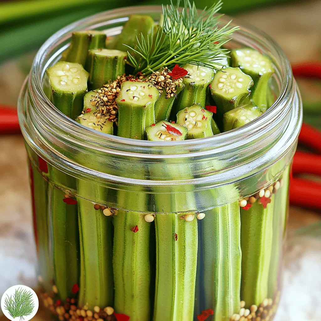 - 1 pound fresh okra, stems trimmed - 2 cups distilled white vinegar - 1 cup water - 2 tablespoons sea salt - 2 teaspoons granulated sugar - 4 cloves of garlic, crushed - 1 tablespoon dill seeds - 1 tablespoon black mustard seeds - 1 teaspoon red pepper flakes The main star of our dish is fresh okra. Look for firm, bright green pods. They should feel crisp when you touch them. The vinegar adds the right tang, while garlic and spices bring depth. Together, they create a flavor that sings. - 1 teaspoon pickling spice - 1 bay leaf - Adjusting spice level with red pepper flakes You can add pickling spice for extra flavor. This spice mix often includes herbs like coriander or allspice. If you enjoy heat, add more red pepper flakes. Adjust the amount based on your taste. A little heat can really kick things up! For the full recipe, check out the detailed steps. Start by washing the okra under cool water. Make sure to clean each pod well. Next, trim the stems carefully. Don’t cut too deep, or you risk losing the seeds inside. This step helps keep the okra crunchy. Once washed and trimmed, it's time to pack the okra in the jar. Use a clean mason jar for this task. Place the okra upright, packing them tightly. This maximizes space and keeps them looking nice. To make the pickling solution, combine vinegar, water, salt, and sugar in a medium saucepan. Use 2 cups of vinegar, 1 cup of water, 2 tablespoons of salt, and 2 teaspoons of sugar. Set the heat to medium. Bring the mixture to a gentle boil. Stir occasionally until the salt and sugar dissolve completely. This step is key to a flavorful brine. Once the brine is ready, layer ingredients in the jar. Between the layers of okra, add crushed garlic, dill seeds, black mustard seeds, and red pepper flakes. You can also add a bay leaf for extra flavor. After layering, carefully pour the hot pickling solution over the okra. Ensure all the okra is fully submerged. If you see air pockets, tap the jar gently against a surface to release them. Allow the jar to cool to room temperature without a lid. This prevents condensation. Once cool, seal the jar tightly. For the best flavor, refrigerate the pickled okra for at least 24 hours. However, waiting 3 to 5 days gives you the best taste. For the full recipe, check out the [Full Recipe]. To keep your okra crunchy, do not cut too deep when trimming. If you cut too close to the seed, the okra will lose its texture. Focus on just removing the stem. Another key to crisp okra is refrigeration. After preparing your pickles, let them cool at room temperature. Once cooled, seal the jar and place it in the fridge. The cold helps maintain that satisfying crunch. Spices can boost the flavor of your pickled okra. I recommend adding dill seeds, garlic, and black mustard seeds. These spices give a nice balance to the okra's taste. You can also play with the acidity and sweetness. Use a bit more sugar if you like a sweeter flavor. This balance can enhance the overall taste of your pickles. For more zest, adjust the red pepper flakes based on your spice preference. For more details, follow the Full Recipe to make your own Crisp Pickled Okra. {{image_4}} To make your okra pop with heat, add more red pepper flakes. This simple tweak gives a nice kick. If you love spice, try adding jalapeños or other hot peppers. Slice them thin and layer them in the jar with the okra. This change brings bold flavors to your pickles. For a fun twist, increase the sugar content. This will balance the sour vinegar taste. You can also mix in unique spices like cinnamon or allspice. These warm spices add depth and warmth to your pickled okra. Each bite will surprise you with sweet and spicy notes, making them even more enjoyable. For the full recipe, check out the Crisp Pickled Okra Delight. Enjoy exploring these variations! To keep your pickled okra fresh and crunchy, choose the right container. A glass jar with a tight lid works best. Make sure it is clean and dry before use. Avoid plastic containers since they can absorb odors and colors. Store your jar in the fridge. Keep it away from light and heat. Light can change the taste over time. A dark corner in your fridge is perfect. Expect your pickled okra to last about 1 to 2 months in the fridge. The flavor gets better over time, but enjoy them before they lose their crunch. Watch for signs of spoilage. If you see mold or notice an off smell, throw it out. Also, if the okra becomes soft or mushy, it’s time to discard them. Keeping an eye on these signs helps ensure you enjoy the best flavor and texture. For the best flavor, refrigerate your pickled okra for at least 24 hours. However, I recommend waiting 3 to 5 days. This gives the spices time to blend with the okra, making each bite more delicious. The longer you wait, the better the taste. You can use frozen okra, but I don't recommend it. Frozen okra tends to lose its crunch. If you do use it, make sure to thaw and dry it well. This helps reduce moisture, but be aware that the final texture may differ. You can find pre-made crisp pickled okra at local grocery stores. Look in the canned goods aisle or the pickle section. If you prefer online shopping, check websites like Amazon or specialty food stores. They offer a variety of options to suit your taste. Now that you know how to make pickled okra, you have all the tools for success. You learned about the key ingredients, preparation steps, and storage tips. Keeping your okra crisp is vital, so remember to follow the tips closely. If you want to spice things up, try different flavors or adjust the sweetness. Enjoy your homemade pickled okra and experiment with variations. This simple process leads to tasty results. Happy pickling!