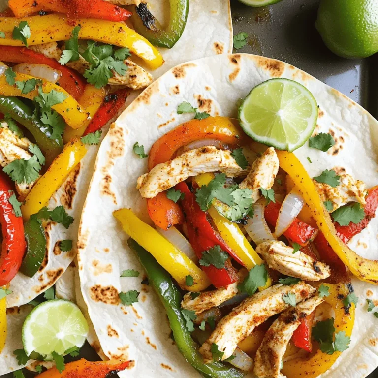 - Chicken and Vegetables For this dish, you need 1.5 lbs of chicken breast. Slice it into thin strips. Use three types of bell peppers: red, yellow, and green. Each one adds a sweet flavor and a pop of color. Also, include one medium onion, sliced thin. - Spices and Seasonings Flavor is key. Use 3 tablespoons of olive oil. Add 2 teaspoons of chili powder for heat. One teaspoon each of ground cumin, smoked paprika, garlic powder, and onion powder will deepen the taste. Season with salt and pepper to your liking. - Tortillas and Garnish You’ll need 8 small flour tortillas to wrap your fajitas. Fresh cilantro adds a nice touch on top. Don't forget lime wedges to squeeze over your fajitas for brightness. - Alternative Proteins If you want a different protein, try turkey or shrimp. Tofu works great for a vegetarian option. Both will take the same spices well. - Different Vegetables You can switch the peppers for zucchini or mushrooms. Broccoli or asparagus also works well. Use what you have for a fresh twist. - Spice Variations Play with the spices. If you like more heat, add cayenne pepper. For a smokier flavor, try chipotle powder. You can even skip the spices for a milder taste. For the full recipe, check the section above. First, slice the chicken and vegetables. You want thin strips for even cooking. Use a sharp knife to cut 1.5 lbs of chicken breast. Next, slice one red, one yellow, and one green bell pepper. Thinly slice one medium onion as well. Now, prepare the baking sheet. Preheat your oven to 400°F (200°C). Line a large baking sheet with parchment paper or lightly grease it. This step helps the fajitas not stick. Combine the ingredients in a large bowl. Add the sliced chicken, peppers, and onion. Next, drizzle 3 tablespoons of olive oil over the mix. Now it's time to add the spices. Use 2 teaspoons of chili powder, 1 teaspoon of ground cumin, 1 teaspoon of smoked paprika, 1 teaspoon of garlic powder, and 1 teaspoon of onion powder. Season with salt and pepper to taste. Toss everything well. Use your hands or a spatula to coat all the ingredients evenly. Spread the seasoned mixture evenly on the baking sheet. Make sure no pieces overlap. This way, everything cooks evenly. Place the baking sheet in the oven. Bake for 25-30 minutes. Check that the chicken reaches an internal temperature of 165°F. Stir the mixture halfway through for even cooking. While the fajitas bake, warm the tortillas. You can use a dry skillet over medium heat. Heat each tortilla for about 30 seconds on each side. This makes them soft and pliable. Alternatively, wrap the tortillas in foil. Heat them in the oven for the last 5 minutes of the fajitas' cooking time. When the fajitas are done, you are ready to serve! Enjoy your oven-baked chicken fajitas! For more details, check the Full Recipe. Ensuring Even Cooking To make sure your chicken and veggies cook well, spread them in a single layer on the baking sheet. Overlapping can cause some pieces to cook slower. Stir the mixture halfway through baking. This helps everything cook evenly and gives you that nice, charred flavor. Adjusting Spices to Taste Feel free to change the spice levels. If you want more heat, add extra chili powder. For a milder dish, reduce it. Taste the mix before baking, and adjust the salt and pepper. This way, you’ll get the flavor just right for you. Best Toppings and Sides Top your fajitas with fresh cilantro and lime juice. You can also add sour cream or guacamole for creaminess. Serve with a side of rice or beans for a filling meal. These sides balance the flavors and make the dish more complete. Pairing with Dips and Drinks Serve your fajitas with salsa or queso dip. These dips add extra flavor and texture. For drinks, a cold margarita or a refreshing soda works well. It’s all about creating a fun and tasty meal experience. Check out the Full Recipe for more details on making these delicious oven-baked chicken fajitas! {{image_4}} You can easily change this recipe to fit a plant-based diet. For a vegetarian option, use plant-based proteins like tofu or tempeh. These options soak up flavors well and add a nice texture. Simply slice them like chicken and follow the same steps for seasoning and baking. If you prefer a vegetable-only fajita, use a mix of your favorite veggies. Think about mushrooms, zucchini, or even eggplant. Slice them thin, season, and bake just like the chicken. The result is colorful and full of flavor. To take your fajitas up a notch, consider adding cheese or avocado. Cheese brings a creamy richness that complements the spices. Sprinkle some shredded cheese on top right before the fajitas finish baking. Avocado adds a smooth texture. You can slice it up and place it on top of the fajitas when serving. It adds creaminess and balances the spices well. Don’t be afraid to experiment with spice blends, too. You can mix in taco seasoning or even chipotle powder for a smoky kick. Adjust the spices to match your taste. Try different combinations to find your perfect blend. For more ideas, check out the Full Recipe. To store leftovers, let the fajitas cool first. Place them in an airtight container. This keeps them fresh and tasty. You can also store the filling and tortillas separately. This helps prevent soggy tortillas. Recommended Duration You can keep the leftovers in the fridge for up to three days. After that, the taste and texture may change. Always check for any signs of spoilage before eating. You can freeze these fajitas for later meals. However, you should freeze the filling and tortillas separately. This keeps each part fresh and tasty. Freezing the Filling vs. Tortillas For freezing the filling, let it cool down. Then, place it in a freezer-safe bag. Remove as much air as possible before sealing. For tortillas, stack them with parchment paper between each one. Wrap the stack tightly in plastic wrap. Thawing and Reheating Instructions When you are ready to eat, take the filling out of the freezer. Thaw it in the fridge overnight. You can also use the microwave for quick thawing. Reheat the filling on the stove over low heat. Warm the tortillas in a skillet or microwave. Enjoy your fajitas as if they were just made! For the full recipe, check the original section. You can tell the chicken is done when it reaches 165°F. Use a meat thermometer to check the thickest part. The chicken should be white, not pink. Juices should run clear. This means you cooked it just right. Yes, you can make these fajitas ahead of time. Cook the chicken and veggies and store them in the fridge. Just warm them before serving. This saves time on busy nights. You can also prep the veggies the night before. This makes cooking easier. You can serve fajitas with various sides. Here are some ideas: - Mexican rice - Black beans - Guacamole - Salsa - Sour cream - Fresh lime wedges These add flavor and fun to your meal. To make fajitas kid-friendly, keep it simple. Use less spice in the mix. You can let kids choose their toppings. Offer cheese, sour cream, or mild salsa. Kids love to build their own fajitas. This makes dinner more exciting for them. To reheat fajitas, use the oven or a skillet. Preheat the oven to 350°F. Spread the filling on a baking sheet. Heat for about 10-15 minutes. If using a skillet, heat on low and stir until warm. This keeps the flavor fresh. Fajitas are easy to make and fun to enjoy. We explored the main ingredients, from chicken to spices, and even navigation through substitutions. I guided you with step-by-step instructions for prepping, mixing, and baking your dish perfectly. Tips and variations help you tailor fajitas to your taste, whether you prefer plant-based options or extra flavors. Store leftovers safely and safely reheat them too. Use this guide to create delicious, personalized fajitas for any occasion. Enjoy cooking and sharing your new meal with family and friends!