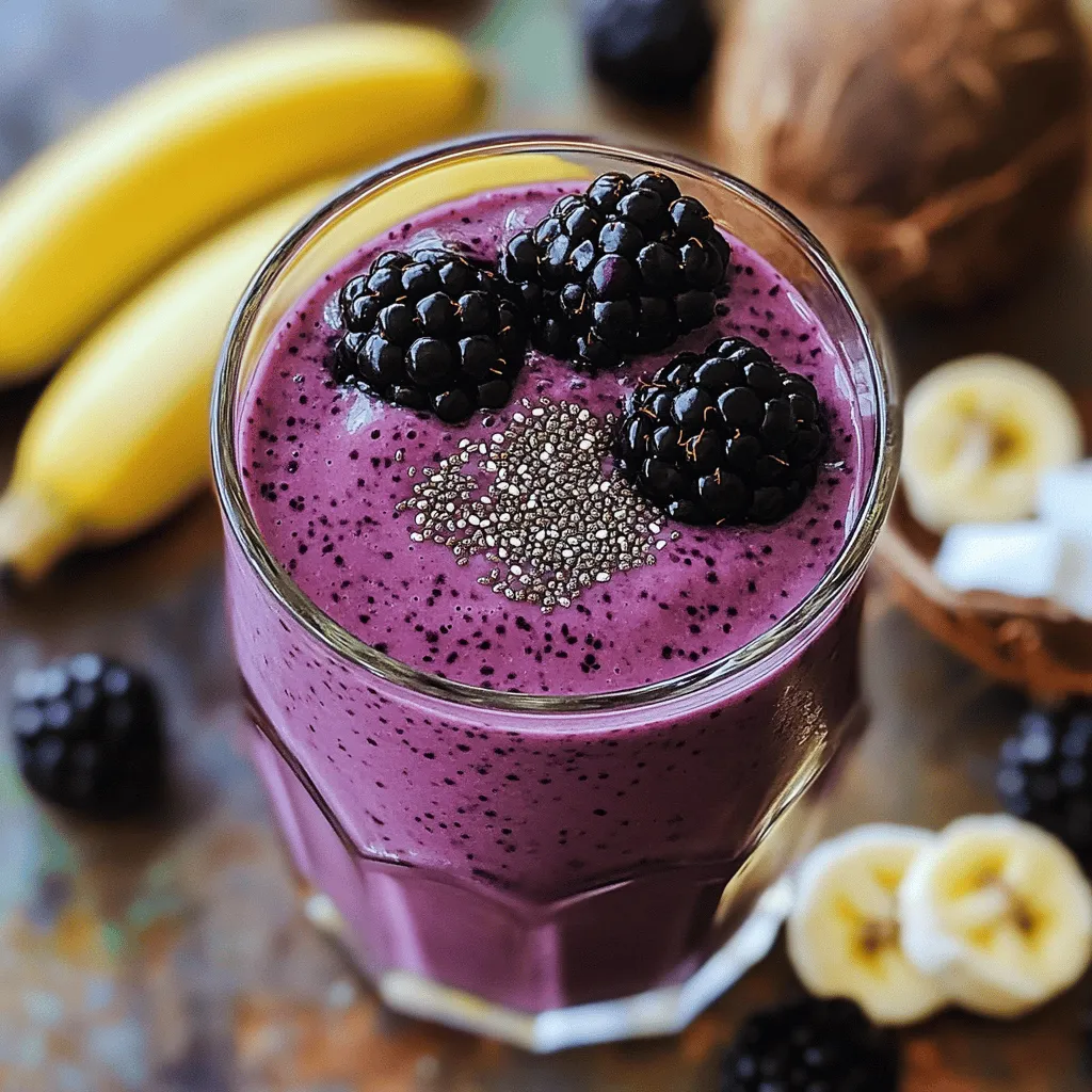 - 1 cup blackberries, fresh or frozen - 1 ripe banana, sliced - 1 cup coconut milk - 1 teaspoon chai tea powder or 1 brewed chai tea bag - 1 tablespoon honey or maple syrup - 1 tablespoon chia seeds - ½ teaspoon pure vanilla extract - Ice cubes (optional) This Blackberry Coconut Chai Smoothie is a treat for your taste buds. The bright blackberries bring a sweet-tart flavor. The ripe banana adds creaminess and natural sweetness. Both fruits blend together well, creating a rich base. For the liquid, coconut milk is creamy and delicious. You can use canned coconut milk for a thicker texture. A carton of coconut milk is lighter but still tasty. The chai tea gives this smoothie a warm spice. You can use chai tea powder or a brewed bag, whatever you have on hand. When it comes to sweeteners, honey or maple syrup works well. Use one tablespoon for a touch of sweetness. Chia seeds add great texture and nutrition. They help thicken the smoothie and are a source of fiber. A dash of pure vanilla extract rounds out the flavors. If you want a chill, refreshing drink, add ice cubes. They make the smoothie extra cool and smooth. All these ingredients come together for a delightful blend. You can find the full recipe for more detailed steps. To start, brew the chai tea. If you have a chai tea bag, steep it in 1 cup of hot water for about 5 minutes. This will bring out its rich spices and flavors. Once brewed, take out the tea bag and let the tea cool to room temperature. This step is key to avoid warming the smoothie later. Now, it's time to blend! In your blender, add the following ingredients: - 1 cup blackberries - 1 ripe banana, sliced - 1 cup coconut milk - 1 teaspoon chai tea powder or the cooled chai tea - 1 tablespoon honey or maple syrup - 1 tablespoon chia seeds - ½ teaspoon pure vanilla extract Blend everything on high speed until smooth and creamy. You want it to feel like a silky drink, with no chunks left. After blending, taste it. If you want it sweeter, add more honey or syrup. Blend again to mix it well. If you like your smoothie cold, toss in a handful of ice cubes. This will make it extra refreshing! Blend again until the ice is crushed and mixed. After blending, pour the smoothie into glasses. Let it sit for a few minutes. This allows the chia seeds to thicken the mix. You can top each glass with whole blackberries or a sprinkle of chia seeds for a nice look. Enjoy your Blackberry Coconut Chai Smoothie! When making your Blackberry Coconut Chai Smoothie, choose fresh or frozen blackberries. Fresh blackberries offer bright flavor. Frozen blackberries add chill and creaminess. Both options work well, so pick what you have. For coconut milk, you can use canned or cartoned. Canned coconut milk brings a rich, creamy texture. Cartoned coconut milk is lighter and less thick. Choose based on your taste and health needs. To get your smoothie just right, adjust the thickness as needed. If it's too thick, add more coconut milk. If it's too thin, toss in some ice. More ice makes it colder and thicker. Blend until you reach your desired texture. Garnish your smoothie for a fun look. Whole blackberries on top add a pop of color. A sprinkle of chia seeds also looks great. You can serve it in mason jars for a rustic feel. Enjoy your smoothie with a straw or a spoon! For the complete recipe, check out the [Full Recipe]. {{image_4}} You can easily change fruits in the smoothie. Instead of blackberries, use strawberries or mango. Strawberries add a sweet and tart touch. Mango offers a rich and creamy flavor. Both fruits blend well with coconut milk. For sweeteners, consider vegan options. Maple syrup works great instead of honey. It gives a nice taste and keeps it plant-based. Adjust the amount based on how sweet you like it. Want to kick up the flavor? Add spices like cinnamon or nutmeg. Just a pinch can make a huge difference. These spices add warmth and depth to your drink. If you want, try mixing in leafy greens too. Spinach or kale can boost nutrition without changing the taste much. They blend right in, making your smoothie even better. If you like a thicker drink, make it into a smoothie bowl. To do this, use less liquid. Start with half the coconut milk and blend until creamy. You can always add more if needed. For toppings, get creative! Try sliced bananas, granola, or extra berries. These add texture and flavor. Plus, they make your bowl look pretty! You can find the full recipe for this delicious drink in the main article. Enjoy! To keep your Blackberry Coconut Chai Smoothie fresh, place it in an airtight container. This helps maintain its flavor and texture. Store it in the fridge for up to two days. After that, it may lose its taste and smoothness. If you see any separation, just give it a quick stir before drinking. You can freeze this smoothie for later enjoyment. Pour it into freezer-safe containers, leaving some space for expansion. It’s best to freeze it within 24 hours after making it. When you want to drink it, remove it from the freezer and let it thaw in the fridge overnight. For faster defrosting, place the container in a bowl of cold water for 30 minutes. Blend again to get a smooth texture after thawing. If you want to take your smoothie with you, use a travel-friendly container. Look for insulated cups with secure lids. This keeps your drink cold and prevents spills. You can make your smoothie ahead of time. Just prepare it the night before and store it in the fridge. In the morning, grab it and go! Enjoy your delicious and refreshing treat wherever you are. To make this smoothie dairy-free, you can use coconut milk. This milk is creamy and rich, perfect for our drink. You can also try almond milk or oat milk if you prefer. Both options are light and tasty. Just choose unsweetened types to keep the flavors balanced. Yes, you can use many sweeteners. Maple syrup works well for a natural touch. Agave nectar is also a good choice and is easy to mix in. If you want a low-calorie option, try stevia or monk fruit sweetener. Just taste as you add to find your perfect level of sweetness. This smoothie is packed with nutrients. Blackberries have vitamins and antioxidants. They help fight cell damage and boost your immune system. Bananas give you potassium, which is good for your heart. Coconut milk adds healthy fats, which can keep you full. Chia seeds are rich in fiber, helping digestion. Drinking this smoothie means you enjoy a tasty treat while getting a healthy boost. The Full Recipe can guide you in making this delicious drink! This smoothie recipe blends fresh blackberries and banana with creamy coconut milk. You start by brewing chai tea, then blend all ingredients until smooth. Remember to adjust the thickness to your liking. Explore variations with different fruits and spices for extra flavor. Store leftovers properly for future enjoyment. This tasty drink is easy to make and packed with nutrition. It’s a great addition to your routine for a healthy boost. Give it a try and enjoy each sip!