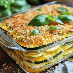 - 4 medium zucchinis, sliced into thin rounds - 1 cup shredded cheddar cheese - 1 cup shredded mozzarella cheese - 1/2 cup grated Parmesan cheese - 1 medium onion, finely chopped - 2 cloves garlic, minced - 2 large eggs, beaten until frothy - 1/2 cup unsweetened almond milk (or your choice of milk) - 1 cup whole wheat breadcrumbs - 1 teaspoon dried oregano - 1 teaspoon Italian seasoning - Salt and black pepper, to taste - 2 tablespoons olive oil - Fresh herbs (such as basil or parsley), chopped, for garnish The main ingredients create a solid base for the casserole. Zucchini adds moisture and nutrition. Cheddar and mozzarella give cheesy goodness. Parmesan adds a nice touch of flavor. Onions and garlic build a savory depth. The binding ingredients help hold everything together. Eggs create a fluffy texture. Almond milk keeps it creamy. Whole wheat breadcrumbs give a crunchy top. For seasoning, oregano and Italian seasoning bring warmth. Salt and pepper enhance flavors. Olive oil adds richness. Fresh herbs on top make it pretty and fresh. This dish is simple yet tasty. You can find the full recipe above for more details. - Preheat the oven to 375°F (190°C). - In a large skillet, heat 2 tablespoons of olive oil over medium heat. - Add 1 medium onion, finely chopped, and 2 cloves of minced garlic. Sauté until soft and translucent, about 4-5 minutes. - Slice 4 medium zucchinis into thin rounds. Add them to the skillet. - Season the mixture with 1 teaspoon of dried oregano and 1 teaspoon of Italian seasoning. Stir and cook for another 5-7 minutes. - In a large bowl, combine 2 large beaten eggs and 1/2 cup of unsweetened almond milk. - Stir in half of the shredded cheddar and mozzarella cheese (1 cup each). - Carefully fold in the sautéed zucchini mixture, mixing until well-blended. - Lightly grease a 9x13 inch baking dish. Pour the mixture into the dish. - Spread it evenly and top with the remaining cheeses and breadcrumbs. - Bake for 25-30 minutes until the top is golden and bubbly. - Let the casserole cool for 5-10 minutes before slicing. Enjoy your delicious Cheesy Zucchini Casserole! You can find the full recipe above. - Opt for medium-sized zucchinis for the best consistency. - Allow the zucchini to cool slightly before mixing to avoid excess moisture. - Experiment with spices like paprika or cayenne for added heat. - Incorporate spinach or mushrooms for extra nutrients and depth. - Pair with a side salad or crusty bread for a complete meal. - Serve warm, garnished with fresh herbs for visual appeal. Using these tips, you can create a Cheesy Zucchini Casserole that is not only tasty but also has the right texture and flavor. Try adding your favorite spices to make it your own. The simple additions of greens or other veggies can boost both health and taste. For the best experience, serve it fresh and warm, and enjoy with a nice salad or bread. Check the Full Recipe to make this dish today! {{image_4}} You can make this dish even better by adding more veggies. Include cooked quinoa or lentils for added protein. These options make it heartier and boost nutrition. You can also add bell peppers or corn. They add extra flavor and texture. This makes your casserole colorful and fun to eat. If you need a gluten-free version, don't worry! Substitute whole wheat breadcrumbs with gluten-free options like rice crumbs. You can also use almond flour or ground oats. They give a similar crunch and keep the dish tasty. For a dairy-free dish, replace the cheese with vegan cheese options. There are many choices to fit your taste. You can also use coconut milk or cashew milk instead of almond milk. These swaps keep the casserole creamy and delicious. If you want the full recipe, check it out now! After enjoying the cheesy zucchini casserole, let it cool completely. This step helps keep it fresh. Once cool, place it in an airtight container. You can store it in the fridge for up to four days. This way, you can enjoy leftovers without waste. If you want to save some for later, freezing works great. Freeze individual portions in airtight freezer bags. This makes for easy meals on busy days. When you're ready to eat, thaw your portion overnight in the refrigerator. This method keeps the flavors intact. To reheat, using the oven gives the best results. Place the casserole in the oven until it’s heated through. If you're short on time, the microwave works too. For an extra treat, sprinkle some cheese on top before reheating. This adds a delicious creaminess that you’ll love. Prep time is 15 minutes. The total time is 50 minutes. This recipe serves 6. Yes, you can substitute or add vegetables like carrots, bell peppers, or spinach. This adds color and flavor. Always cut them small, so they cook evenly. Yes, you can prepare it a day in advance. Just bake it right before serving. This makes meal prep easy. You can enjoy it fresh without stress. For the full recipe, check out the details above. This blog post explored how to make a Cheesy Zucchini Casserole. We covered the main ingredients, binding agents, and seasonings that create a delicious base. I shared step-by-step instructions for preparation and baking. You also learned tips for perfecting texture and enhancing flavor. Variations cater to different diets, and storage info helps you save leftovers. Cooking doesn’t have to be hard. With this recipe, you can enjoy a tasty, healthy dish any time. Try it out, impress your family, and savor every bite.