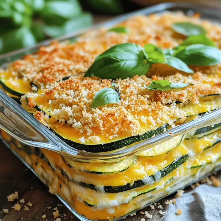 - 4 medium zucchinis, sliced into thin rounds - 1 cup shredded cheddar cheese - 1 cup shredded mozzarella cheese - 1/2 cup grated Parmesan cheese - 1 medium onion, finely chopped - 2 cloves garlic, minced - 2 large eggs, beaten until frothy - 1/2 cup unsweetened almond milk (or your choice of milk) - 1 cup whole wheat breadcrumbs - 1 teaspoon dried oregano - 1 teaspoon Italian seasoning - Salt and black pepper, to taste - 2 tablespoons olive oil - Fresh herbs (such as basil or parsley), chopped, for garnish The main ingredients create a solid base for the casserole. Zucchini adds moisture and nutrition. Cheddar and mozzarella give cheesy goodness. Parmesan adds a nice touch of flavor. Onions and garlic build a savory depth. The binding ingredients help hold everything together. Eggs create a fluffy texture. Almond milk keeps it creamy. Whole wheat breadcrumbs give a crunchy top. For seasoning, oregano and Italian seasoning bring warmth. Salt and pepper enhance flavors. Olive oil adds richness. Fresh herbs on top make it pretty and fresh. This dish is simple yet tasty. You can find the full recipe above for more details. - Preheat the oven to 375°F (190°C). - In a large skillet, heat 2 tablespoons of olive oil over medium heat. - Add 1 medium onion, finely chopped, and 2 cloves of minced garlic. Sauté until soft and translucent, about 4-5 minutes. - Slice 4 medium zucchinis into thin rounds. Add them to the skillet. - Season the mixture with 1 teaspoon of dried oregano and 1 teaspoon of Italian seasoning. Stir and cook for another 5-7 minutes. - In a large bowl, combine 2 large beaten eggs and 1/2 cup of unsweetened almond milk. - Stir in half of the shredded cheddar and mozzarella cheese (1 cup each). - Carefully fold in the sautéed zucchini mixture, mixing until well-blended. - Lightly grease a 9x13 inch baking dish. Pour the mixture into the dish. - Spread it evenly and top with the remaining cheeses and breadcrumbs. - Bake for 25-30 minutes until the top is golden and bubbly. - Let the casserole cool for 5-10 minutes before slicing. Enjoy your delicious Cheesy Zucchini Casserole! You can find the full recipe above. - Opt for medium-sized zucchinis for the best consistency. - Allow the zucchini to cool slightly before mixing to avoid excess moisture. - Experiment with spices like paprika or cayenne for added heat. - Incorporate spinach or mushrooms for extra nutrients and depth. - Pair with a side salad or crusty bread for a complete meal. - Serve warm, garnished with fresh herbs for visual appeal. Using these tips, you can create a Cheesy Zucchini Casserole that is not only tasty but also has the right texture and flavor. Try adding your favorite spices to make it your own. The simple additions of greens or other veggies can boost both health and taste. For the best experience, serve it fresh and warm, and enjoy with a nice salad or bread. Check the Full Recipe to make this dish today! {{image_4}} You can make this dish even better by adding more veggies. Include cooked quinoa or lentils for added protein. These options make it heartier and boost nutrition. You can also add bell peppers or corn. They add extra flavor and texture. This makes your casserole colorful and fun to eat. If you need a gluten-free version, don't worry! Substitute whole wheat breadcrumbs with gluten-free options like rice crumbs. You can also use almond flour or ground oats. They give a similar crunch and keep the dish tasty. For a dairy-free dish, replace the cheese with vegan cheese options. There are many choices to fit your taste. You can also use coconut milk or cashew milk instead of almond milk. These swaps keep the casserole creamy and delicious. If you want the full recipe, check it out now! After enjoying the cheesy zucchini casserole, let it cool completely. This step helps keep it fresh. Once cool, place it in an airtight container. You can store it in the fridge for up to four days. This way, you can enjoy leftovers without waste. If you want to save some for later, freezing works great. Freeze individual portions in airtight freezer bags. This makes for easy meals on busy days. When you're ready to eat, thaw your portion overnight in the refrigerator. This method keeps the flavors intact. To reheat, using the oven gives the best results. Place the casserole in the oven until it’s heated through. If you're short on time, the microwave works too. For an extra treat, sprinkle some cheese on top before reheating. This adds a delicious creaminess that you’ll love. Prep time is 15 minutes. The total time is 50 minutes. This recipe serves 6. Yes, you can substitute or add vegetables like carrots, bell peppers, or spinach. This adds color and flavor. Always cut them small, so they cook evenly. Yes, you can prepare it a day in advance. Just bake it right before serving. This makes meal prep easy. You can enjoy it fresh without stress. For the full recipe, check out the details above. This blog post explored how to make a Cheesy Zucchini Casserole. We covered the main ingredients, binding agents, and seasonings that create a delicious base. I shared step-by-step instructions for preparation and baking. You also learned tips for perfecting texture and enhancing flavor. Variations cater to different diets, and storage info helps you save leftovers. Cooking doesn’t have to be hard. With this recipe, you can enjoy a tasty, healthy dish any time. Try it out, impress your family, and savor every bite.