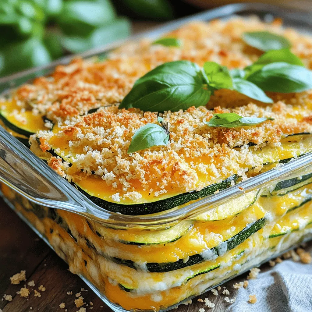 - 4 medium zucchinis, sliced into thin rounds - 1 cup shredded cheddar cheese - 1 cup shredded mozzarella cheese - 1/2 cup grated Parmesan cheese - 1 medium onion, finely chopped - 2 cloves garlic, minced - 2 large eggs, beaten until frothy - 1/2 cup unsweetened almond milk (or your choice of milk) - 1 cup whole wheat breadcrumbs - 1 teaspoon dried oregano - 1 teaspoon Italian seasoning - Salt and black pepper, to taste - 2 tablespoons olive oil - Fresh herbs (such as basil or parsley), chopped, for garnish The main ingredients create a solid base for the casserole. Zucchini adds moisture and nutrition. Cheddar and mozzarella give cheesy goodness. Parmesan adds a nice touch of flavor. Onions and garlic build a savory depth. The binding ingredients help hold everything together. Eggs create a fluffy texture. Almond milk keeps it creamy. Whole wheat breadcrumbs give a crunchy top. For seasoning, oregano and Italian seasoning bring warmth. Salt and pepper enhance flavors. Olive oil adds richness. Fresh herbs on top make it pretty and fresh. This dish is simple yet tasty. You can find the full recipe above for more details. - Preheat the oven to 375°F (190°C). - In a large skillet, heat 2 tablespoons of olive oil over medium heat. - Add 1 medium onion, finely chopped, and 2 cloves of minced garlic. Sauté until soft and translucent, about 4-5 minutes. - Slice 4 medium zucchinis into thin rounds. Add them to the skillet. - Season the mixture with 1 teaspoon of dried oregano and 1 teaspoon of Italian seasoning. Stir and cook for another 5-7 minutes. - In a large bowl, combine 2 large beaten eggs and 1/2 cup of unsweetened almond milk. - Stir in half of the shredded cheddar and mozzarella cheese (1 cup each). - Carefully fold in the sautéed zucchini mixture, mixing until well-blended. - Lightly grease a 9x13 inch baking dish. Pour the mixture into the dish. - Spread it evenly and top with the remaining cheeses and breadcrumbs. - Bake for 25-30 minutes until the top is golden and bubbly. - Let the casserole cool for 5-10 minutes before slicing. Enjoy your delicious Cheesy Zucchini Casserole! You can find the full recipe above. - Opt for medium-sized zucchinis for the best consistency. - Allow the zucchini to cool slightly before mixing to avoid excess moisture. - Experiment with spices like paprika or cayenne for added heat. - Incorporate spinach or mushrooms for extra nutrients and depth. - Pair with a side salad or crusty bread for a complete meal. - Serve warm, garnished with fresh herbs for visual appeal. Using these tips, you can create a Cheesy Zucchini Casserole that is not only tasty but also has the right texture and flavor. Try adding your favorite spices to make it your own. The simple additions of greens or other veggies can boost both health and taste. For the best experience, serve it fresh and warm, and enjoy with a nice salad or bread. Check the Full Recipe to make this dish today! {{image_4}} You can make this dish even better by adding more veggies. Include cooked quinoa or lentils for added protein. These options make it heartier and boost nutrition. You can also add bell peppers or corn. They add extra flavor and texture. This makes your casserole colorful and fun to eat. If you need a gluten-free version, don't worry! Substitute whole wheat breadcrumbs with gluten-free options like rice crumbs. You can also use almond flour or ground oats. They give a similar crunch and keep the dish tasty. For a dairy-free dish, replace the cheese with vegan cheese options. There are many choices to fit your taste. You can also use coconut milk or cashew milk instead of almond milk. These swaps keep the casserole creamy and delicious. If you want the full recipe, check it out now! After enjoying the cheesy zucchini casserole, let it cool completely. This step helps keep it fresh. Once cool, place it in an airtight container. You can store it in the fridge for up to four days. This way, you can enjoy leftovers without waste. If you want to save some for later, freezing works great. Freeze individual portions in airtight freezer bags. This makes for easy meals on busy days. When you're ready to eat, thaw your portion overnight in the refrigerator. This method keeps the flavors intact. To reheat, using the oven gives the best results. Place the casserole in the oven until it’s heated through. If you're short on time, the microwave works too. For an extra treat, sprinkle some cheese on top before reheating. This adds a delicious creaminess that you’ll love. Prep time is 15 minutes. The total time is 50 minutes. This recipe serves 6. Yes, you can substitute or add vegetables like carrots, bell peppers, or spinach. This adds color and flavor. Always cut them small, so they cook evenly. Yes, you can prepare it a day in advance. Just bake it right before serving. This makes meal prep easy. You can enjoy it fresh without stress. For the full recipe, check out the details above. This blog post explored how to make a Cheesy Zucchini Casserole. We covered the main ingredients, binding agents, and seasonings that create a delicious base. I shared step-by-step instructions for preparation and baking. You also learned tips for perfecting texture and enhancing flavor. Variations cater to different diets, and storage info helps you save leftovers. Cooking doesn’t have to be hard. With this recipe, you can enjoy a tasty, healthy dish any time. Try it out, impress your family, and savor every bite.