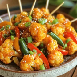 - 1 medium cauliflower, cut into bite-sized florets - 1 cup all-purpose flour - ½ cup cornflour (cornstarch) - 1 teaspoon ginger-garlic paste - 1 teaspoon red chili powder (adjust to taste) - ½ teaspoon turmeric powder - Salt, to taste - Water, as needed for batter consistency - Oil, for deep frying - 1 tablespoon vegetable oil (for sautéing the vegetables) - 1 medium onion, finely chopped - 1 bell pepper (any color), diced - 2-3 green chilies, slit lengthwise - 3 tablespoons soy sauce - 1 tablespoon tomato ketchup - 1 tablespoon vinegar (white or apple cider) - 1 teaspoon sugar (to balance flavors) - 2 green onions, finely chopped (for garnish) - 1 teaspoon sesame seeds (optional, for garnish) You can easily swap out certain ingredients for better options. If you want a gluten-free meal, use rice flour instead of all-purpose flour. For a low-calorie version, you can bake the cauliflower instead of frying it. If you prefer a vegan option, make sure your soy sauce is vegan-friendly and use a plant-based oil for frying. Using fresh cauliflower makes a big difference. Fresh cauliflower has a better taste and texture. It stays crispier when cooked. Frozen cauliflower can work in a pinch, but it may turn mushy when cooked. If you choose frozen, thaw it first and pat it dry to remove excess water. This will help keep your Gobi Manchurian crispy. To make the perfect batter, start with a large mixing bowl. Add 1 cup of all-purpose flour and ½ cup of cornflour. Then, mix in 1 teaspoon of ginger-garlic paste, 1 teaspoon of red chili powder, and ½ teaspoon of turmeric powder. Don't forget to add salt to taste! Gradually pour in water, stirring as you go. You want your batter to be thick yet smooth. It should coat the cauliflower well but not drip off too much. Heat oil in a deep frying pan over medium heat. Aim for about 350°F (175°C). Dip each cauliflower floret into your batter, letting any excess drip off. Place the florets carefully into the hot oil. Fry them in batches to avoid crowding. Cook for about 4-5 minutes until they turn golden brown and crispy. Once fried, transfer them to a plate lined with paper towels to soak up extra oil. Grab another pan and heat 1 tablespoon of vegetable oil over medium heat. Add finely chopped onions and diced bell peppers. Sauté them for about 3-4 minutes. You want them tender and slightly caramelized but not mushy. Add slit green chilies and cook for another minute. This step adds a nice kick to your dish without overpowering the flavor. Now, you’re ready to combine everything in the next step! To keep your Gobi Manchurian crispy, follow these tips: - Use cold water for your batter. This helps create a light texture. - Avoid overcrowding the pan while frying. Cook in small batches. - Drain fried florets on paper towels to absorb extra oil. - Serve immediately for the best crunch. You can adjust the flavor to fit your taste: - Add more red chili powder for heat. Start with small amounts. - Mix in garlic or ginger for extra depth. Fresh ingredients work best. - Use different sauces, like chili sauce, for a twist. - Taste as you go, and balance with sugar or vinegar. Watch out for these common problems: - Don’t skip the soaking step for cauliflower. It helps remove dirt. - Make sure the oil is hot enough. The right temperature is key. - Avoid using too much batter. A light coat is best. - Don't rush the cooking. Let the flavors blend well in the pan. For a complete guide, check out the Full Recipe! {{image_4}} Gobi Manchurian is a great dish to play with flavors. You can explore variations like chili garlic or sweet and sour. For a chili garlic twist, add more garlic and chili paste to the sauce. This makes it spicy and bold. If you prefer sweet and sour, mix soy sauce and vinegar with sugar and ketchup. This will give a fun, tangy kick to the dish. Pairing Gobi Manchurian with rice makes it a hearty meal. You can serve it with fried rice or noodles. Fried rice adds texture and flavor. Toss in some peas and carrots for extra crunch. Noodles are another good choice. They soak up the sauce well and taste great with the crispy cauliflower. You will enjoy the combination! Making Gobi Manchurian vegan is easy. Replace the soy sauce with tamari for a gluten-free option. For a vegetarian version, use vegetable oil instead of any animal-based fats. If you want a creamier sauce, add coconut milk or cashew cream. This adds richness and flavor without losing the fun of Gobi Manchurian. For the full recipe, check out Gobi Manchurian Delight above! To keep your Gobi Manchurian fresh, store leftovers in an airtight container. This helps prevent moisture loss and keeps the flavors intact. Always let it cool before sealing. It will last about 2-3 days in the fridge. When you’re ready to eat, check for any signs of spoilage. If it smells off, it's best to toss it. Reheating Gobi Manchurian can be tricky. You want to keep that crispy texture. The best way is to use an oven. Preheat your oven to 350°F (175°C). Spread the Gobi Manchurian on a baking sheet. Heat for about 10-15 minutes, turning halfway. This method revives the crunchiness. If you're short on time, a microwave works, but it won't be as crispy. Just heat for 1-2 minutes. Freezing Gobi Manchurian is easy and great for meal prep. First, let it cool completely. Then, place it in an airtight freezer bag. Remove as much air as possible before sealing. It can stay frozen for up to 3 months. To defrost, move it to the fridge overnight. For best results, reheat in the oven after thawing. This keeps it tasty and crispy. Enjoy your delightful treat later! Gobi Manchurian is made from simple yet tasty ingredients. Here’s a breakdown of what you need: - 1 medium cauliflower, cut into bite-sized florets - 1 cup all-purpose flour - ½ cup cornflour (cornstarch) - 1 teaspoon ginger-garlic paste - 1 teaspoon red chili powder (adjust to taste) - ½ teaspoon turmeric powder - Salt, to taste - Water, as needed for batter consistency - Oil, for deep frying - 1 tablespoon vegetable oil (for sautéing) - 1 medium onion, finely chopped - 1 bell pepper (any color), diced - 2-3 green chilies, slit lengthwise - 3 tablespoons soy sauce - 1 tablespoon tomato ketchup - 1 tablespoon vinegar (white or apple cider) - 1 teaspoon sugar (to balance flavors) - 2 green onions, finely chopped (for garnish) - 1 teaspoon sesame seeds (optional, for garnish) These ingredients blend together to create a crispy, flavorful dish. Gobi Manchurian can last in the fridge for about 3 to 4 days. To store it safely, place it in an airtight container. Make sure it cools down completely before sealing the container. This helps keep it fresh and tasty. Yes, you can make Gobi Manchurian spicy! Here are a few tips: - Add more red chili powder to your batter. - Include chopped green chilies when sautéing vegetables. - Use spicy soy sauce or hot chili sauce in the sauce mix. These tweaks will bring the heat you crave while keeping the dish delicious. For the full recipe, check out [Full Recipe]. In this blog post, we explored Gobi Manchurian, covering ingredients, preparation, and serving ideas. I shared tips for achieving a crispy texture and enhancing flavor. Remember, you can customize the recipe to fit your diet and preferences. Storing leftovers properly will keep them fresh for later. Whether you prefer a spicy kick or an Indo-Chinese twist, Gobi Manchurian is versatile and delicious. Now, go and enjoy this tasty dish with friends and family!
