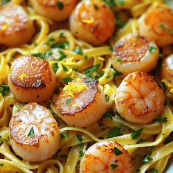 - Shrimp and scallops Use 1 pound of large shrimp and 1 pound of sea scallops. Fresh seafood makes the dish shine. - Pasta selection and type Choose 8 ounces of linguine or spaghetti. These shapes hold the sauce well. - Garlic and lemon components Use 4 cloves of minced garlic and the zest and juice of 1 lemon. This adds a bright flavor. - Fresh parsley and Parmesan cheese Add 1/4 cup of chopped parsley for color and flavor. Grated Parmesan cheese adds creaminess if you like. - Red pepper flakes for heat Use 1 teaspoon of red pepper flakes for a kick. Adjust it based on your spice preference. - Olive oil and seasonings You will need 4 tablespoons of olive oil. Season with salt and black pepper to enhance the flavors. Start by boiling a large pot of salted water. This adds flavor to the pasta. Once the water boils, add 8 ounces of linguine or spaghetti. Cook it until it's al dente, following the package directions. When it’s done, drain the pasta in a colander. Remember to save about 1/2 cup of pasta water. This helps to create a nice sauce later. Keep the pasta in the strainer while you work on the other parts of the dish. Next, grab a large skillet and heat 2 tablespoons of olive oil over medium-high heat. While the oil heats, season 1 pound of cleaned scallops with salt and pepper. When the oil shimmers, add the scallops to the skillet. Cook them for about 2-3 minutes on each side until they turn a lovely golden brown. This gives them a nice crust. Once done, take them out and set them aside on a plate. Now, in the same skillet, add the other 2 tablespoons of olive oil. Toss in 1 pound of large shrimp, peeled and deveined. Cook them for about 2-3 minutes. You’ll know they are ready when they turn bright pink. Season with salt, pepper, and red pepper flakes. Stir everything to mix the flavors well. After that, add 4 cloves of minced garlic. Stir for 30 seconds until you smell that delicious garlic aroma. Lower the heat to low and return the golden scallops to the skillet. Gently add the cooked pasta along with the lemon juice and zest. Toss everything together carefully. If the pasta seems dry, add the reserved pasta water, one tablespoon at a time. This helps to make a light and creamy sauce that clings to the pasta. Finally, fold in 1/4 cup of chopped parsley. Taste your dish and adjust with extra salt and pepper if needed. For plating, consider using shallow bowls. This showcases the bright colors of the shrimp and scallops. You can also add extra lemon zest on top for a fresh touch. If you like, sprinkle some grated Parmesan cheese for added flavor. Enjoy this Lemon Garlic Shrimp & Scallop Pasta Delightful Meal with friends or family! For a complete guide, check the Full Recipe. To cook shrimp and scallops just right, follow some simple steps. For shrimp, cook them for about 2-3 minutes. They should turn a bright pink when done. For scallops, aim for 2-3 minutes on each side. Look for a golden crust. This gives them a nice flavor. Overcooking can ruin the texture. Shrimp can become rubbery, and scallops can turn tough. Keep an eye on them as they cook. Use a timer if you need to. Timing is key for perfect seafood. To boost the flavor of your dish, consider adding spices. Fresh herbs like basil or thyme can add a new twist. A pinch of smoked paprika can give it depth too. Just remember to start with small amounts. You can always add more. You can also play with acidity. If you want more zing, add extra lemon juice. A splash of white vinegar can also work well. Taste as you go to find the right balance. When it comes to plating, think about colors and textures. Serve the pasta in shallow bowls. This helps showcase the shrimp and scallops. You can also add some lemon wedges on the side. They look nice and offer extra flavor. For garnishes, try fresh parsley or extra lemon zest. A sprinkle of grated Parmesan cheese can add elegance. The visual appeal makes the meal feel special. Take your time to make each plate look beautiful. For the full recipe, check out the details in the earlier section. {{image_4}} You can swap seafood for a variety of options. Try using crab or lobster for a fancy twist. If you want a budget-friendly choice, use shrimp alone. Both options taste great! For those needing gluten-free options, choose gluten-free pasta made from rice or quinoa. These pastas work well in this dish and still taste delicious. To make this dish dairy-free, simply skip the Parmesan cheese. Use nutritional yeast instead. It adds a savory flavor that works well with lemon and garlic. Adjusting spice levels is easy. If you prefer less heat, reduce or leave out the red pepper flakes. For a spicier meal, add more to suit your taste. You can add seasonal vegetables for extra flavor and nutrition. In summer, consider adding fresh zucchini or cherry tomatoes. In winter, try spinach or broccoli for a heartier dish. Adapting for seasonal ingredients helps keep this meal fresh and exciting. Use what's in season for the best taste and to support local farms. To store leftover Lemon Garlic Shrimp & Scallop Pasta, place it in an airtight container. This keeps it fresh and avoids strong odors. The dish stays good in the fridge for up to three days. Make sure to cool it down to room temperature before sealing to prevent steam buildup. You can freeze this pasta dish for later enjoyment. First, let it cool completely. Then, transfer it to a freezer-safe container. This method keeps the flavors intact. It can last in the freezer for about three months. When you are ready to eat, thaw it overnight in the fridge for best results. To reheat, I recommend using a stovetop method. This helps maintain the texture and flavor. Add a splash of water or olive oil to prevent sticking. Heat over medium-low, stirring gently. If you use a microwave, place it in a microwave-safe dish. Cover it with a damp paper towel to keep moisture. Heat it in short intervals, stirring in between for even warming. Enjoy your meal just as good as the first time! To cook shrimp and scallops perfectly, watch for their color and texture. Shrimp should turn a bright pink. Scallops need a golden crust on both sides. For shrimp, it takes about 2-3 minutes per side. Scallops take the same time. Both should feel firm but not tough when done. Yes, you can prepare Lemon Garlic Shrimp & Scallop Pasta ahead of time. Cook the shrimp and scallops, but do not mix with pasta until serving. Store each part in separate containers. When ready to eat, reheat gently, then combine. This helps keep the textures just right. A crisp white wine works best with this dish. Look for a Sauvignon Blanc or Pinot Grigio. These wines balance the lemon and garlic flavors. They enhance the seafood taste without overpowering it. A light sparkling wine also adds a nice touch. Yes, you can simplify the cooking process. Start by cooking the pasta in a large pot. Once al dente, drain and set aside. In the same pot, sauté the scallops and shrimp. Add garlic next, then toss in the pasta. This cuts down on cleanup. To make this dish more kid-friendly, reduce the garlic and spice. You can serve the shrimp and scallops plain if needed. Consider adding a bit of cream for a richer sauce. Kids often enjoy creamy textures. Adjust flavors to suit their taste buds. For the full recipe, check out the complete guide. This blog post covered key ingredients and their roles in the dish. We discussed cooking steps to ensure perfect pasta, shrimp, and scallops. I shared tips for flavor and presentation, plus storage and reheating advice. With these insights, you can create a delicious Lemon Garlic Shrimp & Scallop Pasta at home. Enjoy experimenting with flavors and variations to make this dish your own!