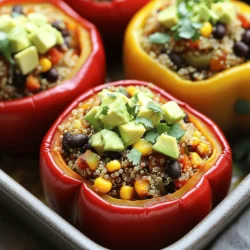 - 4 large bell peppers - 1 cup quinoa - 2 cups vegetable broth - 1 can black beans - 1 cup corn - 1 medium onion - 2 cloves garlic - Common spices and seasonings: cumin, smoked paprika, chili powder - Salt and pepper - 1 cup diced tomatoes - Toppings: avocado and fresh cilantro These ingredients come together to create a colorful and tasty dish. I love using bell peppers in various colors: red, yellow, green, or orange. Each type adds a unique flavor and makes the dish pop visually. Quinoa serves as a healthy base, bringing in protein and texture. Black beans and corn add depth and sweetness, while the onion and garlic provide a rich aroma. The spices like cumin and smoked paprika give warmth, making every bite flavorful. Fresh diced tomatoes bring juiciness to the filling. Finally, topping with creamy avocado and bright cilantro adds freshness. This is a great way to finish off the dish. For the complete recipe, check the Full Recipe section. First, preheat your oven to 375°F (190°C). This step is key for even cooking. Next, take your bell peppers and carefully slice off the tops. Remove all seeds and membranes to make room for the filling. Place the peppers upright in a baking dish. They need a sturdy base to stand tall. In a medium saucepan, bring 2 cups of vegetable broth to a strong boil. This adds great flavor to the quinoa. Once boiling, stir in 1 cup of rinsed quinoa. Lower the heat to a gentle simmer and cover the pot. Let it cook for about 15 minutes. Once the liquid is gone, fluff the quinoa with a fork. Now, grab a large skillet and heat it on medium. Add a splash of water or broth to prevent sticking. Toss in your chopped onion and sauté for 3-4 minutes. You want them to be soft and clear. Next, add 2 cloves of minced garlic and stir for about a minute to keep it from burning. In the same skillet, mix in 1 can of rinsed black beans, 1 cup of corn, and spices: 1 teaspoon each of ground cumin, smoked paprika, and chili powder. Season with salt and freshly cracked pepper. Cook this mix for another 5 minutes until it’s hot and fragrant. Now, add the fluffy quinoa and 1 cup of diced tomatoes to your skillet. Stir everything well until mixed evenly. This is where the magic happens! Remove the skillet from the heat. It’s time to fill those bell peppers. Stuff each one with the quinoa and bean mix. Press down gently to pack it in tight. Cover the baking dish with aluminum foil. This helps keep the moisture in. Bake the stuffed peppers in your preheated oven for 30 minutes. After that, carefully remove the foil. Let them bake for another 10-15 minutes. You want the peppers to be tender and a little golden. Once done, let the peppers cool for a few moments before serving. Top with diced avocado and sprinkle fresh cilantro on top. Enjoy your tasty Vegan Stuffed Bell Peppers! For a complete guide, check out the Full Recipe. To make your vegan stuffed bell peppers burst with flavor, adjust the spices. If you like heat, add more chili powder or some cayenne pepper. For a smokier taste, increase the smoked paprika. You can also enhance the filling by adding fresh herbs, like parsley or basil. These herbs will boost the freshness and bring out the other flavors. Timing is key when cooking stuffed peppers. Bake them at 375°F (190°C) for the best results. Always cover them with foil for the first 30 minutes. This helps steam the peppers, making them tender. Then, uncover them for another 10-15 minutes to let them brown slightly. To avoid soggy peppers, make sure to remove all seeds and membranes before stuffing. This helps keep the peppers firm. To make your dish visually appealing, arrange the stuffed peppers on a colorful platter. You can drizzle a little olive oil or lime juice on top for a touch of brightness. Adding a side of mixed greens not only adds color but also complements the dish well. For garnishing, top each pepper with cubes of avocado and a sprinkle of fresh cilantro. This adds a nice pop of green and enhances the overall flavor. You can find the Full Recipe for more detailed steps and ideas! {{image_4}} You can switch up the filling for your vegan stuffed bell peppers. If you want a different base, try using cauliflower rice or brown rice instead of quinoa. Both options add great texture. For protein, consider using lentils or chickpeas. They are hearty and rich in nutrients. Each choice brings unique flavors and makes the dish satisfying. Adding new flavors can make your meal shine. Throw in chopped veggies like zucchini, mushrooms, or spinach for extra nutrients. You can also add nuts or seeds for a nice crunch. Try topping your peppers with sauces like tahini, salsa, or avocado cream. These sauces complement the dish and add layers of taste. If you need gluten-free options, this recipe works well. All the main ingredients are naturally gluten-free. For nut-free alternatives, simply skip any nuts or seeds in your filling. You can still enjoy a great meal while meeting dietary needs. Just be creative with your choices. For the full recipe, check out the vibrant vegan stuffed bell peppers section. To store leftovers, let the stuffed peppers cool first. Place them in an airtight container. This helps keep them fresh and tasty. You can store them in the fridge for up to four days. If you want to enjoy them later, make sure to heat them properly before eating. If you want to freeze stuffed peppers, follow these steps. First, let them cool completely. Wrap each pepper tightly with plastic wrap. Then, place them in a freezer bag or container. This will keep them safe from freezer burn. You can freeze them for up to three months. When you want to eat them, take them out and thaw in the fridge overnight. To reheat, place them in a preheated oven at 375°F (190°C) for about 25 minutes. Cover with foil if needed. This way, they will heat evenly without drying out. Enjoy your Vegan Stuffed Bell Peppers as if they were just made! Yes, you can prepare these stuffed peppers in advance. This helps save time on busy days. To meal prep, cook the filling first. Then, stuff the peppers and store them in the fridge. They stay fresh for about 2-3 days. You can also freeze them for later. Just be sure to wrap them tightly. When you're ready, bake them straight from the freezer. This keeps the flavors intact. If you want a different grain, rice works well. Brown rice takes about 40-50 minutes to cook. You can also use couscous, which cooks in about 10 minutes. Bulgur is another option and cooks in about 12 minutes. Each grain adds a unique taste and texture to the dish. You can tell the peppers are done when they are tender. A fork should easily pierce the skin. The color should be bright and vibrant, too. If they start to wrinkle, they might be overcooked. Keep an eye on them while they bake to get the perfect texture. Absolutely! You can use any color of bell pepper. Red, yellow, and orange peppers are sweet and mild. Green peppers have a sharper taste. You can also try poblano or Anaheim peppers for a bit more heat. Each type brings its own flavor to the dish. Yes, stuffed peppers are very healthy! They are low in calories and high in nutrients. The beans provide protein and fiber. Quinoa adds more fiber and essential amino acids. Plus, the colorful peppers are packed with vitamins A and C. This meal is both filling and good for you. You can easily adjust the spice levels to your taste. If you like it mild, skip the chili powder. For more heat, add some cayenne pepper or hot sauce. You could also mix in diced jalapeños for a spicy kick. Taste as you go to find the right balance for you. For the full recipe, check out the vibrant vegan stuffed bell peppers! Vegan stuffed bell peppers are simple and tasty. We explored main ingredients, easy steps, and tips to enhance flavor. You can mix and match fillings based on your needs and preferences. Proper storage keeps leftovers fresh and delicious. With a little creativity, you can make this dish uniquely yours. Enjoy making these peppers a regular part of your meals!