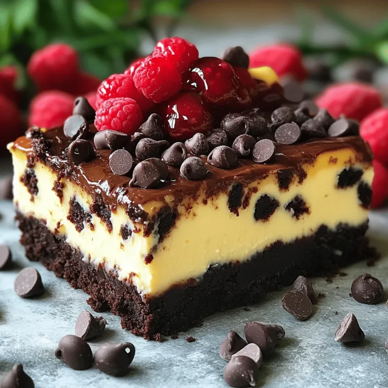 - 1 cup (200g) granulated sugar - 1/2 cup (115g) unsalted butter, melted - 2 large eggs - 1 teaspoon vanilla extract - 1/3 cup (40g) unsweetened cocoa powder - 1/2 cup (65g) all-purpose flour - 1/4 teaspoon salt - 1/4 teaspoon baking powder - 16 oz (450g) cream cheese, softened - 1/2 cup (100g) granulated sugar - 2 large eggs - 1 teaspoon vanilla extract - 1/4 cup (60ml) sour cream - 1/2 cup (90g) chocolate chips (optional) - Chocolate syrup - Fresh berries This brownie cheesecake combines rich flavors and smooth textures. The brownie base offers a deep chocolate taste, while the cheesecake layer adds creaminess. You can also add chocolate chips for an extra treat. Use the full recipe for detailed steps to create this delicious dessert. First, preheat your oven to 350°F (175°C). This step is key for even baking. Next, grab a 9-inch springform pan. You can grease the pan lightly or line it with parchment paper. Both methods help the cake come out easily. In a medium bowl, mix one cup of sugar with half a cup of melted butter. Stir until combined. Next, add two large eggs, one at a time. Mix well after each egg. Then, add one teaspoon of vanilla extract. In a separate bowl, combine one-third cup of cocoa powder, half a cup of all-purpose flour, a quarter teaspoon of salt, and a quarter teaspoon of baking powder. Gradually add this mixture to the wet ingredients, stirring until just combined. Pour the brownie batter into the prepared springform pan, spreading it evenly. In a large bowl, beat 16 oz of softened cream cheese with half a cup of sugar. Mix until smooth. Add in two eggs, one at a time, mixing well after each. Then, stir in one teaspoon of vanilla extract and a quarter cup of sour cream. If you want extra chocolate, fold in half a cup of chocolate chips. This makes the cheesecake layer rich and creamy. Pour the cheesecake mixture over the brownie layer in the springform pan. Smooth the top with a spatula. Place the pan in the preheated oven and bake for about 45 to 50 minutes. The edges should look golden, but the center may still jiggle a bit. This is normal and will set as it cools. Once baked, turn off the oven. Leave the oven door slightly open and let the cheesecake cool inside for one hour. This helps prevent cracks. After an hour, transfer the pan to the fridge. Chill for at least four hours or overnight for the best texture. To serve, carefully remove the sides of the springform pan. Use a hot, dry knife to slice the cheesecake for clean edges. You can top it with chocolate syrup or fresh berries for a fun touch. Enjoy your delicious brownie cheesecake with friends and family! You can find the Full Recipe above for more details. When making brownie cheesecake, avoid overmixing the batter. This can lead to a dense texture. Make sure to measure all ingredients accurately. Using too much flour or sugar can change the cake's taste. Also, don’t skip the cooling step. Cooling in the oven helps prevent cracks. This small detail makes a big difference in your cheesecake. To get a creamy cheesecake, use room-temperature cream cheese. Cold cream cheese will clump and not mix well. Mix the cream cheese and sugar until smooth, but don’t overbeat. Adding sour cream helps add creaminess too. Always bake at a low temperature to keep it soft and creamy. A water bath can also help keep the heat even. To cut clean slices of your brownie cheesecake, use a sharp knife. Dip the knife in hot water, then wipe it dry before cutting. This method helps create smooth edges. Always wipe the knife between cuts to keep it clean. This way, each slice looks perfect and inviting. Enjoy your beautifully sliced dessert with friends and family. For the full recipe, check out the detailed steps and measurements. {{image_4}} You can easily adjust the brownie cheesecake to fit your needs. For a gluten-free option, swap regular flour for almond flour or a gluten-free blend. If you're dairy-free, use a plant-based cream cheese and butter. For lower sugar, try using a sugar substitute like erythritol. These swaps keep the delicious taste while catering to dietary needs. Want to jazz up your brownie cheesecake? Add flavors like coffee or mint. For coffee, mix in one tablespoon of instant coffee granules into the brownie batter. This adds a deep, rich taste. If mint is your thing, use mint extract instead of vanilla in the cheesecake mixture. Just a teaspoon will give you a refreshing twist! While the classic brownie base is tasty, you can explore new crusts. Try a cookie crust made from crushed Oreos or graham crackers. If you want a nutty flavor, use crushed pecans or walnuts mixed with butter. Each crust brings its own flair, making your brownie cheesecake unique and exciting. Check out the Full Recipe for more delicious ideas! To keep your brownie cheesecake fresh, store it in the fridge. Wrap it well with plastic wrap or place it in an airtight container. This prevents it from absorbing other smells. Keep it on a middle shelf, not in the door. The middle shelf has a more stable temperature. If you want to save some for later, freezing is great. Slice the cheesecake and wrap each piece in plastic wrap. Then, place the wrapped slices in a freezer bag. Squeeze out as much air as you can before sealing. This keeps the cheesecake tasty. You can freeze it for up to three months. In the fridge, your brownie cheesecake stays good for about a week. If you freeze it, it lasts longer. Just remember, once you thaw it, eat it within three days. For the best taste, enjoy it fresh! Check out the Full Recipe for more details. Yes, you can use a store-bought brownie mix. This saves time and is easy. Just follow the package instructions for baking. Make sure to bake it in a 9-inch springform pan. Let it cool before adding the cheesecake layer. Using a mix does not change the taste much. It can still be rich and tasty. To check if the cheesecake is done, look for a few signs. The edges should be slightly firm, but the center may still jiggle a bit. This jiggle is normal. You will bake it at 350°F for about 45-50 minutes. After baking, leave it in the oven for an hour. This helps it set better and avoid cracks. Yes, you can make brownie cheesecake ahead of time. It tastes even better after a day in the fridge. Prepare it and let it cool. Then, wrap it well and store it in the fridge. It will stay fresh for about 3 to 4 days. Just remember to take it out 30 minutes before serving. For the best serving, slice the cheesecake with a hot, dry knife. This helps get clean cuts. You can serve it plain or with toppings. Some great toppings are chocolate syrup or fresh berries. A dollop of whipped cream also adds a nice touch. Make each slice look pretty for your guests. Enjoy every bite of this rich dessert! For the detailed steps, check the Full Recipe. You now know how to make a tasty brownie cheesecake. We covered the ingredients and step-by-step instructions to create this sweet treat. I shared tips for creamy cheesecake and how to avoid mistakes. We discussed fun variations and how to store your cake for later. Try this recipe for your next event. It will impress friends and family. Enjoy every bite of your new dessert masterpiece!