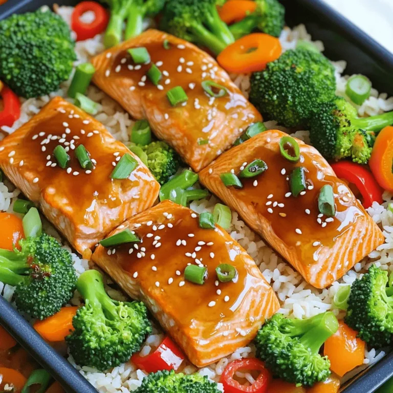 - 4 salmon fillets - 1/4 cup teriyaki sauce - 1 tablespoon honey - 2 teaspoons sesame oil For this dish, salmon fillets are the star. They bring rich flavor and healthy fats. Teriyaki sauce adds a sweet and savory taste. Honey enhances this sweetness. Sesame oil gives a nice nutty finish. - 2 cups broccoli florets - 1 red bell pepper, sliced into strips - 1 cup carrots, sliced into thin rounds Adding vegetables makes this meal colorful and healthy. Broccoli florets add crunch and nutrients. Red bell pepper adds sweetness and color. Carrots bring a crisp texture and natural sweetness. - 1 tablespoon olive oil - 1 tablespoon sesame seeds, toasted - 3 green onions, finely chopped - Salt and pepper to taste Seasoning is key to enhancing flavor. Olive oil helps the veggies roast nicely. Toasted sesame seeds add a delightful crunch. Green onions bring freshness and brightness. Salt and pepper are essential for balance. This One Pan Baked Teriyaki Salmon recipe combines all these ingredients beautifully. For the full recipe, check out the steps to create this tasty dish. 1. Preheat your oven to 400°F (200°C). This helps cook the salmon evenly. 2. In a small bowl, mix the teriyaki sauce, honey, and sesame oil. Whisk it well. This marinade packs great flavor. 1. Place the salmon fillets in the center of a large baking sheet. Season them with salt and pepper. This enhances the taste of the fish. 2. Pour half of the teriyaki marinade over the salmon. Make sure they are well coated. Set aside the other half for later. 3. In another bowl, add the broccoli, red bell pepper, and carrot rounds. Drizzle with olive oil and season with salt and pepper. Toss the veggies to coat them. This mix adds color and nutrition. 4. Arrange the vegetable mix around the salmon on the baking sheet. This makes the dish look appealing. 1. Bake the salmon and vegetables for 15-18 minutes. The salmon should flake easily when done. Keep an eye on the time. 2. In the last 5 minutes, take out the baking sheet. Brush the remaining marinade over the salmon and veggies. This adds an extra burst of flavor. 3. Once the time is up, remove the sheet from the oven. Let it cool a bit. Garnish with sesame seeds and green onions. This adds a nice crunch and makes it look pretty. Serve the teriyaki salmon over jasmine rice for a tasty meal. For the full recipe, check the details above! Marinating your salmon is key for rich flavor. I suggest letting it soak for at least 30 minutes. This allows the teriyaki sauce to work its magic. The right marinating time helps the fish absorb all those tasty flavors. When cooking, look for the salmon to flake easily. It should be tender but not dry. Use a fork to check; if it breaks apart, it's ready! Choosing vegetables is simple. I love using broccoli, red bell peppers, and carrots. They add color and crunch to your dish. Make sure to cut the vegetables into similar sizes. This helps them cook evenly on the pan. Larger pieces take longer to cook, while smaller ones can burn. Aim for uniform pieces for the best results. Plating your dish well makes it more inviting. Start by placing the salmon in the center. Arrange the colorful veggies around it for a bright look. For a finishing touch, sprinkle toasted sesame seeds on top. You can also add finely chopped green onions for extra flavor. This not only enhances taste but also adds a wonderful pop of color. {{image_4}} You can change your teriyaki sauce to fit your taste. Using a homemade teriyaki sauce gives you control over flavors. Mix soy sauce, brown sugar, ginger, and garlic for a fresh taste. You can also try different marinades like honey mustard or spicy garlic. These will add new flavors to your salmon dish. Switching up your veggies can make this dish even more fun. Try seasonal vegetables like zucchini, asparagus, or snap peas. You can also mix in proteins. Chicken works well and cooks nicely with the same method. Just adjust the cooking time to ensure everything is tender and juicy. If you want to skip rice, serve the teriyaki salmon with a fresh salad or steamed veggies. This lightens the meal and adds crunch. You can also add sides like edamame or pickled vegetables for extra flavor. These options let you enjoy the salmon in different ways. Explore variations to keep your meals exciting! After you enjoy your One Pan Baked Teriyaki Salmon, store leftovers promptly. Place the salmon in an airtight container. Make sure to include any leftover veggies. Keep the container in the fridge for best taste. To reheat, use a microwave or oven. If using a microwave, cover the dish to keep it moist. Heat for about 1-2 minutes. For the oven, set it to 350°F (175°C) and warm for 10 minutes. This keeps the salmon juicy. You can freeze baked teriyaki salmon for later meals. First, let the salmon cool completely. Wrap each piece tightly in plastic wrap, then place in a freezer-safe bag. Be sure to remove as much air as possible. This helps prevent freezer burn. When you’re ready to eat, thaw the salmon overnight in the fridge. You can also use the microwave on defrost setting. Reheat carefully to avoid drying it out. In the fridge, your salmon will last for about 3 days. If you freeze it, it can stay fresh for up to 3 months. Always check for signs of spoilage. Look for any odd smell or discoloration. If you notice these, it’s best to throw it away. Enjoy your meal safely! To make this dish, start by gathering your ingredients. Preheat your oven to 400°F (200°C). Mix teriyaki sauce, honey, and sesame oil in a bowl. Place salmon fillets on a baking sheet and season them with salt and pepper. Pour half of the marinade over the salmon. Next, prepare your veggies. Toss broccoli, red bell pepper, and carrots with olive oil, salt, and pepper. Arrange the veggies around the salmon on the baking sheet. Bake everything for 15-18 minutes until the salmon is cooked through. Brush the remaining marinade on the salmon and veggies in the last five minutes. Once done, sprinkle sesame seeds and green onions on top. This dish is simple and packed with flavor. Yes, you can use frozen salmon. Just remember to thaw it first. Place the frozen salmon in the fridge overnight to defrost. If you need it faster, submerge it in cold water for about an hour. After thawing, pat the salmon dry with a paper towel. This helps the marinade stick better. Then follow the same steps in the Full Recipe to bake your salmon perfectly. You can serve baked teriyaki salmon with a variety of side dishes. Here are some great options: - Steamed jasmine rice - Quinoa for a healthy twist - A fresh green salad - Roasted sweet potatoes - Sautéed asparagus or green beans These sides complement the flavors of the salmon well. Choose what you like best! In this article, we explored how to make a delicious baked teriyaki salmon. We covered the essential ingredients, preparation steps, and baking process. I shared tips for perfecting your dish and offered variations to keep it exciting. Remember to store leftovers properly to maintain freshness. Enjoying this meal can be simple and tasty! With these techniques, you can create a delightful dinner that everyone will love. So, gather your ingredients and give it a try! You’ll make a dish worth sharing.