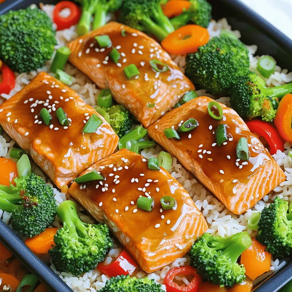 - 4 salmon fillets - 1/4 cup teriyaki sauce - 1 tablespoon honey - 2 teaspoons sesame oil For this dish, salmon fillets are the star. They bring rich flavor and healthy fats. Teriyaki sauce adds a sweet and savory taste. Honey enhances this sweetness. Sesame oil gives a nice nutty finish. - 2 cups broccoli florets - 1 red bell pepper, sliced into strips - 1 cup carrots, sliced into thin rounds Adding vegetables makes this meal colorful and healthy. Broccoli florets add crunch and nutrients. Red bell pepper adds sweetness and color. Carrots bring a crisp texture and natural sweetness. - 1 tablespoon olive oil - 1 tablespoon sesame seeds, toasted - 3 green onions, finely chopped - Salt and pepper to taste Seasoning is key to enhancing flavor. Olive oil helps the veggies roast nicely. Toasted sesame seeds add a delightful crunch. Green onions bring freshness and brightness. Salt and pepper are essential for balance. This One Pan Baked Teriyaki Salmon recipe combines all these ingredients beautifully. For the full recipe, check out the steps to create this tasty dish. 1. Preheat your oven to 400°F (200°C). This helps cook the salmon evenly. 2. In a small bowl, mix the teriyaki sauce, honey, and sesame oil. Whisk it well. This marinade packs great flavor. 1. Place the salmon fillets in the center of a large baking sheet. Season them with salt and pepper. This enhances the taste of the fish. 2. Pour half of the teriyaki marinade over the salmon. Make sure they are well coated. Set aside the other half for later. 3. In another bowl, add the broccoli, red bell pepper, and carrot rounds. Drizzle with olive oil and season with salt and pepper. Toss the veggies to coat them. This mix adds color and nutrition. 4. Arrange the vegetable mix around the salmon on the baking sheet. This makes the dish look appealing. 1. Bake the salmon and vegetables for 15-18 minutes. The salmon should flake easily when done. Keep an eye on the time. 2. In the last 5 minutes, take out the baking sheet. Brush the remaining marinade over the salmon and veggies. This adds an extra burst of flavor. 3. Once the time is up, remove the sheet from the oven. Let it cool a bit. Garnish with sesame seeds and green onions. This adds a nice crunch and makes it look pretty. Serve the teriyaki salmon over jasmine rice for a tasty meal. For the full recipe, check the details above! Marinating your salmon is key for rich flavor. I suggest letting it soak for at least 30 minutes. This allows the teriyaki sauce to work its magic. The right marinating time helps the fish absorb all those tasty flavors. When cooking, look for the salmon to flake easily. It should be tender but not dry. Use a fork to check; if it breaks apart, it's ready! Choosing vegetables is simple. I love using broccoli, red bell peppers, and carrots. They add color and crunch to your dish. Make sure to cut the vegetables into similar sizes. This helps them cook evenly on the pan. Larger pieces take longer to cook, while smaller ones can burn. Aim for uniform pieces for the best results. Plating your dish well makes it more inviting. Start by placing the salmon in the center. Arrange the colorful veggies around it for a bright look. For a finishing touch, sprinkle toasted sesame seeds on top. You can also add finely chopped green onions for extra flavor. This not only enhances taste but also adds a wonderful pop of color. {{image_4}} You can change your teriyaki sauce to fit your taste. Using a homemade teriyaki sauce gives you control over flavors. Mix soy sauce, brown sugar, ginger, and garlic for a fresh taste. You can also try different marinades like honey mustard or spicy garlic. These will add new flavors to your salmon dish. Switching up your veggies can make this dish even more fun. Try seasonal vegetables like zucchini, asparagus, or snap peas. You can also mix in proteins. Chicken works well and cooks nicely with the same method. Just adjust the cooking time to ensure everything is tender and juicy. If you want to skip rice, serve the teriyaki salmon with a fresh salad or steamed veggies. This lightens the meal and adds crunch. You can also add sides like edamame or pickled vegetables for extra flavor. These options let you enjoy the salmon in different ways. Explore variations to keep your meals exciting! After you enjoy your One Pan Baked Teriyaki Salmon, store leftovers promptly. Place the salmon in an airtight container. Make sure to include any leftover veggies. Keep the container in the fridge for best taste. To reheat, use a microwave or oven. If using a microwave, cover the dish to keep it moist. Heat for about 1-2 minutes. For the oven, set it to 350°F (175°C) and warm for 10 minutes. This keeps the salmon juicy. You can freeze baked teriyaki salmon for later meals. First, let the salmon cool completely. Wrap each piece tightly in plastic wrap, then place in a freezer-safe bag. Be sure to remove as much air as possible. This helps prevent freezer burn. When you’re ready to eat, thaw the salmon overnight in the fridge. You can also use the microwave on defrost setting. Reheat carefully to avoid drying it out. In the fridge, your salmon will last for about 3 days. If you freeze it, it can stay fresh for up to 3 months. Always check for signs of spoilage. Look for any odd smell or discoloration. If you notice these, it’s best to throw it away. Enjoy your meal safely! To make this dish, start by gathering your ingredients. Preheat your oven to 400°F (200°C). Mix teriyaki sauce, honey, and sesame oil in a bowl. Place salmon fillets on a baking sheet and season them with salt and pepper. Pour half of the marinade over the salmon. Next, prepare your veggies. Toss broccoli, red bell pepper, and carrots with olive oil, salt, and pepper. Arrange the veggies around the salmon on the baking sheet. Bake everything for 15-18 minutes until the salmon is cooked through. Brush the remaining marinade on the salmon and veggies in the last five minutes. Once done, sprinkle sesame seeds and green onions on top. This dish is simple and packed with flavor. Yes, you can use frozen salmon. Just remember to thaw it first. Place the frozen salmon in the fridge overnight to defrost. If you need it faster, submerge it in cold water for about an hour. After thawing, pat the salmon dry with a paper towel. This helps the marinade stick better. Then follow the same steps in the Full Recipe to bake your salmon perfectly. You can serve baked teriyaki salmon with a variety of side dishes. Here are some great options: - Steamed jasmine rice - Quinoa for a healthy twist - A fresh green salad - Roasted sweet potatoes - Sautéed asparagus or green beans These sides complement the flavors of the salmon well. Choose what you like best! In this article, we explored how to make a delicious baked teriyaki salmon. We covered the essential ingredients, preparation steps, and baking process. I shared tips for perfecting your dish and offered variations to keep it exciting. Remember to store leftovers properly to maintain freshness. Enjoying this meal can be simple and tasty! With these techniques, you can create a delightful dinner that everyone will love. So, gather your ingredients and give it a try! You’ll make a dish worth sharing.