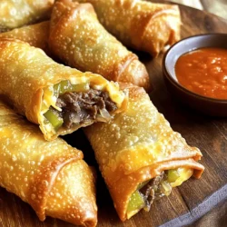 - 1 pound beef steak (ribeye or sirloin), thinly sliced - 1 medium onion, thinly sliced - 1 green bell pepper, thinly sliced - 2 cups shredded provolone cheese - 1 package egg roll wrappers - 2 tablespoons olive oil - Salt and pepper to taste - 1 teaspoon garlic powder - 1 teaspoon Italian seasoning - Oil for frying (vegetable or canola) These ingredients create the perfect blend of flavors. The beef gives a meaty base. The onion and bell pepper add sweetness and crunch. Provolone cheese melts into a creamy, dreamy filling. To make these egg rolls, you need a few key tools: - Large skillet for cooking - Slotted spoon for frying - Deep skillet or frying pan for frying - Clean, dry surface for wrapping - Paper towels for draining excess oil Having the right equipment makes cooking easier. It helps you achieve the best results. Seasoning is key to great flavor. Here are some tips: - Use salt and pepper to enhance the taste. - Garlic powder adds a nice depth. - Italian seasoning brings in herbs like oregano and basil. Feel free to adjust the spices to your liking. Experimenting with flavors can lead to delicious surprises. You can even try adding a pinch of cayenne for some heat. For the full recipe, check out the link above! Start by heating 2 tablespoons of olive oil in a large skillet over medium heat. Once the oil is hot, add the thinly sliced onion and green bell pepper. Cook them for about 5-7 minutes, stirring often. You want the veggies to soften and turn a nice golden color. This step adds great flavor to your filling. Next, add 1 pound of thinly sliced beef steak to the skillet. Season it with salt, pepper, 1 teaspoon of garlic powder, and 1 teaspoon of Italian seasoning. Stir the mixture frequently for about 3-4 minutes. Make sure the beef turns brown and no pink is left. Once done, take the skillet off the heat and fold in 2 cups of shredded provolone cheese. Stir until the cheese melts and mixes well with the beef and veggies. Now it's time to put everything together. Lay an egg roll wrapper on a clean surface, with one corner facing you. Spoon 2-3 tablespoons of the cheesy beef filling into the center. Fold the bottom corner over the filling, then tuck in the two side corners. Roll it tightly from the bottom to the top. Seal the edge with a drop of water. Repeat this until all wrappers are filled. For frying, heat oil in a deep skillet or frying pan to about 2 inches deep. Keep it on medium-high heat. When the oil is hot, carefully add the egg rolls in batches. Don't overcrowd the pan! Fry them for 3-4 minutes on each side. Look for a nice golden brown color. Use a slotted spoon to take them out and place them on paper towels to soak up extra oil. This will keep them crispy. Refer to the Full Recipe for specific measurements and additional tips. To get that perfect crunch, the oil must be hot. Heat the oil to 350°F. If you don’t have a thermometer, drop a small piece of wrapper in. It should sizzle right away. Fry in small batches, so the temperature stays high. This helps the egg rolls crisp up nicely. Once golden brown, place them on paper towels to absorb extra oil. This step keeps them crunchy. Melting cheese is key to a great filling. Use shredded provolone for easy melting. Mix it into the warm beef and vegetables. Turn off the heat first, and stir well. This helps the cheese melt evenly and bind all the flavors together. For extra creaminess, you can also blend in a bit of cream cheese. It makes a rich, gooey filling that you’ll love. Serve these egg rolls hot for the best taste. They pair well with a variety of dips. Try marinara, ranch, or spicy aioli for a flavor boost. You can also add a side salad or some fresh veggies for crunch. These egg rolls make a great snack or a fun meal. Check out the Full Recipe for more details! {{image_4}} You can switch up the meat in these egg rolls. Chicken or pork works great. Use thinly sliced chicken breast or pork tenderloin for tasty options. If you prefer a veggie choice, try mushrooms, zucchini, or tofu. These ingredients can give you a hearty filling with less meat. Just sauté them the same way as beef. Enjoy the same cheesy goodness! While provolone is classic, you can explore other cheeses too. Creamy mozzarella adds a nice stretch. Cheddar gives a sharp taste. Pepper jack adds spice for a kick. Mix and match these cheeses. This way, you can create a unique flavor each time you make these egg rolls. Don’t be shy to experiment! Dipping sauces can take your egg rolls to the next level. Marinara is a classic choice. It complements the cheese and meat well. For something creamy, ranch dressing is a hit. Try spicy aioli for a zesty flavor. You could also mix soy sauce with a touch of honey for a sweet and salty twist. The right sauce makes each bite even more enjoyable. For the full recipe, check out the complete details above! To store leftover egg rolls, let them cool completely. Place them in an airtight container. You can keep them in the fridge for up to three days. If you want to store them longer, consider freezing. For the best taste, reheat your egg rolls in the oven. Preheat your oven to 375°F (190°C). Place the egg rolls on a baking sheet and heat for about 10-12 minutes. This method keeps them crispy. You can also use an air fryer for great results. Set it to 350°F (175°C) and heat for 5-7 minutes. If you want to freeze them, wrap each egg roll tightly in plastic wrap. Then, place them in a freezer bag. They will stay fresh for about two months. When you are ready to eat, there’s no need to thaw. Just fry them straight from the freezer for a quick snack. For the full recipe, check the earlier section! Yes, you can prepare the filling in advance. Cook the beef and veggies, then mix in the cheese. Let it cool, then store it in an airtight container. You can keep it in the fridge for up to two days. When ready, assemble and fry the egg rolls. This helps save time on busy days. I love serving these egg rolls with a variety of sauces. Here are some great choices: - Marinara sauce for a classic touch - Creamy ranch for a cool dip - Zesty spicy aioli for some heat Feel free to get creative! You can try BBQ sauce or even a sweet chili sauce. Leftover egg rolls can last about three to four days in the fridge. Store them in an airtight container. When you're ready to eat, reheat them in the oven for a crispy texture. Avoid microwaving as it can make them soggy. For best results, fry them again for a few minutes. For the full recipe, check out the details above! You learned how to make tasty Cheesy Philly Cheesesteak Egg Rolls. We covered key ingredients, spices, and the best equipment for success. You followed simple steps for preparing the filling, cooking beef, and assembling the rolls. Now, remember the tips for a crunchy bite and melted cheese. You can also explore fun variations with different proteins, cheeses, and dipping sauces. With proper storage and reheating tips, enjoy these rolls anytime. Dive in, have fun, and impress your friends with this delicious snack!