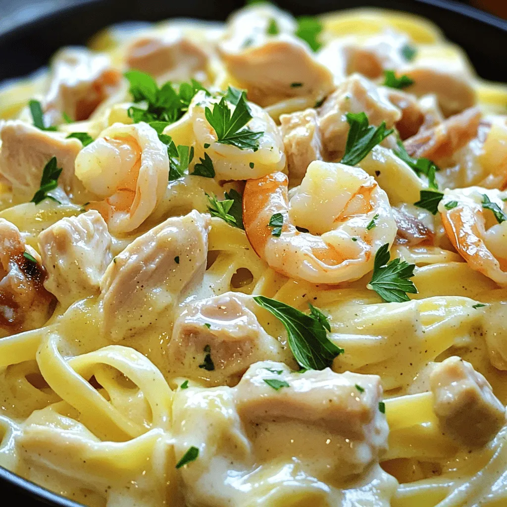 To make Olive Garden Chicken and Shrimp Carbonara, you'll need these ingredients: - 8 oz fettuccine pasta - 1 cup chicken breast, diced into bite-sized pieces - 1 cup shrimp, peeled and deveined - 4 slices of prosciutto, chopped into small pieces - 1 cup heavy cream - 1 cup parmesan cheese, freshly grated - 2 cloves garlic, minced - 2 tablespoons olive oil - 1/2 teaspoon freshly ground black pepper - Salt to taste - Fresh parsley, finely chopped (for garnish) If you need to make some swaps, here are a few ideas: - Pasta: You can use spaghetti or penne if you don’t have fettuccine. - Chicken: Turkey breast works well as a leaner option. - Shrimp: If you don’t like shrimp, you can use scallops or leave it out entirely. - Prosciutto: Bacon or pancetta can add a nice flavor. - Heavy Cream: Substitute with half-and-half for a lighter sauce. - Parmesan Cheese: Pecorino Romano gives a nice twist. - Garlic: Garlic powder can work in a pinch, but fresh is best. To prepare this dish, gather these tools: - Large pot for boiling pasta - Large skillet for cooking proteins and sauce - Whisk for mixing sauce - Measuring cups and spoons - Knife and cutting board for chopping ingredients - Tongs or a large spoon for tossing pasta Gathering these tools will help you cook efficiently and enjoy the process! 1. Cook Pasta: Start by boiling a large pot of salted water. Once boiling, add 8 oz of fettuccine pasta. Cook it according to the package directions. Aim for al dente. When ready, drain the pasta but keep 1/2 cup of the water. 2. Sauté Proteins: In a large skillet, heat 2 tablespoons of olive oil over medium heat. Add 1 cup of diced chicken breast, seasoned with a pinch of salt. Cook for about 5-7 minutes. Stir often until the chicken is golden and fully cooked. Remove it from the skillet and set it aside. 3. Cook Shrimp and Prosciutto: In the same skillet, toss in 4 slices of chopped prosciutto. Cook for 2-3 minutes until crispy. Then, add 1 cup of peeled and deveined shrimp with 2 cloves of minced garlic. Stir until the shrimp turns pink, which takes about 3-4 minutes. Remove this mixture and set aside with the chicken. 4. Prepare Sauce: Lower the heat and pour 1 cup of heavy cream into the skillet. Scrape up any bits stuck to the bottom. Gradually whisk in 1 cup of freshly grated parmesan cheese. Stir until the cheese melts and the sauce thickens a bit. 5. Combine Ingredients: Add the drained fettuccine to the creamy sauce. Return the chicken and shrimp mixture to the skillet. Gently toss everything together. Use the reserved pasta water to adjust the sauce's thickness as needed. 6. Season: Taste your dish. Adjust the seasoning with salt and freshly ground black pepper. Mix well to ensure every bite is deliciously coated. 7. Garnish & Serve: Plate the creamy carbonara nicely. Sprinkle with fresh, finely chopped parsley for color and flavor. Serve it hot for the best experience. - Cooking pasta: 10-12 minutes - Sautéing chicken: 5-7 minutes - Cooking prosciutto: 2-3 minutes - Cooking shrimp: 3-4 minutes - Making sauce: 5 minutes - Combining everything: 2-3 minutes - Use plenty of water for boiling. This helps keep the pasta from sticking. - Always add salt to the water before boiling. This adds flavor to your pasta. - Stir the pasta occasionally while it cooks to prevent it from clumping. - Taste the pasta a minute before the suggested cooking time to check for doneness. - Remember to reserve some pasta water before draining. It helps adjust the sauce later! - Overcooking the pasta: Always cook fettuccine until al dente. It should still have a slight bite. - Not reserving pasta water: This starchy water helps the sauce stick to the pasta. - Crowding the pan: Cook chicken, shrimp, and prosciutto in batches. This keeps them from steaming. - Skipping the seasoning: Taste as you cook. Adjust salt and pepper to enhance flavors. - Use fresh ingredients: Fresh garlic and high-quality parmesan make a big difference. - Add spices: A pinch of red pepper flakes gives a nice kick. - Finish with lemon juice: A squeeze of fresh lemon brightens the dish. - Herbs matter: Fresh parsley not only adds color but also a fresh taste. - Serve the carbonara hot and fresh for the best taste. - Pair it with garlic bread for a cozy meal. - A light salad with a vinaigrette complements the rich carbonara well. - For a fancy touch, add a sprinkle of extra parmesan on top before serving. Creating your Olive Garden Chicken and Shrimp Carbonara is a joy! These tips will help you avoid pitfalls and enhance your dish. Make sure to check out the Full Recipe to get every detail right! {{image_4}} You can easily make a vegetarian version of carbonara. Swap the chicken and shrimp for vegetables. Try mushrooms, zucchini, or bell peppers as tasty options. Use your favorite plant-based protein, like tofu or tempeh, to add some texture. The creamy sauce still shines with just veggies. You can follow the same cooking method from the full recipe; just switch the proteins for your chosen vegetables. If you want to change things up, consider other seafood options. Scallops or crab meat can add a new twist. You might also try a mix of different seafood for a delightful flavor blend. Cook them the same way you do the shrimp. Just make sure they are fresh and cooked properly. The sauce works well with any seafood you choose. The traditional carbonara sauce is creamy and rich, but you can experiment. Try using a pesto sauce for a fresh herb flavor. A light tomato sauce can also give a nice twist. For cheese, swap parmesan for pecorino Romano or even a creamy goat cheese. Each choice changes the taste profile while keeping that delicious carbonara essence. Feel free to mix and match to create your perfect dish! To keep your Chicken and Shrimp Carbonara fresh, store it in an airtight container. Allow the dish to cool to room temperature before sealing it. This step prevents moisture buildup and keeps the texture nice. You can store it in the fridge for up to three days. If you want to keep it longer, consider freezing it. When reheating, use a skillet over low heat. Add a splash of water or cream to keep the sauce creamy. Stir gently to avoid burning. Heat until warm, about 5 to 10 minutes. You can also use a microwave. Place the carbonara in a microwave-safe dish, cover it, and heat for one minute. Stir and heat in 30-second intervals until hot. You can freeze Chicken and Shrimp Carbonara, but keep a few tips in mind. Do use a freezer-safe container and leave space for expansion. Do not freeze with fresh parsley or extra cheese on top; add those later. To thaw, place it in the fridge overnight. Reheat gently to enjoy its full flavor. Yes, you can use frozen shrimp. Just thaw them before cooking. Run cold water over the shrimp until they are soft. This will help them cook evenly. Frozen shrimp can taste great in this dish too. You can serve Chicken and Shrimp Carbonara with: - Garlic bread - A fresh side salad - Steamed vegetables - Roasted asparagus These sides add flavor and balance to your meal. To make carbonara sauce without cream, use eggs and cheese. Combine eggs and freshly grated cheese in a bowl. Whisk together until smooth. Pour this mixture over hot pasta. The heat will cook the eggs and create a creamy sauce. No, the Olive Garden Chicken and Shrimp Carbonara is not gluten-free. The fettuccine pasta contains gluten. However, you can use gluten-free pasta if you want to make it gluten-free. Just follow the cooking instructions on the package. For the full recipe, check out the Complete Recipe section. You now have all the tools to make Olive Garden Chicken and Shrimp Carbonara at home. We covered the complete ingredient list and helpful substitutions. You learned the cooking steps, timing, and tips for perfect pasta. Common mistakes were shared along with expert flavor advice. You even explored tasty variations and proper storage methods. I hope you feel ready to cook a delicious meal. Enjoy impressing friends and family with your new skills!
