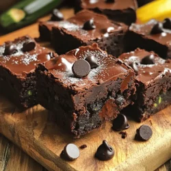 - 1 cup grated zucchini - 1/2 cup coconut oil, melted - 1/2 cup packed brown sugar - 1/4 cup pure maple syrup - 2 large eggs, at room temperature - 1 teaspoon pure vanilla extract - 1/2 cup all-purpose flour - 1/2 cup unsweetened cocoa powder - 1/2 teaspoon baking soda - 1/2 teaspoon baking powder - 1/4 teaspoon fine sea salt - 1/2 cup dark chocolate chips The ingredients in these brownies bring out the rich flavors. Grated zucchini is a secret star. It adds moisture and nutrition without changing the taste. Coconut oil gives the brownies a nice texture. Brown sugar and maple syrup add sweetness and depth. The eggs help bind everything together while keeping the brownies soft. - Calories per serving: Each brownie has about 150 calories. This makes them a treat you can enjoy without too much guilt. - Health benefits of zucchini: Zucchini is low in calories but high in vitamins. It has fiber that helps digestion. Plus, it provides potassium, which is good for your heart. - Dietary considerations: To make these brownies gluten-free, swap the all-purpose flour for a gluten-free blend. For a vegan version, use flax eggs or applesauce instead of eggs. These swaps help everyone enjoy this treat. You can find the [Full Recipe] to make your own batch of these delightful brownies. First, preheat your oven to 350°F (175°C). This step is key to baking your brownies evenly. While the oven heats, grab an 8x8 inch baking dish. You can grease it well with coconut oil or line it with parchment paper. Lining helps with easy removal later. In a large bowl, pour in the melted coconut oil, brown sugar, and maple syrup. Mix these well until they blend smoothly. Next, add two large eggs, one at a time. Then, whisk in the pure vanilla extract. Keep mixing until everything looks uniform. Grab another bowl and sift together the all-purpose flour, cocoa powder, baking soda, baking powder, and sea salt. This step helps to break up lumps and mix the dry ingredients well. Once done, combine the dry mix into the wet mixture. Use a spatula and mix gently. Stop mixing when you see no dry flour. Now, it’s time to fold in the grated zucchini and dark chocolate chips. Gently mix until the zucchini and chips are evenly spread. This adds moisture and rich flavor. Next, transfer the batter into your prepared baking dish. Use the spatula to spread it out evenly. For a special touch, sprinkle some extra dark chocolate chips on top. Now you’re ready to bake! Check the [Full Recipe] for more details. To make sure your brownies stay moist, squeeze excess moisture from the zucchini. After grating, place the zucchini in a clean cloth. Twist and squeeze until you remove the liquid. This step is key for a perfect texture. When mixing your batter, avoid overmixing. Mix just until everything is combined. Overmixing can lead to dense brownies. You want them to be light and fluffy, not tough. To check for doneness, use a toothpick. Stick it in the center of the brownies. If it comes out with a few moist crumbs, they are ready. If it has wet batter, bake for a few more minutes. Oven types can vary. If your oven runs hot or cold, adjust the bake time. Keep an eye on your brownies. They might need more or less time based on your oven. Once your brownies cool, cut them into even squares. For a nice touch, dust them with powdered sugar. This adds a sweet and pretty finish. For extra indulgence, serve them warm with a scoop of ice cream. You can also top them with whipped cream. Both options make these brownies a treat that everyone will love. {{image_4}} You can swap some ingredients to make these brownies healthier. - Using applesauce instead of oil: Replace the coconut oil with 1/2 cup of applesauce. This change will cut fat and add moisture. - Alternative sweeteners: You can use honey, agave syrup, or stevia in place of brown sugar or maple syrup. Each option changes the taste a bit, but they all work well. Feel free to get creative with flavors. - Adding nuts or seeds: Chopped walnuts or pecans add a nice crunch. You can also sprinkle sunflower seeds for a nut-free option. - Incorporating spices: A teaspoon of cinnamon or nutmeg gives a warm flavor. These spices add depth and make the brownies even more delicious. If you need to make these brownies nut-free or vegan, I have you covered. - Suggested ingredient replacements: For a vegan version, replace the eggs with flaxseed meal. Mix 1 tablespoon of flaxseed with 2.5 tablespoons of water and let it sit for 5 minutes. Use a nut-free chocolate chip brand to keep it safe for those with nut allergies. Try these variations to suit your taste or dietary needs. They keep the brownies tasty while adding a personal touch. For the complete recipe, check out the [Full Recipe]. To keep your dark chocolate zucchini brownies fresh, store them in an airtight container. You can keep them at room temperature for up to three days. If you want them to last longer, consider placing them in the fridge. This helps maintain their moisture and flavor. Just know that cold storage can change the texture slightly. If you want to save some brownies for later, freezing is a great option. First, let the brownies cool completely. Next, cut them into squares. Wrap each square tightly in plastic wrap. Then, place the wrapped brownies in a freezer bag. Make sure to remove as much air as possible. You can freeze them for up to three months. When you’re ready to enjoy, simply take them out and let them thaw at room temperature. For the best taste, eat them within two days of thawing. This way, you can enjoy that delicious flavor and texture all over again! For the complete recipe, check out the Full Recipe section. Yes, you can use frozen zucchini. First, thaw the zucchini completely. After thawing, squeeze out the excess moisture using a clean cloth or paper towel. This step is key. Too much water can make your brownies soggy. Once you remove the moisture, your frozen zucchini will work great! To check if the brownies are done, use a toothpick. Insert it into the center of the brownies. If it comes out with a few moist crumbs, they are ready. If it comes out with wet batter, bake them a bit longer. Watch for the edges to pull away from the pan; that’s another sign they’re done. Absolutely! These brownies are a hit with kids. They are rich and chocolatey, hiding the zucchini well. Zucchini adds moisture and nutrients without a strong taste. They are also a healthier option than regular brownies. Kids will enjoy the sweetness without knowing they’re eating veggies! Yes, you can make these brownies gluten-free. Simply replace the all-purpose flour with gluten-free flour. You can try almond flour or a gluten-free baking blend. Both will work well in this recipe. Just ensure your other ingredients are gluten-free, too. These brownies combine tasty ingredients like grated zucchini and dark chocolate chips. I shared step-by-step instructions, tips for moist texture, and storage info. You now have options for healthy swaps and flavor additions. Incorporate these ideas to make your baking fun and easy. Enjoy your delicious, healthier treat!