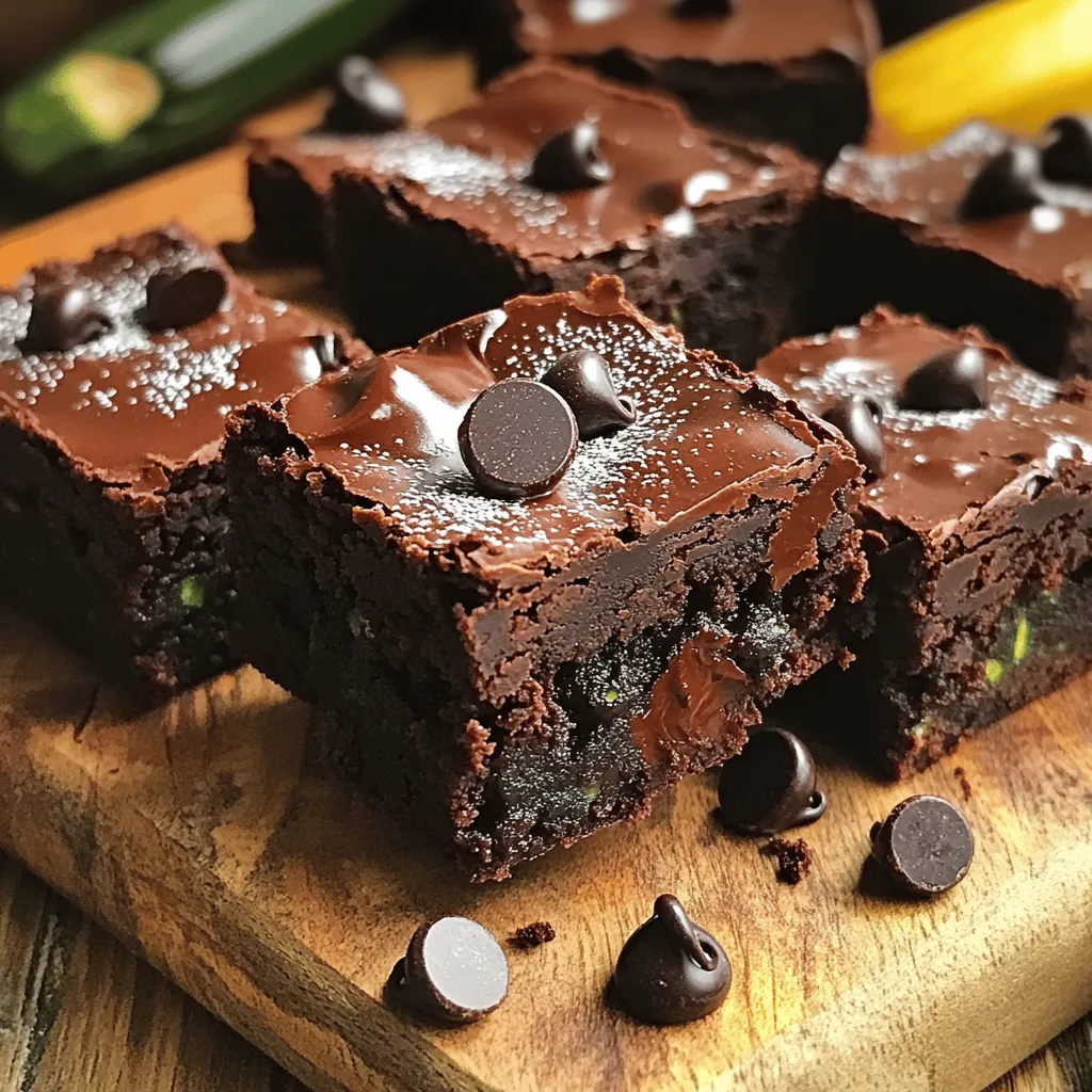 - 1 cup grated zucchini - 1/2 cup coconut oil, melted - 1/2 cup packed brown sugar - 1/4 cup pure maple syrup - 2 large eggs, at room temperature - 1 teaspoon pure vanilla extract - 1/2 cup all-purpose flour - 1/2 cup unsweetened cocoa powder - 1/2 teaspoon baking soda - 1/2 teaspoon baking powder - 1/4 teaspoon fine sea salt - 1/2 cup dark chocolate chips The ingredients in these brownies bring out the rich flavors. Grated zucchini is a secret star. It adds moisture and nutrition without changing the taste. Coconut oil gives the brownies a nice texture. Brown sugar and maple syrup add sweetness and depth. The eggs help bind everything together while keeping the brownies soft. - Calories per serving: Each brownie has about 150 calories. This makes them a treat you can enjoy without too much guilt. - Health benefits of zucchini: Zucchini is low in calories but high in vitamins. It has fiber that helps digestion. Plus, it provides potassium, which is good for your heart. - Dietary considerations: To make these brownies gluten-free, swap the all-purpose flour for a gluten-free blend. For a vegan version, use flax eggs or applesauce instead of eggs. These swaps help everyone enjoy this treat. You can find the [Full Recipe] to make your own batch of these delightful brownies. First, preheat your oven to 350°F (175°C). This step is key to baking your brownies evenly. While the oven heats, grab an 8x8 inch baking dish. You can grease it well with coconut oil or line it with parchment paper. Lining helps with easy removal later. In a large bowl, pour in the melted coconut oil, brown sugar, and maple syrup. Mix these well until they blend smoothly. Next, add two large eggs, one at a time. Then, whisk in the pure vanilla extract. Keep mixing until everything looks uniform. Grab another bowl and sift together the all-purpose flour, cocoa powder, baking soda, baking powder, and sea salt. This step helps to break up lumps and mix the dry ingredients well. Once done, combine the dry mix into the wet mixture. Use a spatula and mix gently. Stop mixing when you see no dry flour. Now, it’s time to fold in the grated zucchini and dark chocolate chips. Gently mix until the zucchini and chips are evenly spread. This adds moisture and rich flavor. Next, transfer the batter into your prepared baking dish. Use the spatula to spread it out evenly. For a special touch, sprinkle some extra dark chocolate chips on top. Now you’re ready to bake! Check the [Full Recipe] for more details. To make sure your brownies stay moist, squeeze excess moisture from the zucchini. After grating, place the zucchini in a clean cloth. Twist and squeeze until you remove the liquid. This step is key for a perfect texture. When mixing your batter, avoid overmixing. Mix just until everything is combined. Overmixing can lead to dense brownies. You want them to be light and fluffy, not tough. To check for doneness, use a toothpick. Stick it in the center of the brownies. If it comes out with a few moist crumbs, they are ready. If it has wet batter, bake for a few more minutes. Oven types can vary. If your oven runs hot or cold, adjust the bake time. Keep an eye on your brownies. They might need more or less time based on your oven. Once your brownies cool, cut them into even squares. For a nice touch, dust them with powdered sugar. This adds a sweet and pretty finish. For extra indulgence, serve them warm with a scoop of ice cream. You can also top them with whipped cream. Both options make these brownies a treat that everyone will love. {{image_4}} You can swap some ingredients to make these brownies healthier. - Using applesauce instead of oil: Replace the coconut oil with 1/2 cup of applesauce. This change will cut fat and add moisture. - Alternative sweeteners: You can use honey, agave syrup, or stevia in place of brown sugar or maple syrup. Each option changes the taste a bit, but they all work well. Feel free to get creative with flavors. - Adding nuts or seeds: Chopped walnuts or pecans add a nice crunch. You can also sprinkle sunflower seeds for a nut-free option. - Incorporating spices: A teaspoon of cinnamon or nutmeg gives a warm flavor. These spices add depth and make the brownies even more delicious. If you need to make these brownies nut-free or vegan, I have you covered. - Suggested ingredient replacements: For a vegan version, replace the eggs with flaxseed meal. Mix 1 tablespoon of flaxseed with 2.5 tablespoons of water and let it sit for 5 minutes. Use a nut-free chocolate chip brand to keep it safe for those with nut allergies. Try these variations to suit your taste or dietary needs. They keep the brownies tasty while adding a personal touch. For the complete recipe, check out the [Full Recipe]. To keep your dark chocolate zucchini brownies fresh, store them in an airtight container. You can keep them at room temperature for up to three days. If you want them to last longer, consider placing them in the fridge. This helps maintain their moisture and flavor. Just know that cold storage can change the texture slightly. If you want to save some brownies for later, freezing is a great option. First, let the brownies cool completely. Next, cut them into squares. Wrap each square tightly in plastic wrap. Then, place the wrapped brownies in a freezer bag. Make sure to remove as much air as possible. You can freeze them for up to three months. When you’re ready to enjoy, simply take them out and let them thaw at room temperature. For the best taste, eat them within two days of thawing. This way, you can enjoy that delicious flavor and texture all over again! For the complete recipe, check out the Full Recipe section. Yes, you can use frozen zucchini. First, thaw the zucchini completely. After thawing, squeeze out the excess moisture using a clean cloth or paper towel. This step is key. Too much water can make your brownies soggy. Once you remove the moisture, your frozen zucchini will work great! To check if the brownies are done, use a toothpick. Insert it into the center of the brownies. If it comes out with a few moist crumbs, they are ready. If it comes out with wet batter, bake them a bit longer. Watch for the edges to pull away from the pan; that’s another sign they’re done. Absolutely! These brownies are a hit with kids. They are rich and chocolatey, hiding the zucchini well. Zucchini adds moisture and nutrients without a strong taste. They are also a healthier option than regular brownies. Kids will enjoy the sweetness without knowing they’re eating veggies! Yes, you can make these brownies gluten-free. Simply replace the all-purpose flour with gluten-free flour. You can try almond flour or a gluten-free baking blend. Both will work well in this recipe. Just ensure your other ingredients are gluten-free, too. These brownies combine tasty ingredients like grated zucchini and dark chocolate chips. I shared step-by-step instructions, tips for moist texture, and storage info. You now have options for healthy swaps and flavor additions. Incorporate these ideas to make your baking fun and easy. Enjoy your delicious, healthier treat!