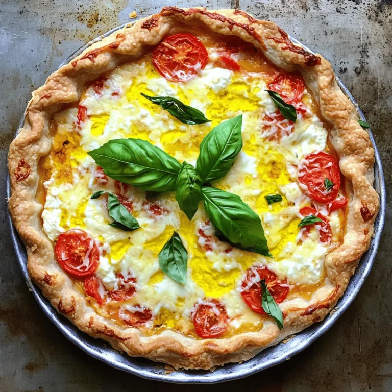 Gather the right ingredients for your Cheesy Tomato Pie. Here’s what you need: - 1 pre-made pie crust (9-inch) - 4 large ripe tomatoes, sliced into thin rounds - 1 cup shredded mozzarella cheese, divided - 1 cup creamy ricotta cheese - 1/2 cup finely grated Parmesan cheese - 1/4 cup fresh basil leaves, chopped - 2 cloves garlic, minced - 1 tablespoon extra virgin olive oil - 1 teaspoon dried oregano - Kosher salt and freshly ground black pepper, to taste - 1 egg, beaten (for egg wash) Each ingredient plays a role in the flavor and texture. The ripe tomatoes bring juiciness, while the cheeses add creaminess and depth. Fresh basil and garlic lift the dish with bright, aromatic notes. The pie crust holds everything together, providing a flaky base. You can get creative with your choices, too. Swap in different cheese or herbs to suit your taste. I love using a mix of mozzarella and ricotta for a creamy filling, but feel free to explore other options. For those who want to try a new twist, I suggest adding a sprinkle of red pepper flakes for some heat. This will make your dish even more fun to eat! To see the full recipe for making this delightful Cheesy Tomato Pie, check out the [Full Recipe]. 1. Preheating the oven: First, set your oven to 400°F (200°C). This step is key to getting the perfect crust. 2. Mixing the cheese filling: In a medium bowl, mix the ricotta, half of the mozzarella, and Parmesan. Add the chopped basil and garlic. Sprinkle in the oregano along with salt and pepper. Stir until smooth and creamy. 3. Arranging the tomatoes: Take the tomatoes and slice them into thin rounds. Layer them in the bottom of your pie crust. Overlap the slices a bit so every bite is tasty. 1. Layering the ingredients: Spread the cheese mixture evenly over the tomatoes. This will keep the tomatoes moist and add a cheesy layer. Top it off by sprinkling the rest of the mozzarella on top. 2. Brushing the crust with egg wash: Drizzle olive oil over the pie. Then, brush the edges of the pie crust with the beaten egg. This gives a golden finish when it bakes. 1. Optimal baking time and temperature: Place your pie in the oven. Bake for 30 to 35 minutes. Look for the cheese to bubble and the crust to turn golden brown. 2. Signs the pie is ready: When the pie is done, the cheese should be melted and bubbly. Let it cool for about 10 minutes before cutting. This helps the layers set for better slices. For the full recipe, check the [Full Recipe]. Enjoy your cooking! Using fresh ingredients is key to a great Cheesy Tomato Pie. Fresh tomatoes burst with flavor and moisture. Choose ripe, juicy tomatoes for the best taste. You can also try different types of cheese. For a twist, use sharp cheddar or creamy goat cheese. Each cheese will add unique flavors to your pie. When you serve your pie, slice it warm. This keeps the cheese melty and gooey. To make it look pretty, garnish with fresh basil leaves. A sprinkle of red pepper flakes adds a pop of color and spice. Place the pie on a colorful plate to catch eyes. If your crust turns soggy, try using a thicker layer of cheese filling. This keeps moisture away from the crust. You can also pre-bake the crust for a few minutes before adding toppings. To ensure even baking, rotate the pie halfway through cooking. This helps it bake evenly and avoids hot spots. {{image_4}} You can switch up the cheese in your pie for new tastes. If you want to replace mozzarella, consider using provolone or gouda. These cheeses melt well and add a rich flavor. For ricotta, cottage cheese works nicely. It has a similar texture and brings a light creaminess. If you crave a stronger cheese flavor, try adding sharp cheddar or crumbled feta. These options can give your pie a bold kick. Mixing cheeses can create layers of flavor that will surprise your taste buds. Pair your cheesy tomato pie with a fresh salad. A simple green salad with olive oil and lemon complements the pie’s richness. You can also serve it with a side of roasted veggies. This adds color and nutrition to your meal. If you have leftovers, transform them into new dishes. Slice the pie and use it as a filling for sandwiches. You can also cut it into smaller pieces and serve it as a snack. The flavors hold up well, making it perfect for lunchboxes or quick bites. For the full recipe, check out the details above. To keep your cheesy tomato pie fresh, store it in the fridge. Place leftover slices in an airtight container. This will help the pie stay moist and tasty. If you plan to eat it within a few days, the fridge is perfect. Just make sure to eat it within three days for the best flavor. When reheating, I suggest using an oven. Preheat your oven to 350°F (175°C). Place the slices on a baking sheet. Heat for about 15 minutes or until the cheese is bubbly. This keeps the crust crispy and the filling warm. You can also use a microwave, but the crust may not stay as crispy. If you want to save some pie for later, freezing is a great option. First, let the pie cool completely. Wrap it tightly in plastic wrap, then in aluminum foil. This keeps out air and prevents freezer burn. You can freeze it for up to three months. To reheat from frozen, take the pie out of the freezer. Remove the wraps, and place it in a baking dish. Preheat your oven to 375°F (190°C). Bake for about 45 minutes, or until it is hot all the way through. If the crust gets too dark, cover it with foil during baking. Enjoy your cheesy tomato pie anytime with these simple storage tips! Cheesy Tomato Pie can last up to five days in the fridge. To keep it fresh longer, store it in an airtight container. This helps prevent the pie from drying out. If you notice the crust getting soggy, try reheating it in the oven. This will restore its crispness. Yes, you can use a homemade pie crust. Making it from scratch lets you control the taste and texture. Homemade crusts often taste fresher and can have a flakier texture. Store-bought crusts save time, but they may not match the flavor of homemade. If you choose to make your own, use cold butter for a better result. Absolutely! Cheesy Tomato Pie is easy to make vegetarian. Simply skip any meat toppings and focus on fresh veggies. You can add more herbs or even spinach for extra flavor. This keeps the dish light and healthy. Enjoy the rich taste without meat! For a twist, try adding sliced bell peppers or zucchini. We covered how to make a delicious Cheesy Tomato Pie. You learned about the key ingredients, like ripe tomatoes and cheese. I shared step-by-step instructions for preparation and baking. The tips and tricks help you perfect your pie and troubleshoot common issues. You can also explore different cheese combinations and serving suggestions. Lastly, I provided advice on storage and reheating. Now, you have the tools to create a tasty dish that will impress anyone. Enjoy making your Cheesy Tomato Pie!